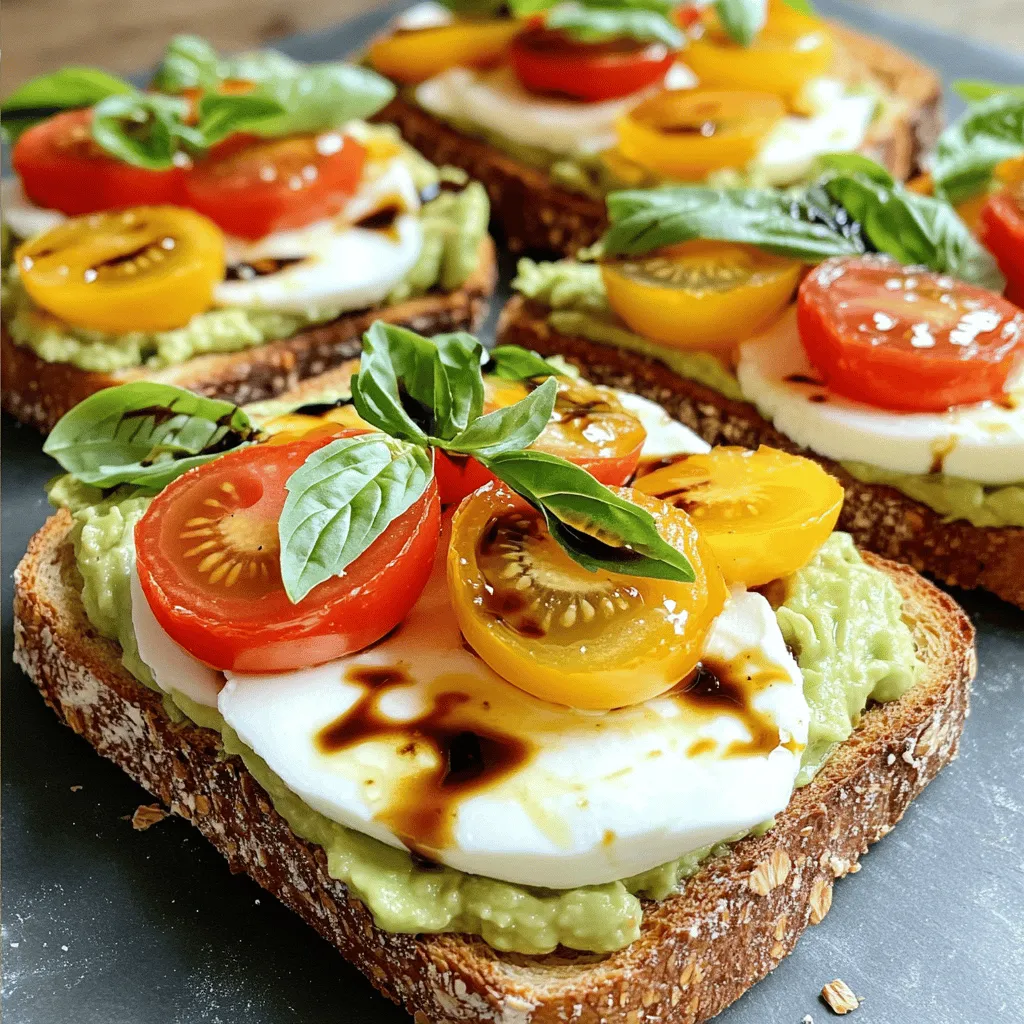 To make Caprese Avocado Toast, gather the following fresh ingredients: - 2 ripe avocados - 1 cup cherry tomatoes, halved - 1 ball fresh mozzarella cheese, sliced - 1 handful fresh basil leaves - 2 tablespoons balsamic glaze - 4 slices of whole-grain or sourdough bread - 2 tablespoons olive oil - Salt and pepper to taste Each ingredient contributes to the dish's bright and fresh flavor. The ripe avocados provide creaminess, while the mozzarella adds a rich texture. Cherry tomatoes give a sweet burst, and basil infuses an herbal note. Balsamic glaze ties everything together with its tangy sweetness. Whole-grain or sourdough bread serves as the perfect base, adding crunch. Remember, quality matters. Choose ripe avocados and fresh basil for the best taste. For the full recipe, you can refer to the instructions laid out earlier. Enjoy experimenting with these vibrant flavors! Toasting the bread is simple. You can use a toaster or a grill. If you use a toaster, set it to medium. Toast until the bread is golden brown. This usually takes about 3 to 5 minutes. If you prefer a grill, heat it on medium-high. Place the bread slices on the grill for about 2 minutes per side. Keep an eye on the bread to prevent burning. You want it crispy but not charred. Next, let's prepare the avocados. Start by cutting each avocado in half. Remove the pit using a spoon carefully. Scoop the green flesh into a bowl. Use a fork to mash the avocado lightly. You can leave some chunks for a nice texture. Season it with salt and pepper. This will enhance the flavor and make it delicious. Now it's time to assemble your toast. Once the bread is toasted, drizzle olive oil on each slice. This adds flavor and richness. Spread the mashed avocado evenly over the toast. Next, layer on the fresh mozzarella slices. Then, add the halved cherry tomatoes on top. Tear the basil leaves and scatter them over the toast. Finally, drizzle balsamic glaze over everything for a sweet touch. Add a pinch of salt and fresh cracked black pepper if you like. Enjoy this fresh and tasty Caprese Avocado Toast with your family and friends. For the full recipe, check out [Full Recipe]. To make the best Caprese avocado toast, focus on the texture. Choose ripe avocados. They should feel soft when you press them gently. A ripe avocado mashes easily and gives a creamy feel. Use a fork to mash. Leave some chunks for a nice bite. For the bread, I recommend whole-grain or sourdough. These options add a hearty base. They hold up well against the toppings, too. Season your avocado with a pinch of salt and pepper. This simple step boosts its taste. You can mix in garlic powder or lemon juice for extra zing. For toppings, consider adding sliced radishes or olives. These add color and flavor. You might also try a sprinkle of red pepper flakes for heat. Don't forget the balsamic glaze! It ties all the flavors together with its sweet and tangy kick. Pair your Caprese avocado toast with drinks like iced tea or sparkling water. A fresh juice works well, too. For sides, think about a simple salad. It adds freshness and crunch. You could also serve it with a bowl of soup for a warm meal. The combination makes for a complete, satisfying dish. {{image_2}} You can use many cheeses in your Caprese avocado toast. Fresh mozzarella is great, but you can try others too. - Feta adds a salty bite and creamy texture. - Goat cheese offers a tangy flavor that contrasts nicely. - Ricotta gives a smoother finish and mild taste. - Vegan cheese is a good choice for plant-based diets. Each cheese option brings a new flavor. Experiment with them to find your favorite. Adding veggies boosts nutrition and flavor. You can mix in or top your toast with different vegetables. - Spinach gives a fresh green taste. - Radishes add crunch and a slight spiciness. - Cucumbers keep it light and refreshing. - Peppers bring sweetness and color. Feel free to combine veggies for a colorful, tasty treat. Each adds its own charm to your dish. You can take your Caprese avocado toast to the next level with sauces. Here are some ideas to consider: - Pesto provides a herby depth. It pairs well with cheese and tomatoes. - Sriracha adds heat for spice lovers. - Hummus gives a creamy base and extra protein. - Tahini offers a nutty flavor that blends well with avocado. These sauces can transform your toast into a gourmet delight. Choose one based on your mood or the meal. For the full recipe, check out the Caprese Avocado Toast 🥑 details above. Enjoy exploring these tasty variations! To keep uneaten toast fresh, store toppings separately. Place the toast in an airtight container. This keeps the bread from getting soggy. For the toppings, use another container. You can store mashed avocado, cheese, and tomatoes in the fridge. Use plastic wrap to cover them tightly. This helps keep them fresh for up to two days. You can make parts of this dish ahead of time. Mash your avocados and season them. Store them in a bowl with plastic wrap pressed against the surface. This helps stop browning. You can also slice the cheese and tomatoes in advance. Keep them in separate containers. Toast the bread just before serving for the best crunch. If you want to freeze avocados, cut them first. You can mash or slice them before freezing. Place them in a freezer bag, and remove as much air as possible. This keeps them good for up to six months. For bread, slice it first. Wrap each slice in plastic wrap, then place them in a bag. You can freeze bread for three months without losing taste. To keep your avocados fresh, use lemon juice. The acid slows browning. You can also keep the pit in the unused half. Store it in an airtight container. Cover the surface with plastic wrap to limit air exposure. These tips help maintain that vibrant green color. Yes, you can make it vegan! Swap fresh mozzarella with vegan cheese. There are many options available that mimic cheese's taste and texture. You can also add nutritional yeast for a cheesy flavor. Use a plant-based balsamic glaze or skip the cheese altogether. The toast will still taste great! Whole-grain or sourdough bread works best for this recipe. Whole-grain adds fiber and nutrients, while sourdough has a delightful tang. Both types toast well and hold up against toppings. You can also try ciabatta or rye for a different flavor. Choose what you enjoy most! This blog post shared a simple and tasty Caprese avocado toast recipe. We covered the key ingredients and how to prepare each one. You learned how to toast the bread and layer the toppings. I also gave tips to enhance the dish and store leftovers. In the end, avocado toast is a versatile meal. You can enjoy it for breakfast, lunch, or snacks. Try different veggies and cheeses to find your favorite mix. Enjoy making this dish your own!