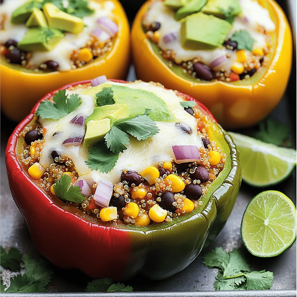 - 4 large bell peppers (any color) - 1 cup quinoa, rinsed - 2 cups vegetable broth - 1 can black beans, rinsed and drained - 1 cup corn (frozen or fresh) - 1 small red onion, diced - 1 red bell pepper, diced - 2 cloves garlic, minced - Spices: 1 teaspoon cumin, 1 teaspoon smoked paprika, ½ teaspoon chili powder - Salt and pepper to taste - 1 cup cherry tomatoes, halved - ½ cup cilantro, chopped - 1 cup shredded cheese (cheddar or a Mexican blend) - 1 avocado, sliced (for serving) - Lime wedges (for serving) These ingredients create a tasty and colorful meal. I love using fresh bell peppers. They add a crunch and bright flavor. Quinoa is my go-to for a healthy base. It is packed with protein and fiber. Next, I add black beans. They boost the protein and make the dish filling. Corn adds sweetness. I often use frozen corn for convenience. Fresh vegetables, like red onion and garlic, give depth. I always dice them small to blend well. Spices like cumin and smoked paprika add warmth. They make each bite exciting. Cherry tomatoes add juiciness, while cilantro gives freshness. I use shredded cheese to top the dish. It melts perfectly over the peppers. For a finishing touch, I serve with avocado slices and lime wedges. They add creaminess and zest. This meal not only looks great but tastes amazing too! You can find the full recipe in the article. - Preheat oven to 375°F (190°C). - Cut tops off bell peppers and remove seeds. - Brush outside of peppers with olive oil. First, preheat your oven to a warm 375°F. This heat helps the peppers cook evenly. Next, grab your bell peppers. Cut off the tops and scoop out the seeds and membranes. This way, you create a cozy space for the filling. I like to brush a little olive oil on the outside. It adds flavor and helps them roast nicely. - Boil vegetable broth in a medium saucepan. - Add rinsed quinoa, reduce heat, cover, and simmer. Now, let’s cook the quinoa. In a medium saucepan, bring vegetable broth to a boil. Once it’s bubbling, add your rinsed quinoa. Lower the heat, cover the pan, and let it simmer. This usually takes about 15 minutes. The quinoa should be fluffy when done, and the broth will mostly absorb. - Sauté diced red onion and garlic in skillet. - Add diced red bell pepper, black beans, corn, spices, and cook. - Stir in cooked quinoa, cherry tomatoes, and half of the cilantro. In a large skillet, heat a splash of olive oil over medium heat. Add the diced red onion and minced garlic. Sauté them for about 2-3 minutes until they smell great. Then, toss in the diced red bell pepper, black beans, corn, and spices. Cook this mixture for another 5-7 minutes. Stir often until the peppers become tender. Finally, stir in the cooked quinoa, halved cherry tomatoes, and half of the chopped cilantro. Mix it all well! - Spoon quinoa mixture into prepared bell peppers. - Top with shredded cheese and bake covered, then uncovered. Now comes the fun part! Spoon the filling into each bell pepper. Pack it down gently to fit. After that, sprinkle shredded cheese on top. Cover the baking dish with foil and bake for 25 minutes. Then, take off the foil and bake for another 10 minutes. This makes the cheese nice and bubbly. Once done, let them cool for a few minutes before serving. You can garnish with the remaining cilantro for a fresh touch. Enjoy your delicious Southwest Quinoa Stuffed Peppers! For the full recipe, check out the details above. Choosing the right bell pepper is key. I recommend using large peppers. They hold more filling. You can use any color you like. Red, yellow, or green all work well. To ensure even cooking, pre-cook your quinoa. This makes it fluffy and ready to mix. It also helps blend the flavors better. To sauté vegetables for optimal flavor, use medium heat. Add a splash of olive oil to your skillet. Start with onion and garlic. They create a great base for your dish. Cook until they smell good, about 2-3 minutes. To maintain quinoa texture, rinse it well before cooking. This removes bitterness and helps it cook evenly. Follow the instructions for simmering. Don’t stir it too much while cooking. You can add extra spices to boost flavor. Try adding chili powder or cayenne for heat. Toppings like avocado and lime add freshness too. If you have dietary restrictions, consider substitutions. You can use brown rice instead of quinoa. For a protein boost, chickpeas work great. {{image_2}} You can change the grains for different textures and flavors. Try using brown rice or farro instead of quinoa for a nice twist. Both grains bring their own taste and nutrients. If you want to switch up the protein, consider using chicken or turkey. They add a hearty flavor that pairs well with the peppers. You could also use tofu for a vegetarian option. Tofu absorbs spices nicely and provides a good protein source. Want more heat? Adding jalapeños is a simple way to kick up the spice. You can chop them finely and mix them in the filling. You can also use hot sauce or spicy seasoning blends. Just a little can make your dish fiery and exciting. This way, you can tailor the heat to your taste. If you are vegetarian or vegan, you can easily adjust this recipe. Make sure to use dairy-free cheese or simply leave it out. The peppers will still taste great without cheese. Another option is to use nutritional yeast. It gives a cheesy flavor without any dairy. Just sprinkle some into the filling for a tasty twist. For the full recipe, check out the details above! After you enjoy your Southwest quinoa stuffed peppers, store leftovers properly. Use airtight containers for the best results. Glass containers work well, but plastic ones are fine too. Make sure to let the peppers cool first. This helps avoid moisture build-up. You can keep them in the fridge for up to four days. Enjoy them cold or reheat them for a warm meal. If you want to enjoy stuffed peppers later, freezing is a great option. Start by letting the cooked peppers cool completely. Wrap each one tightly in plastic wrap. Then, place them in a freezer bag or container. This will help keep out air. They can last in the freezer for up to three months. When you are ready to eat, take them out and thaw in the fridge overnight. Reheat in the oven for the best results. Got leftover quinoa filling? Don't let it go to waste! You can use it in many ways. Mix it into salads for added protein. It also works great as a topping on tacos or nachos. You could even add it to a wrap with veggies. For a quick meal, cook it with eggs for a tasty scramble. The options are endless! Check out the full recipe for more ideas. Bake stuffed peppers at 375°F (190°C). Cover them with foil and bake for 25 minutes. After that, remove the foil and bake for another 10 minutes. This ensures the peppers are soft and the cheese is melted and golden. Yes, you can prepare stuffed peppers ahead of time. Make the filling and stuff the peppers, then store them in the fridge. To reheat, bake them at 375°F (190°C) for about 30 minutes. Check that they are heated through before serving. You can swap black beans for other proteins. Consider using cooked chicken, ground turkey, or even tofu for a plant-based option. Each choice adds its own flavor and texture, making the dish more unique. To make this recipe gluten-free, ensure the vegetable broth is gluten-free. Quinoa is naturally gluten-free, so it's a great base. Avoid using any sauces or toppings with gluten. You can still enjoy all the flavors without any worries! For the full recipe, check out the Southwest Quinoa Stuffed Peppers recipe above. You now know how to make delicious stuffed peppers. Start with fresh ingredients like quinoa, beans, and spices. The step-by-step guide helps you prepare, fill, and bake your peppers perfectly. Explore tips for flavor and variations to match your taste. Whether you’re storing leftovers or making ahead, this meal is versatile and fun. Enjoy your cooking adventure and share these tasty stuffed peppers with friends and family. They’re sure to love it!
