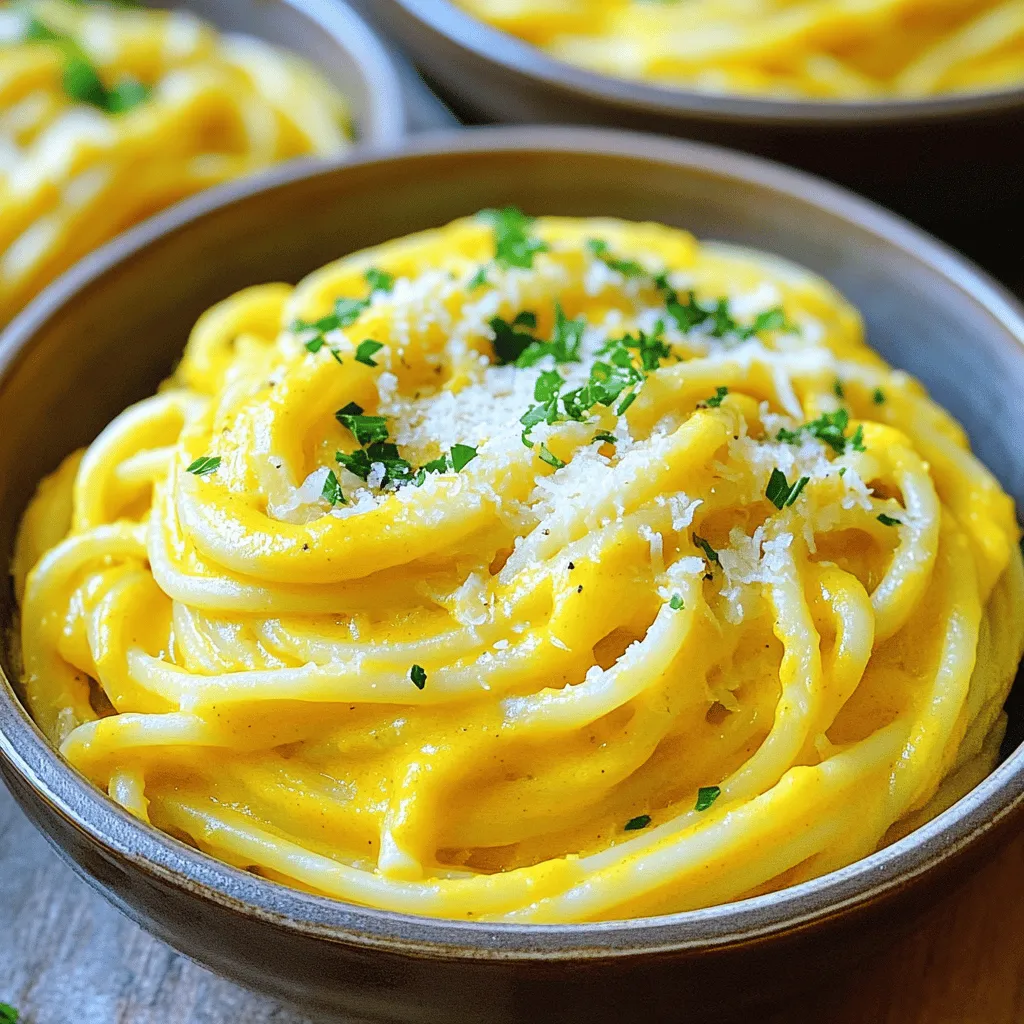 - 12 oz. spaghetti or fettuccine - 1 cup pumpkin puree (canned or homemade) - 1 cup heavy cream For this dish, I love using spaghetti or fettuccine. Both types hold the sauce well. The star of this recipe is the pumpkin puree. It adds creamy texture and a rich flavor. You can use canned pumpkin or make your own. Heavy cream is key for that luscious sauce. It makes everything smooth and rich. - 2 cloves garlic, minced - 1 small onion, finely chopped - 2 tbsp olive oil - 1 tsp dried sage - 1/2 tsp nutmeg - 1/2 cup grated Parmesan cheese Aromatics are essential. I use garlic and onion for a strong base. The garlic gives a nice kick, while the onion adds sweetness. Olive oil helps to sauté these well. Sage brings a warm, earthy taste. Nutmeg adds depth to the pumpkin flavor. Finally, Parmesan cheese makes the sauce even creamier and adds a salty note. - Fresh parsley, chopped (for garnish) - Optional extra Parmesan Garnishing makes a dish shine. I sprinkle fresh parsley on top for color and freshness. If you love cheese, add extra Parmesan for a richer flavor. These small touches elevate your creamy pumpkin pasta and make it look beautiful. For the full recipe, you can check out the details and get cooking! - Boiling Instructions: In a large pot, fill it with salted water. Bring it to a boil. Add 12 oz. of spaghetti or fettuccine. Cook until al dente, about 8-10 minutes. This keeps the pasta firm but not hard. - Draining and Reserving Pasta Water: Once cooked, drain the pasta. Make sure to save 1 cup of the pasta water. This water has starch that helps the sauce stick. - Heat Olive Oil: Take a large skillet and put it on medium heat. Add 2 tablespoons of olive oil to the skillet. Let it warm for a minute. - Sautéing Onion and Garlic: Add 1 small finely chopped onion to the hot oil. Cook for about 3-4 minutes until it turns soft and clear. Next, add 2 cloves of minced garlic and cook for 1 more minute. The garlic should smell great, but don’t let it burn. - Combining Ingredients for Sauce: Stir in 1 cup of pumpkin puree and 1 cup of heavy cream. Then, add 1 teaspoon of dried sage and 1/2 teaspoon of nutmeg. Whisk until it is all smooth and blended. - Simmering Instructions: Let the sauce cook on low heat for about 5 minutes. Stir it often to keep it from sticking. This step helps the flavors mix well. - Combining Pasta and Sauce: Add the drained pasta to the skillet with the pumpkin sauce. Toss gently to coat the pasta. If you need more creaminess, add the reserved pasta water a little at a time. - Adding Cheese and Seasoning: Mix in 1/2 cup of grated Parmesan cheese. Stir until it’s melted and creamy. Taste and add salt and pepper as needed. This method creates a rich, comforting dish that feels like a warm hug on a plate. For more detailed steps, check out the Full Recipe. To make your creamy pumpkin pasta shine, use reserved pasta water. When you drain the pasta, save some water before you toss it. This water has starch that helps thicken the sauce. It adds a silky texture that makes each bite smooth. Add this water a little at a time until you reach the creaminess you want. Adjusting the consistency is key. If the sauce is too thick, add more reserved water. If it's too thin, let it simmer longer. This method gives you control over the sauce. You can create your perfect creamy dish. To boost flavor, consider adding spices. Nutmeg and sage are great choices. They pair well with the pumpkin. You can also try a pinch of cinnamon for warmth. If you like a kick, add a bit of red pepper flakes. These spices will elevate your dish. If you want a lighter option, swap heavy cream for half-and-half or coconut milk. These alternatives keep the creaminess while adding unique flavors. You can enjoy a creamy texture without the heaviness of cream. For serving, choose deep bowls. They hold the pasta well and look nice. Drizzle a bit of olive oil on top for shine. This small touch makes the dish pop. Garnish with fresh parsley for color. You can also add a sprig of sage or some pumpkin seeds. These simple touches enhance the dish's look and make it more inviting. Serve it hot, and enjoy the warmth of fall in every bite! {{image_2}} To make this dish vegan, swap out the heavy cream and cheese. For cream, use coconut cream or cashew cream. Both options give a rich and creamy texture. For cheese, nutritional yeast adds a cheesy flavor without dairy. You can also enhance the taste with extra herbs. Try thyme or rosemary for added depth. A splash of lemon juice brightens the dish, balancing the pumpkin's sweetness. If you need a gluten-free meal, choose gluten-free pasta. Options like brown rice pasta or chickpea pasta work well. They cook similarly to regular pasta. Just check the package for cooking times. To adjust cooking techniques, always rinse gluten-free pasta after cooking. This helps prevent sticking. Also, add a bit more pasta water when mixing. It helps the sauce cling better to the pasta. Want some heat? Add red pepper flakes to the pumpkin sauce. Start with a pinch and taste. You can always add more if you like it spicier. If you want different heat options, try jalapeños or crushed black pepper. Both add great flavor and spice. Just remember, heat can build, so add slowly! How long does creamy pumpkin pasta last in the fridge? It lasts about 3 to 5 days. Store it in an airtight container to keep it fresh. The best storage containers are glass or BPA-free plastic. These help prevent moisture loss and keep flavors intact. Can I freeze leftover creamy pumpkin pasta? Yes, you can freeze it! Make sure to cool it completely first. Use freezer-safe containers or bags. This helps avoid freezer burn. For best results, eat it within 2 to 3 months. How do I thaw and reheat frozen pasta? The best way is to leave it in the fridge overnight. If you're in a hurry, you can use the microwave. Just make sure to cover it to keep moisture in. Should I use the stovetop or microwave to reheat? Using the stovetop is best. It warms evenly and keeps the creaminess. Just add a splash of water or cream while reheating. What are some tips for maintaining creaminess? Stir gently and add a little more cream or pasta water. This helps achieve that smooth texture. Enjoy your creamy pumpkin pasta warm and delicious! Yes, you can use fresh pumpkin. Fresh pumpkin gives a great taste. To use fresh pumpkin, start by cutting it. Remove the seeds and skin. Chop the pumpkin into small cubes. Boil the pumpkin until it's soft. Then, blend it until smooth. This makes a lovely puree for your sauce. You can pair this dish with many sides. Here are a few ideas: - Garlic bread for a crunchy bite. - A fresh green salad for a crisp taste. - Roasted vegetables add nice flavors and colors. - Grilled chicken or shrimp for added protein. Yes! Creamy Pumpkin Pasta is great for kids. Most kids love pasta and creamy sauces. If your child is picky, you can adjust some flavors. Try using less nutmeg or sage. You can also add more cheese for a cheesy taste. This makes it more appealing to young eaters. Creamy pumpkin pasta blends rich flavors and simple steps for a great meal. You start by cooking your pasta, mixing in pumpkin puree, and creating a smooth sauce. Aromatics like garlic and onion add depth, while garnishes like parsley enhance the dish. Remember, you can easily switch ingredients to fit your diet. This tasty dish is perfect for family dinners or a cozy night in. Enjoy making it your own!