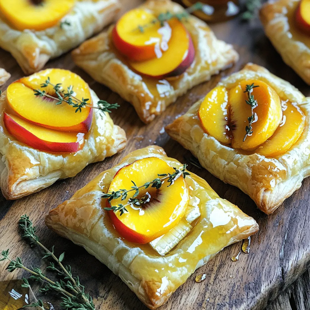 To make Peach Brie Puff Pastry Bites, you'll need just a few main ingredients: - 1 sheet of puff pastry, thawed - 8 ounces brie cheese, cut into small cubes - 2 ripe peaches, thinly sliced - 2 tablespoons honey - 1 tablespoon fresh thyme leaves (or 1 teaspoon dried thyme) - 1 egg, beaten (for egg wash) - Salt and pepper to taste These ingredients create a perfect blend of sweet and savory. The puff pastry provides a flaky base, while the brie melts to perfection. The peaches add a juicy freshness that shines through. Consider adding some optional seasonings and garnishes to elevate your bites: - Crushed red pepper flakes for a spicy kick - Balsamic glaze for a touch of sweetness and acidity - Chopped nuts like walnuts or pecans for crunch These extras can make your dish even more exciting. Feel free to mix and match based on your taste preferences. To prepare these delicious bites, gather the following tools: - Baking sheet - Parchment paper - Rolling pin - Sharp knife for cutting - Mixing bowl for the egg wash Having the right tools makes cooking easier and more fun. With these items, you’ll be ready to create your Peach Brie Puff Pastry Bites. For the full recipe, check the details above! First, set your oven to 400°F (200°C). This temperature helps the pastry puff up nicely. Next, grab a baking sheet and line it with parchment paper. This paper keeps the bites from sticking. Take your thawed puff pastry. Place it on a lightly floured surface. Roll it out gently to remove any creases. Now, cut the pastry into 2x2 inch squares. You should get about 12 squares from one sheet. For each square, place a small cube of brie cheese right in the center. Then, add a few thin slices of peach on top of the brie. Follow this by drizzling honey over the peach slices. Sprinkle fresh thyme, salt, and pepper to taste. Fold the corners of each pastry square towards the center. Pinch the edges to seal them tight. Brush the tops with the beaten egg for that golden finish. Arrange the bites on your lined baking sheet, spacing them about two inches apart. Bake for 15-20 minutes. The bites should be golden brown and puffed. Once done, let them cool slightly before serving. You can find the full recipe above for more details on each step! To get flaky puff pastry, keep it cold. Cold butter makes layers. When rolling, don’t press too hard. You want to keep those layers. If the dough warms up, pop it back in the fridge for a bit. This helps achieve that nice puff when baking. Always use a light touch when cutting and shaping. Less pressure means more fluff. Brie cheese melts well when cut into small cubes. These cubes fit nicely inside the pastry. Make sure to leave space around the edges when filling. This helps seal the bites and keeps the cheese from leaking out. If you want a creamier texture, let the brie sit at room temperature for a few minutes before using. This way, it melts beautifully. You can boost the flavor with extra ingredients. A pinch of sea salt can bring out the sweetness of the peaches. Fresh herbs like basil or mint can add a twist. You could also try a sprinkle of crushed red pepper for heat. Honey is great, but a drizzle of balsamic glaze adds depth too. Feel free to get creative; your taste buds will thank you! For the full recipe, check out the details above. {{image_2}} You can swap peaches for other fruits. Try plums, apples, or pears. Each fruit brings a new taste. For example, apples add a crisp bite. Plums offer a juicy sweetness. Slice your chosen fruit thinly, just like the peaches. This keeps the pastry light and flaky. Brie is creamy and rich, but you have options. Cream cheese adds a tangy twist. Goat cheese gives a sharp flavor. Even cheddar can work for a bolder taste. Choose a cheese that matches your fruit. This keeps your bites balanced and tasty. You can create sweet or savory bites. For sweet, add cinnamon or nutmeg with honey. This makes a dessert-style treat. For savory, try adding bacon bits or caramelized onions. These add depth and richness. Play with flavors to find your favorite mix. To keep your Peach Brie Puff Pastry Bites fresh, place them in an airtight container. This helps prevent them from getting soggy. You can store them in the fridge for up to three days. If you need to keep them longer, freezing is a great option. When you are ready to enjoy your leftovers, preheat your oven to 350°F (175°C). Place the puff pastry bites on a baking sheet. Heat them for about 10-15 minutes. This method ensures they stay crispy and warm. Avoid using the microwave, as it can make the pastry chewy. You can also freeze the unbaked Peach Brie Puff Pastry Bites. Arrange them on a baking sheet, and freeze until solid. Then, move them to a freezer bag. They can last up to two months. When you want to bake them, just add a few extra minutes to the baking time. This method is perfect for quick snacks or parties. Yes, you can use frozen peaches. Just thaw and slice them. Frozen peaches may be softer. They can still taste great in the bites. Drain any extra juice to avoid sogginess. You can prepare the bites and freeze them before baking. Assemble the bites on a baking sheet. Cover them with plastic wrap and freeze for up to two weeks. When ready, bake them straight from the freezer. Just add a few extra minutes to the baking time. These bites pair well with many items. Consider a fresh salad or a charcuterie board. You can also serve them with a light dip or a fruit platter. A glass of white wine complements the flavors too. You can find the full recipe in the main article. It has all the steps and tips you need to make these tasty bites. In this post, we explored how to make delicious Peach Brie Puff Pastry Bites. We covered key ingredients, tools needed, and easy step-by-step instructions. You learned tips for getting that perfect flaky crust and ideas for fun variations. Plus, we discussed how to store leftovers and answered common questions. These bites are a tasty treat perfect for any gathering. Now it’s your turn to try this recipe and impress your friends and family!