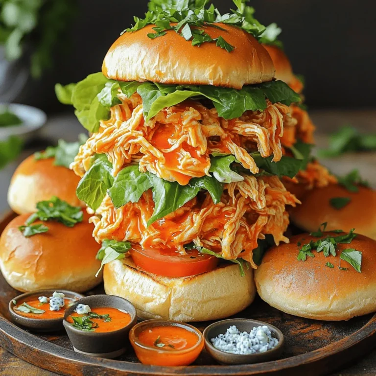 To make tasty buffalo chicken sliders, you need these main items: - 1 lb (450g) cooked chicken breast, shredded - ½ cup buffalo sauce (adjust to taste) - 1 tablespoon olive oil - 8 dinner rolls or slider buns - 1 cup shredded lettuce - ½ cup diced tomatoes - ½ cup blue cheese crumbles - ¼ cup sour cream - 1 tablespoon lemon juice - Salt and pepper to taste You can add some fun twists to your sliders with these extras: - Sliced jalapeños for heat - Sliced pickles for crunch - Avocado for creaminess - Ranch dressing as an alternative to blue cheese To prepare your sliders easily, gather these tools: - Mixing bowls for combining ingredients - Skillet for heating the chicken - Knife and cutting board for slicing rolls and veggies - Measuring cups and spoons for accurate amounts - Spatula for mixing and serving - Platter for serving the sliders With these ingredients and tools, you are ready to create a delicious meal. The full recipe will guide you through each step to get the best results. First, gather your ingredients. You need shredded chicken, buffalo sauce, and olive oil. Start by mixing the chicken and buffalo sauce in a bowl. Make sure the chicken is well coated. You can adjust the sauce for more heat if you like it spicy. Next, heat the olive oil in a skillet over medium heat. Add the chicken mix and cook it for 3-5 minutes. Stir it often until it's hot throughout. Once done, take it off the heat. Now, let’s make the blue cheese drizzle. In a clean bowl, combine blue cheese crumbles, sour cream, and lemon juice. Add some salt and pepper too. Mix until it’s smooth and creamy. Slice the dinner rolls in half. You will use the bottom halves first. Toast these halves in the hot skillet for about 1-2 minutes. You want them lightly golden. Once toasted, place the buffalo chicken on each bottom half. Spread it evenly. Next, add a layer of shredded lettuce and diced tomatoes. Drizzle the blue cheese mix on top. Finally, place the top halves back on the sliders. Press down gently, so they hold together well. When toasting, keep an eye on the rolls. They can burn quickly. Use a spatula to flip them if needed. For serving, arrange the sliders on a nice platter. I like to line the platter with parchment paper for a clean look. Offer extra buffalo sauce and blue cheese drizzle in small bowls. This way, guests can dip their sliders as they wish. Garnish with fresh parsley for a pop of color. You can find the full recipe above for more details. To make your buffalo chicken sliders shine, use high-quality chicken. Shredded rotisserie chicken works well. It saves time and adds great flavor. Adjust the buffalo sauce based on your spice level. A little goes a long way. Mix in some ranch dressing for a creamy twist. It balances the heat. Don’t skip toasting the buns. Toasting adds crunch and keeps the sliders from getting soggy. Avoid using too much sauce. It can overwhelm the chicken and make the sliders messy. Make sure to season your blue cheese drizzle well. A pinch of salt can enhance the flavor. Prep your ingredients ahead of time. Shred the chicken and chop the veggies the night before. This cuts down your cooking time. Use a skillet for quick heating. It cooks the chicken evenly and saves on clean-up. If you're in a rush, buy pre-shredded chicken. It’s a great shortcut! For the full recipe, check the link provided. {{image_2}} You can change up the flavor of your sliders by using different sauces. If you want a milder taste, try ranch dressing instead of buffalo sauce. You can also switch it up with barbecue sauce for a sweet and smoky kick. For cheese, blue cheese is a classic, but you can also use cheddar or pepper jack for a spicy twist. Each sauce and cheese choice gives your sliders a new personality. You don’t need to miss out on the fun if you want a vegetarian or vegan option. Instead of chicken, use shredded jackfruit or tofu. Both soak up flavors well and give a great texture. For the sauce, swap buffalo sauce with a vegan version. Just make sure the blue cheese is dairy-free or simply skip it. You’ll still get all the flavor without the meat! Want to spice things up? Add sliced jalapeños for heat. You can also mix in some diced green onions or a sprinkle of cayenne pepper. For a tangy taste, try a splash of vinegar in the chicken mix. Want a crunchy texture? Add some crispy fried onions on top before serving. These small changes can make a big impact and keep your sliders exciting! For the complete recipe, check out the [Full Recipe]. After enjoying your buffalo chicken sliders, store any leftovers in an airtight container. Keep them in the fridge. They will stay fresh for up to three days. Make sure to separate the chicken from the buns if possible. This helps keep the rolls from getting soggy. To reheat your sliders, use an oven or a toaster oven. Preheat it to 350°F (175°C). Place the sliders on a baking sheet and cover them with foil. Heat for about 10-15 minutes. This method keeps them warm and crispy. You can also microwave them for about 30-45 seconds, but they may get soft. If you want to save sliders for later, freezing works well. Wrap each slider in plastic wrap. Then, place them in a freezer bag. They can stay in the freezer for up to three months. When you’re ready to eat, thaw them in the fridge overnight. Reheat them as mentioned above. This way, you can enjoy buffalo chicken sliders anytime! For full details, check the Full Recipe. I love to pair buffalo chicken sliders with crispy fries or sweet potato fries. They add crunch and balance the heat from the sliders. You can also serve fresh veggie sticks with ranch or blue cheese dip. Coleslaw brings a nice coolness, too. These sides make the meal fun and filling. Yes, you can use store-bought buffalo chicken for a quick meal. Just heat it up and follow the same steps for assembly. This saves time and still tastes great. Look for options that have good flavor and quality. It’s a great way for busy cooks to enjoy these sliders. To make buffalo chicken sliders healthier, use grilled chicken instead of fried. You can also swap regular rolls for whole wheat or lettuce wraps. Use Greek yogurt instead of sour cream for a lighter blue cheese drizzle. Adding more veggies, like spinach or sliced cucumbers, boosts the nutrition without losing flavor. To sum it up, we’ve covered all you need for buffalo chicken sliders. We discussed key ingredients and tools, followed by step-by-step cooking instructions. You learned tips and tricks for success and tasty variations to try. Don't forget how to store leftovers for later enjoyment. With the answers to common questions, you now have all you need. I hope you feel ready to whip up these sliders. They can be a big hit at your next gathering! Enjoy your cooking adventure!