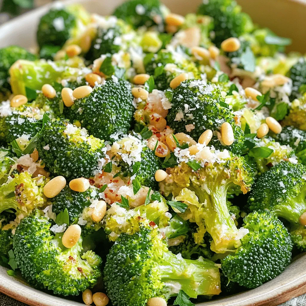 - 2 heads of broccoli, cut into florets - 5 cloves of garlic, peeled and left whole - 1/4 cup olive oil To create this dish, start with fresh broccoli florets. They give a bright, green look and a crisp bite. Whole garlic cloves add a sweet and rich flavor during roasting. Olive oil is key; it helps to roast the veggies and adds a nice finish. - 1 tablespoon fresh lemon juice - 1/4 cup grated Parmesan cheese - 1/4 teaspoon red pepper flakes (optional) Fresh lemon juice brightens the flavor and balances the richness. Grated Parmesan cheese adds a salty, creamy touch. If you like heat, add red pepper flakes for a spicy kick. - 1/4 cup toasted pine nuts - Fresh parsley, chopped for garnish - Salt and pepper to taste Toasted pine nuts add crunch and richness. Fresh parsley brings color and a fresh taste. Always season with salt and pepper to make flavors pop. This combination of ingredients makes a flavorful and healthy dish. You can find the Full Recipe to guide you through each step of this delightful salad. First, you need to preheat your oven to 400°F (200°C). This heat will help roast the broccoli and garlic perfectly. While the oven heats, prepare your vegetables. Cut two heads of broccoli into small florets. Take five cloves of garlic and leave them whole. No need to chop them; we want the sweet flavor to shine through. Next, place the broccoli florets and whole garlic cloves on a baking sheet. Drizzle 1/4 cup of olive oil over them. Sprinkle salt and pepper to taste. Toss everything together so each piece gets coated. Now, roast them in the oven for about 20-25 minutes. Keep an eye on them. You want the broccoli to be tender but a little crispy, and the garlic should turn golden and caramelized. After roasting, let the broccoli and garlic cool for a few minutes. In a large bowl, combine the roasted broccoli and garlic. Squeeze the roasted garlic out of its skin into the bowl. This adds a rich, creamy texture. Then, mix in 1 tablespoon of fresh lemon juice, 1/4 cup of grated Parmesan cheese, and 1/4 cup of toasted pine nuts. If you like a little heat, add 1/4 teaspoon of red pepper flakes. Toss gently until everything is mixed well. Taste your salad and adjust the seasoning with more salt and pepper if needed. Don't forget to garnish with fresh parsley before serving. Enjoy this flavorful and healthy dish! For the complete recipe, check the Full Recipe section. To make your broccoli perfect, timing is key. Roast your broccoli and garlic for 20 to 25 minutes at 400°F (200°C). Keep an eye on it. You want the broccoli to be tender and slightly crispy. The garlic should be golden and soft. When they reach this point, they are ready to come out. You can really boost the flavor of your salad. Try adding fresh herbs like thyme or rosemary for an earthy taste. You can also sprinkle spices like cumin or smoked paprika for a kick. If you want to switch things up, try a different dressing. A lemon vinaigrette or tahini dressing works well too. For a beautiful presentation, serve your salad in a large, shallow bowl. This lets the colors shine. Drizzle a bit of extra olive oil on top. You can also add more Parmesan for a gourmet touch. Pair this salad with grilled chicken, fish, or even chickpeas for a complete meal. It’s a great side dish for any protein. Check the Full Recipe for more details. {{image_2}} You can change up your roasted garlic broccoli salad based on the season. Adding seasonal vegetables keeps the dish fresh and tasty. For spring, try adding asparagus or peas. In summer, toss in sweet corn or cherry tomatoes. Autumn brings great squash options, while winter can include Brussels sprouts. You can also substitute nuts or cheese to change the flavor. Instead of pine nuts, try walnuts or almonds. If you want a different cheese, feta or goat cheese works great too. These small changes make the salad unique and exciting. If you follow a vegan diet, you can easily make this salad plant-based. Use nutritional yeast instead of Parmesan cheese for a cheesy flavor. You can also skip the cheese completely for a lighter version. To add creaminess, mash some avocado into the mix. For gluten-free options, ensure that your cheese and any added ingredients are gluten-free. Most of the main ingredients are naturally gluten-free. This way, everyone can enjoy the salad without worries. Spice it up with a spicy version of the salad. Add more red pepper flakes for heat. You can also mix in jalapeños for an extra kick. If you want an Asian-inspired variation, use sesame oil instead of olive oil. Add soy sauce, and sprinkle sesame seeds on top. You can even toss in some thinly sliced green onions for more flavor. These fun twists can take your roasted garlic broccoli salad to new heights! For the full recipe, check out the details provided above. Store leftover roasted garlic broccoli salad in an airtight container. This keeps it fresh and tasty. You can use glass or plastic containers. Just make sure they seal well. Always let the salad cool down before you store it. This prevents extra moisture from forming inside the container. To reheat, use the oven or a skillet. The oven keeps the broccoli crispy. Heat it at 350°F (175°C) for about 10 minutes. If using a skillet, heat it on medium-low. Stir frequently to warm it without burning. Avoid microwaving, as it can make the broccoli soggy. This salad lasts about 3-4 days in the fridge. Look for signs of spoilage like a bad smell or slimy texture. If you see any mold, throw it out. Always trust your senses. If it doesn’t look or smell good, it’s best to dispose of it. To make this salad, start by preheating your oven to 400°F (200°C). Then, cut 2 heads of broccoli into florets and peel 5 cloves of garlic. Spread the florets and garlic on a baking sheet. Drizzle them with 1/4 cup of olive oil and sprinkle with salt and pepper. Toss everything to coat well. Roast for 20-25 minutes until the broccoli is tender and the garlic is golden. After roasting, let it cool for a few minutes. In a large bowl, combine the broccoli and garlic. Squeeze the roasted garlic into the bowl. Next, add 1 tablespoon of fresh lemon juice, 1/4 cup of grated Parmesan cheese, 1/4 cup of toasted pine nuts, and red pepper flakes if you like some heat. Toss gently to mix everything. Taste and adjust seasoning as needed. Garnish with fresh parsley before serving. For the complete process, check the Full Recipe. Yes, you can use frozen broccoli. Frozen broccoli is a great option when fresh isn't available. Just make sure to thaw it first. After thawing, pat it dry with a paper towel. This helps avoid excess moisture when roasting. You can follow the same process as with fresh broccoli. Just keep an eye on the roasting time. Frozen broccoli may cook a bit faster, so check it sooner than the recipe suggests. If you want to switch up the cheese, there are many options. Feta cheese can add a tangy flavor. Cheddar offers a richer taste. For a creamy touch, try goat cheese. You can even use a dairy-free cheese if you prefer. Just keep the amount similar to the Parmesan in the recipe. This way, the salad will still have a nice cheesy flavor. Roasting broccoli with garlic creates a tasty dish that you can enjoy easily. We covered the main ingredients, roasting steps, and tips for the best flavor. I shared variations for different diets and how to store leftovers too. Cooking can be fun and flexible. Experiment with your own flavors and enjoy! You have all the tools to make this dish your own. Happy cooking!