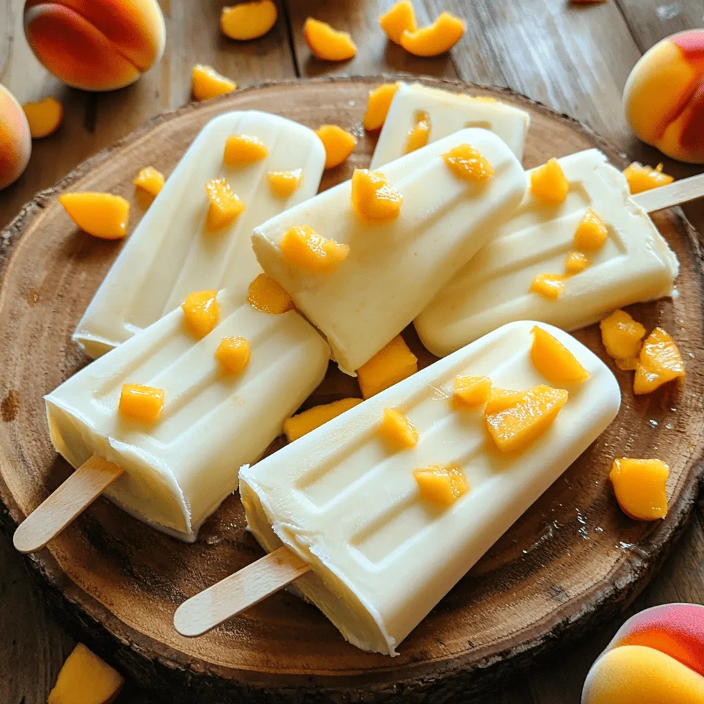 To make these easy peach yogurt popsicles, gather these ingredients: - 2 ripe peaches, pitted and diced - 1 cup Greek yogurt (plain or vanilla) - 2 tablespoons honey or maple syrup - 1 teaspoon vanilla extract - 1 tablespoon lemon juice - Pinch of salt These ingredients come together to create a creamy and fruity delight that everyone will love. You can easily swap some ingredients for different flavors or dietary needs. - For yogurt, try dairy-free options like coconut or almond yogurt. These work well and keep the pops creamy. - If you want to change up the sweetness, consider using agave or stevia. Each will give a unique flavor to your popsicles. Feel free to get creative with these swaps! They can help you tailor the pops to your taste or dietary needs. For the full recipe, you can check the instructions I provided earlier. Enjoy making these delightful treats! To start, gather your ingredients. You need ripe peaches, Greek yogurt, honey, vanilla extract, lemon juice, and a pinch of salt. 1. Blend: In a blender, add the diced peaches and Greek yogurt. Then, pour in honey, vanilla extract, lemon juice, and salt. Blend until everything is smooth and creamy. 2. Taste and Adjust: After blending, taste the mixture. If you want it sweeter, add more honey or maple syrup. Blend again if you add more sweetener. Now it's time to pour the mixture into molds. 1. Pour: Carefully pour the peach yogurt mixture into your popsicle molds. Leave a little space at the top. This helps the popsicles expand as they freeze. 2. Insert Sticks: Place popsicle sticks into each mold. Make sure they stand straight. 3. Freeze: Put the molds in the freezer. Let them freeze for at least 4-6 hours or until they are solid. When you are ready to enjoy, run warm water over the outside of the molds. This helps you remove the popsicles easily. Now, you can savor your Easy Peach Yogurt Popsicles! For the full recipe, refer to the recipe section above. To get the best texture in your peach yogurt popsicles, focus on blending. Use a powerful blender for a smooth mix. Blend until you can't see any peach chunks. This step helps create a creamy mouthfeel. If you want a thicker popsicle, add more Greek yogurt. For a softer treat, use less yogurt. Always taste the mixture before pouring. Adjust the sweetness by adding more honey or syrup. Make your popsicles look as good as they taste. Serve them on a wooden platter or in a tall glass filled with ice. This gives a fun summer vibe. For a pop of color, sprinkle diced peaches on top. You can also pair these popsicles with snacks like almonds or granola. For drinks, serve with iced tea or lemonade. These combinations enhance the fruity flavor and make for a delightful treat. Enjoy them on a hot day or at a party! {{image_2}} You can make these easy peach yogurt popsicles even better by adding other fruits. Try mixing in strawberries, blueberries, or mangoes. These fruits will add more flavor and color to your popsicles. You can also use fruit puree. Just blend your favorite fruits until smooth and mix them into the peach yogurt. This gives your popsicles a fun twist and makes them more exciting. Exploring different flavors of yogurt can change the taste of your popsicles. You can use strawberry, blueberry, or coconut yogurt for a new flavor. If you prefer a dairy-free option, try almond or coconut yogurt. These alternatives can make the popsicles just as delicious and creamy. You can also find vegan yogurts that work great in this recipe. Whether you go for fruit or yogurt alternatives, these variations keep your treats fresh and fun. Check out the Full Recipe for more ideas! Storing your leftover popsicles is easy. First, make sure they are fully frozen. Then, you can use airtight containers or freezer bags. This keeps them from getting freezer burn. If you're using bags, lay them flat in the freezer. This saves space and helps them freeze evenly. To keep the popsicles fresh, wrap each one in plastic wrap. This adds an extra layer of protection against ice crystals. Remember to label your containers with the date. This way, you know when to enjoy them. These peach yogurt popsicles can last for up to three months in the freezer. After that, they may lose flavor or texture. Always check for signs of freezer burn before eating. If they look icy or smell off, it's best to toss them. Enjoy them fresh for the best taste! Can I use frozen peaches instead of fresh? Yes, you can use frozen peaches. Just let them thaw a bit before blending. This will help the mixture stay smooth. How can I make these popsicles without added sugar? You can skip the honey or maple syrup. Use ripe peaches for natural sweetness. You could also try a splash of fruit juice for flavor. What’s the best way to remove popsicles from the molds? Run warm water over the molds for a few seconds. This will help loosen the popsicles. Then, gently pull them out. Can I make these popsicles with low-fat yogurt? Yes, low-fat yogurt works well too. Just keep in mind that the texture may be a bit different. Full Recipe has options for different yogurt types. This blog post covered how to make easy peach yogurt popsicles. You learned about the key ingredients and simple steps to create these tasty treats. We also talked about ingredient swaps, tips for the perfect texture, and fun ways to serve them. Remember, you can mix in other fruits or use different yogurts for variety. These popsicles are great for hot days or as a sweet snack. Now, go ahead and make your own refreshing popsicles!