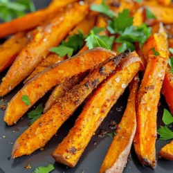 Crispy air fryer sweet potato fries are easy to make. You will need a few simple ingredients. This recipe serves four people. You can enjoy them as a snack or a side dish. - 2 large sweet potatoes, peeled and cut into fries - 2 tablespoons olive oil - 1 teaspoon garlic powder - 1 teaspoon paprika (smoked for extra flavor) - ½ teaspoon cayenne pepper (optional for heat) - Salt and pepper to taste - Fresh parsley, chopped (for garnish) These key ingredients create a tasty and crispy outcome. Sweet potatoes give you a naturally sweet flavor. Olive oil helps them crisp up in the air fryer. The garlic powder and paprika add a savory touch. You can change the taste with different seasonings. Here are some ideas: - Add a pinch of cinnamon for warmth. - Use chili powder for a spicier kick. - Toss in Italian herbs for a fresh flavor. - Try a sprinkle of parmesan cheese for richness. Feel free to mix and match! Each option brings a new twist to your fries. This versatility makes them fun to make and eat. For the full recipe, check the beginning of this section. To start, take two large sweet potatoes. Peel them and cut them into fries. Next, soak the fries in cold water for at least 30 minutes. This step is key. Soaking removes extra starch, which helps the fries get crispy. After 30 minutes, drain the water. Use a clean kitchen towel to pat the fries dry. Make sure they are not wet. Wet fries will not crisp well. Now, let’s season the fries. In a large bowl, toss the dry sweet potato fries with olive oil. You need two tablespoons of olive oil for this. Add one teaspoon of garlic powder and one teaspoon of paprika. If you want some heat, add half a teaspoon of cayenne pepper. Finally, add salt and pepper to taste. Mix well so every fry gets coated. This mix adds flavor and helps with crispiness. It’s time to air fry. Preheat your air fryer to 400°F (200°C) for about five minutes. This step is important for cooking the fries evenly. Place the seasoned fries in a single layer in the basket. If your air fryer is small, you may need to fry them in batches. Cook them for 15 to 20 minutes. Shake the basket halfway through cooking. This action promotes even cooking. When they turn golden brown and crispy, they are ready. Remove them carefully and place them on a serving platter. Optional: Garnish with fresh chopped parsley for color. For the full recipe, check the section above. Soaking your sweet potatoes is key. It helps remove extra starch. Less starch means crispier fries. I soak my fries for at least 30 minutes in cold water. After soaking, drain and dry them well. Use a clean towel to pat them dry. This step is simple but makes a big difference. Preheating your air fryer is important. It helps cook the fries evenly. I set my air fryer to 400°F (200°C) for 5 minutes before adding the fries. This quick step can boost the crispiness of your fries. Don’t skip this! A hot air fryer will give you the best results. To cook your fries evenly, avoid overcrowding the basket. Place the fries in a single layer. If you have a lot, cook them in batches. This ensures good air circulation. Halfway through cooking, shake the basket. This helps the fries brown on all sides. Following these tips will make each fry perfectly crispy. {{image_2}} You can change the flavor of your sweet potato fries with different seasonings. Try adding cumin for a warm, earthy taste. You can also use Italian herbs for a fresh twist. A pinch of cinnamon adds a sweet touch. Mix and match seasonings to find your favorite blend. Use the Full Recipe as a base, and let your creativity shine. The shape of your fries can change the texture and cooking time. Steak fries are thick and soft inside, while julienne fries are thin and crispy. If you like more crunch, go with julienne. For a heartier bite, steak fries are great. Just remember to adjust your cooking time. Thinner fries cook faster, so keep an eye on them. For a kick, add cayenne pepper to your seasoning mix. You can also sprinkle chili powder for extra heat. After cooking, try topping your fries with fresh jalapeños or a drizzle of sriracha. For a unique twist, add cheese or avocado. These toppings make your fries even more fun and tasty. You can store leftover sweet potato fries in an airtight container. Let them cool first. Place them in the fridge for up to three days. This keeps them fresh and ready to eat later. To reheat your fries, use the air fryer. Set it to 350°F (175°C). Heat the fries for about 5-7 minutes. This helps regain their crispiness. You can also use an oven. Preheat it to 350°F and bake for 10 minutes. Both methods work well for crispy results. Yes, you can freeze sweet potato fries. After cooking, let them cool completely. Place them in a single layer on a baking sheet. Freeze them for 1-2 hours until firm. Then, transfer them to a freezer bag. They will last for up to three months. When ready to eat, cook them straight from the freezer in your air fryer or oven. This way, they stay crispy and tasty. To make sweet potato fries crispy, soak them in cold water. Soaking helps remove starch. After 30 minutes, drain and dry them well. Coat the fries with olive oil and seasonings. Preheat the air fryer to 400°F (200°C). Cook the fries in a single layer and shake the basket halfway through. This method gets them golden and crisp. Yes, you can use other potatoes like russet or Yukon gold. These potatoes also crisp up well. Just remember to adjust the cooking time. Each type may need slight changes in time or temperature. But the method stays the same for all. Sweet potato fries pair well with many sauces. Try ketchup, ranch, or spicy mayo. Honey mustard adds a nice twist too. If you want something different, try a yogurt dip with herbs. These sauces enhance the fries' flavor and add fun. For more ideas, check out the Full Recipe for more serving suggestions. Sweet potato fries are easy and fun to make. We covered key ingredients, preparation, and cooking tips. Soaking the potatoes helps them crisp up nicely. You can try different seasonings and fry shapes for variety. Proper storage and reheating keep leftovers tasty. Get creative with your fries! Change the spices or try new sauces. Enjoy perfect sweet potato fries every time with these simple tricks.