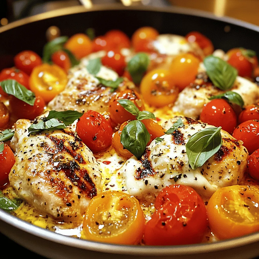 - 4 boneless, skinless chicken breasts - 2 tablespoons olive oil - 1 cup cherry tomatoes, halved - 3 cloves garlic, minced - 1 cup fresh basil leaves, chopped - 1 teaspoon dried oregano - 1 teaspoon red pepper flakes (optional for heat) - 1 cup low-sodium chicken broth - 1 cup mozzarella cheese, shredded - Salt and pepper to taste For this Tomato Basil Chicken Skillet, I choose fresh, high-quality ingredients. The chicken breasts should be plump and well-trimmed. This ensures quick cooking and juicy bites. Cherry tomatoes add sweetness and a burst of flavor. Fresh basil brings an aromatic touch that brightens the dish. The olive oil is key for sautéing. It adds richness, while garlic gives a strong, savory base. Dried oregano adds depth to the flavor. If you like heat, add red pepper flakes for a kick. Low-sodium chicken broth keeps the dish light. It helps to create a sauce that coats the chicken and tomatoes. Lastly, mozzarella cheese melts into a gooey topping, making every bite full of flavor. For the full recipe, check out the detailed cooking instructions that follow. - Seasoning the chicken Start by seasoning the chicken breasts. Use salt and pepper on both sides. This adds flavor and helps create a nice crust when cooking. - Preparing the skillet Heat 2 tablespoons of olive oil in a large skillet over medium heat. Make sure the oil is hot before adding the chicken. This helps the chicken cook evenly. - Initial cooking process Place the seasoned chicken in the skillet. Cook for 5-7 minutes on each side. You want the chicken to get golden brown. - Achieving the right internal temperature Use a meat thermometer to check the chicken. It should reach 165°F. This ensures the chicken is safe to eat. - Adding garlic and tomatoes Remove the chicken and set it aside. In the same skillet, add 3 cloves of minced garlic. Cook for about 30 seconds until fragrant. Then, add 1 cup of halved cherry tomatoes. Cook for 3-4 minutes until they soften. - Simmering techniques Pour in 1 cup of low-sodium chicken broth. Add 1 teaspoon of dried oregano and red pepper flakes if you want heat. Bring the mixture to a simmer. This combines all the flavors. - Nestling chicken and adding basil Return the chicken to the skillet, nestling it among the tomatoes. Lower the heat and let it simmer for 5 minutes. This lets the flavors mix well. - Melting cheese Sprinkle 1 cup of shredded mozzarella cheese on top. Cover the skillet and let it sit for 2-3 minutes. This helps the cheese melt perfectly. This step-by-step guide will help you create a delicious Tomato Basil Chicken Skillet. For the complete details, check the Full Recipe. To ensure juicy chicken, always start with fresh, high-quality chicken breasts. Season the chicken well with salt and pepper. This enhances the flavor and helps keep the moisture locked in. Cook the chicken on medium heat. This allows it to brown nicely while cooking through evenly. Use a meat thermometer to check the internal temperature. It should reach 165°F for safe eating. Proper seasoning is key. Always season both sides of the chicken. Use salt and pepper as your base. You can add garlic powder or onion powder for more flavor. When you add the garlic in the skillet, let it cook just until fragrant. This step adds a nice depth to the dish. For garnishing ideas, think fresh! Add more chopped basil on top for color and flavor. You can also sprinkle some grated Parmesan cheese for a gourmet touch. Fresh cherry tomatoes on the side can add a pop of color too. For serving suggestions, plate the chicken with the tomato mixture on top. Serve it alongside a simple salad or over a bed of rice. This makes the meal look inviting and appetizing. The best skillet types for this dish are non-stick or cast iron. They distribute heat evenly and make cooking easier. A large skillet is ideal to fit all the chicken breasts at once. Essential cooking tools include a meat thermometer to check doneness and a good spatula for flipping the chicken. A sharp knife will help you chop the garlic and basil quickly. These tools make cooking smooth and enjoyable. For the Full Recipe, you can check the earlier sections. {{image_2}} For this recipe, you can switch up the main protein. Instead of chicken, try turkey breasts or pork chops. These options still pair well with the fresh tomato and basil flavors. If you prefer a vegan or vegetarian dish, use chickpeas or tofu instead of chicken. Both options work great. Just ensure you cook them properly to get the right texture. You can enhance the flavor by adding more herbs. Fresh thyme or parsley can bring a new twist. Some people love adding a touch of rosemary for a stronger taste. Consider adding bell peppers or spinach for extra color and nutrition. These veggies cook quickly and add sweetness. You can toss them in during the last few minutes of cooking. This dish pairs well with a simple side of rice or quinoa. They soak up the sauce nicely. A fresh salad also complements the meal perfectly, with its crisp texture. For wine, a light white like Sauvignon Blanc works best. It balances the dish without overpowering it. If you prefer red, a light Pinot Noir can also be a nice match. For the full recipe, visit the [Full Recipe](#). To store leftover Tomato Basil Chicken Skillet, let it cool first. Once cool, place it in an airtight container. This keeps the dish fresh. You can refrigerate it for up to three days. When reheating, use low heat to avoid drying out the chicken. If you want to freeze this dish, follow these steps. Cool the skillet meal completely. Next, transfer it to a freezer-safe container. You can also use freezer bags for easier storage. Remove as much air as possible. This helps prevent freezer burn. Frozen, it lasts for about three months. To reheat, thaw in the fridge overnight before warming it on the stove. When stored properly, Tomato Basil Chicken Skillet can last in the fridge for up to three days. If frozen, its quality remains good for three months. Always check for signs of spoilage, like an off smell or strange texture, before eating. Enjoy your meal knowing it’s safe and tasty! What can I substitute for mozzarella cheese? You can use provolone or gouda cheese. These cheeses melt well and taste great. If you want a dairy-free option, try vegan cheese. Can I make this recipe ahead of time? Yes, you can cook the chicken and sauce in advance. Just store it in the fridge. Reheat it on the stove before serving. How do I know when the chicken is cooked? The chicken should reach an internal temperature of 165°F. Use a meat thermometer for best results. The chicken will also be golden brown and firm to the touch. What to do with leftover chicken? You can slice it for sandwiches or salads. It also works well in wraps or on pizza. Just keep it in an airtight container in the fridge. How can I make it spicier? Add more red pepper flakes to the skillet. You can also include diced jalapeños or hot sauce for a kick. Adjust to your taste! Can this dish be served over pasta or rice? Absolutely! Serve it over pasta, rice, or quinoa. It makes a filling meal and soaks up the flavors well. How to adapt for meal prep? Cook the chicken and sauce as directed. Divide into meal prep containers. Add sides like rice or veggies for quick lunches. This recipe blends tasty chicken with fresh veggies and herbs. We covered key ingredients, step-by-step cooking, and practical tips. Remember, juicy chicken needs careful seasoning and heat control. Feel free to try different meats or add spices to change the flavor. Store leftovers properly to enjoy later. Cooking can be fun and easy with the right approach. Experiment and enjoy your meals!