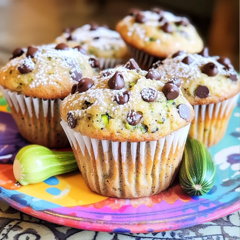 To create these tasty muffins, you need some key ingredients. Here’s what you need: - 1 medium zucchini, grated - 1 cup all-purpose flour - 1/2 cup whole wheat flour - 1/2 cup brown sugar - 1/4 cup granulated sugar - 1/2 teaspoon baking soda - 1/2 teaspoon baking powder - 1/2 teaspoon salt - 1 teaspoon ground cinnamon - 2 large eggs - 1/2 cup vegetable oil (or melted coconut oil) - 1 teaspoon vanilla extract - 1 cup semi-sweet chocolate chips These ingredients work together to make the muffins moist, sweet, and flavorful. The zucchini adds moisture and nutrients without altering the taste. When measuring ingredients, accuracy matters. You want the right texture in your muffins. For flour, spoon it into the cup and level it off. You can swap all-purpose flour with gluten-free flour for a gluten-free option. The zucchini can be replaced with carrots for a different flavor. If you want less sugar, you can cut down the brown and granulated sugar by a bit. Want to make your muffins even better? Here are a few add-ins you can try: - 1/2 cup chopped walnuts or pecans - 1/2 cup raisins or dried cranberries - 1/4 cup shredded coconut These extras can add texture and taste. They bring a fun twist to the classic recipe. You can find the full recipe [here](#). Start by gathering your ingredients. You need a medium zucchini, which gives moisture and flavor. Grate it finely to blend well. Next, measure out your flours, sugars, and spices. It's best to have everything ready before you mix. This makes the process smooth and fun. In one bowl, mix the dry ingredients. Combine all-purpose flour, whole wheat flour, baking soda, baking powder, salt, and ground cinnamon. In another bowl, mix the grated zucchini with both sugars. Let it sit for five minutes. This step helps release moisture from the zucchini. After that, add eggs, oil, and vanilla to the zucchini mix. Stir until smooth. Now, slowly add the dry mix to the wet mix. Be gentle; you don't want to overmix. Once your batter is ready, it's time to bake. Preheat your oven to 350°F (175°C). Line your muffin tin with paper liners or grease it. Divide the batter into the muffin cups, filling them about two-thirds full. Bake for 20-25 minutes. Check with a toothpick; it should come out clean. After baking, cool the muffins in the pan for five minutes. Then, transfer them to a wire rack to cool completely. For a lovely touch, you can dust them with powdered sugar. To see the complete recipe, check the Full Recipe section. To get the best muffin texture, start with fresh zucchini. Grate it finely. This helps the zucchini mix well and adds moisture. Let the grated zucchini sit with the sugars. This step draws out extra water, making your muffins soft. When mixing the batter, be gentle. Overmixing can lead to tough muffins. Stop mixing when you see a few flour streaks. This keeps the muffins light and airy. One big mistake is not measuring your flour correctly. Too much flour makes muffins dry. Always spoon flour into your measuring cup and level it off. Another mistake is skipping the resting time for the zucchini. This step helps with moisture and flavor. Don’t forget to check your oven temperature. An oven that is too hot can burn the muffins. An oven thermometer can help with this. To boost flavor, add spices like nutmeg or ginger. A pinch can change the taste. You can also mix in extras like chopped nuts or dried fruit. These add texture and flavor. If you want a richer taste, try using dark chocolate chips instead of semi-sweet. This simple swap gives a deeper chocolate flavor. For a unique twist, add a splash of almond extract for added depth. For the complete method and ingredients, check out the Full Recipe. {{image_2}} You can easily make these muffins gluten-free. Swap the all-purpose flour for a gluten-free flour blend. Make sure it has xanthan gum for the right texture. For a vegan version, replace the eggs with flax eggs. Mix 1 tablespoon of ground flaxseed with 2.5 tablespoons of water. Let it sit for a few minutes to thicken. You can also use plant-based oil instead of vegetable oil. This keeps your muffins moist and tasty. Adding fruits or nuts can change the flavor of your muffins. You can toss in blueberries, chopped apples, or even dried cranberries. Each fruit adds a unique taste and goes well with chocolate. If you like nuts, walnuts or pecans add crunch. Just remember to chop them small so they mix well. Experiment with spices too. A pinch of nutmeg or ginger can give a warm twist. Sweetness can be adjusted based on your taste. If you want less sugar, reduce the brown and granulated sugars. You can replace some sugar with mashed bananas or applesauce for added moisture. This keeps the muffins soft. If you prefer a denser muffin, use more whole wheat flour. For a lighter texture, stick with all-purpose flour. Finding the right balance makes your muffins just how you like them. For the full recipe, check out the instructions provided earlier. To keep your chocolate chip zucchini muffins fresh, use an airtight container. Place parchment paper between layers to avoid sticking. You can also wrap each muffin in plastic wrap before storing. This helps lock in moisture and flavor. For longer storage, consider refrigerating them, especially in warm weather. When stored at room temperature, these muffins last about 2 to 3 days. If you keep them in the fridge, they can last up to a week. For the best taste, enjoy them fresh. However, they still taste great even after a few days. Just make sure to check for any signs of spoilage. To enjoy your muffins again, simply reheat them. You can use a microwave for about 10 to 15 seconds. If you prefer a crispy edge, pop them in the oven at 350°F for about 5 minutes. This brings back the fresh-baked flavor. Serve them warm with a bit of butter or your favorite spread for an extra treat. You can find the full recipe for these delicious treats to enjoy at any time. Yes, you can freeze Chocolate Chip Zucchini Muffins. After they cool, wrap each muffin in plastic wrap. Place the wrapped muffins in a freezer bag. They will stay fresh for up to three months. When you want to eat one, just take it out and thaw it at room temperature. You can also heat it in the microwave for a warm treat. If you don’t have zucchini, you can use grated carrots or applesauce. Grated carrots will add a nice sweetness. Applesauce will keep the muffins moist. Just remember that these substitutes can change the flavor slightly. You can also try using summer squash if you have it on hand. It works similarly to zucchini. Chocolate Chip Zucchini Muffins can be a healthy treat. Zucchini adds moisture without many calories. The whole wheat flour boosts fiber. The sugars can be reduced if you want a lighter muffin. You can also add nuts for extra protein. So, enjoy these muffins as a tasty snack or breakfast option! For the full recipe, check out the deliciously moist Chocolate Chip Zucchini Muffins. In this post, we explored the making of chocolate chip zucchini muffins. We discussed essential ingredients and offered measurement tips. You learned step-by-step instructions for mixing, baking, and achieving perfect texture. We also shared ways to customize flavors with add-ins and alternatives. Remember, baking is fun and allows for creativity. Enjoy experimenting with these recipes, and don’t be afraid to add your twist. Happy baking!
