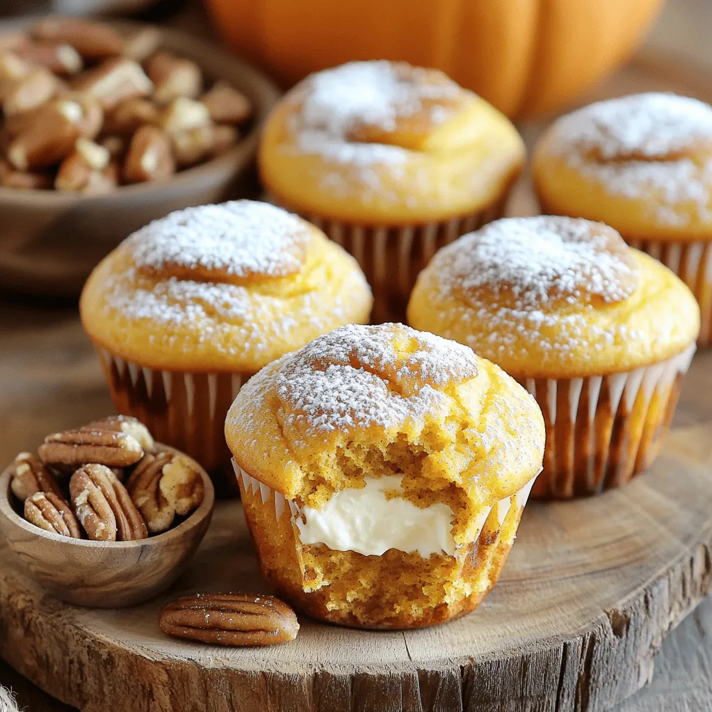 - 1 ½ cups all-purpose flour - 1 teaspoon baking soda - 1 teaspoon baking powder - ½ teaspoon salt - 1 teaspoon ground cinnamon - ½ teaspoon ground nutmeg - ½ teaspoon ground ginger - ½ cup sugar - ½ cup brown sugar - 1 cup canned pumpkin puree - ¼ cup vegetable oil - 2 large eggs - 1 teaspoon vanilla extract - 8 oz cream cheese, softened - ¼ cup powdered sugar - 1 tablespoon all-purpose flour - 1 teaspoon vanilla extract When making Pumpkin Cream Cheese Stuffed Muffins, the right balance of ingredients is key. For the dry mix, I use all-purpose flour, baking soda, and baking powder. Adding a pinch of salt enhances the flavor. I love adding spices like cinnamon, nutmeg, and ginger for a warm, cozy taste. For the wet ingredients, I mix both white and brown sugars with pumpkin puree. This gives the muffins a rich and sweet flavor. I also add vegetable oil for moisture and eggs for structure. A dash of vanilla extract ties everything together. The cream cheese filling is where the magic happens. I combine softened cream cheese, powdered sugar, a bit of flour, and vanilla extract. This mix brings a creamy, sweet surprise to each muffin. Make sure the cream cheese is soft; this helps it blend smoothly. Together, these ingredients create a delightful treat that is perfect for any occasion. You can find the full recipe below to guide you through the steps. - Preheat oven to 350°F (175°C) - Line muffin tin with paper liners Start by preheating your oven. This makes sure the muffins bake evenly. While it warms up, get your muffin tin ready. Line each cup with paper liners. This helps with easy removal and keeps the muffins soft. - Whisk dry ingredients in a medium bowl - Combine wet ingredients in a large bowl and mix Next, let’s make the batter. In a medium bowl, whisk together the flour, baking soda, baking powder, salt, cinnamon, nutmeg, and ginger. This blends all the dry ingredients well. In a large bowl, mix the sugars, pumpkin puree, vegetable oil, eggs, and vanilla extract. Stir until everything is well combined. The pumpkin gives it a nice flavor and moisture. - Gradually mix dry ingredients into wet ingredients - Fill muffin liners with batter and add cream cheese filling - Cover with remaining batter and bake Now, combine the dry ingredients with the wet ingredients. Do this slowly and mix gently. You want it just combined; over-mixing will make tough muffins. Next, fill each muffin liner about halfway with the pumpkin batter. Then, add a spoonful of the cream cheese filling on top. This makes the muffins special! Finally, cover the cream cheese filling with more pumpkin batter. Place the muffin tin in the oven. Bake for 18-20 minutes. Use a toothpick to check if they are done. If it comes out clean, they are ready! Let the muffins cool in the tin for five minutes before moving them to a wire rack. For the full recipe, check the details above. Enjoy your warm, pumpkin cream cheese stuffed muffins! To make the best pumpkin cream cheese stuffed muffins, you need to avoid over-mixing the batter. When you mix too much, the muffins can become tough. Just stir until the dry ingredients blend with the wet ones. This keeps them light and fluffy. Next, test for doneness with a toothpick. Insert it into the center of a muffin. If it comes out clean, your muffins are ready. If not, bake for a few more minutes. For a lovely finish, dust your cooled muffins with powdered sugar. This adds a sweet touch and makes them look fancy. You can also drizzle a simple cream cheese glaze over the top for extra flavor. Serve your muffins on a beautiful platter. Pair them with a bowl of spiced nuts. This adds crunch and makes your snack time even more special. One common mistake is not allowing cream cheese to soften. If it's too cold, it will not mix well. Make sure to let it sit at room temperature before using it. Another mistake is overfilling muffin liners. Fill each liner only halfway with batter. This gives the muffins room to rise without overflowing. You want them to look perfect when they bake! {{image_2}} You can boost the taste of your muffins with fun add-ins. Try adding chocolate chips for a rich twist. Nuts like walnuts or pecans add crunch and flavor. Both options make your muffins even tastier. You can also swap spices to create new flavors. For example, use allspice or cardamom instead of the usual spices. This simple change can give your muffins a unique touch. If you need gluten-free muffins, use a gluten-free flour blend. This works well and keeps the muffins light. Many brands have great options that taste amazing. For a vegan version, replace cream cheese with a dairy-free cream cheese. You can also use flax eggs instead of regular eggs. Just mix one tablespoon of ground flaxseed with three tablespoons of water for each egg. You can switch up the squash to make your muffins even more fun. Try butternut squash or acorn squash for a new taste. These squashes also add a nice color to your muffins. When serving, think about adding fall-themed decorations. A sprinkle of cinnamon or a few mini pumpkins can make your muffins look festive. This adds charm to your table and makes the treat even more special. For the complete recipe, check out the Full Recipe section. To keep your pumpkin cream cheese stuffed muffins fresh for a few days, follow these tips: - Allow muffins to cool completely before storing. - Place them in an airtight container. - Store at room temperature for up to three days. - Use parchment paper between layers to avoid sticking. This method keeps your muffins soft and tasty. If you live in a humid area, the fridge may be better. Just remember to seal them well. For long-term storage, freezing is your best option. Here’s how to do it: - Wrap each muffin tightly in plastic wrap. - Place wrapped muffins in a freezer-safe bag or container. - Label the bags with the date. - Freeze for up to three months. This way, you can enjoy your muffins whenever you want. Just remember, the fresher you freeze them, the better they taste when thawed. To bring back the warmth and softness of your muffins, try these reheating methods: - Microwave: Place one muffin on a microwave-safe plate. Heat for 15-20 seconds. - Oven: Preheat to 350°F (175°C). Wrap muffins in foil and heat for 10-15 minutes. Both methods restore flavor and moisture. Enjoy your muffins just as they were when fresh! For the full recipe, check out the details above. To check if your muffins are done, use a toothpick. Insert it into the center of a muffin. If it comes out clean or with a few crumbs, the muffins are ready. If it has wet batter on it, bake for a few more minutes. This simple test helps ensure your muffins are fluffy and moist. Yes, you can make the batter ahead of time. Mix the wet and dry ingredients separately, then combine them when you are ready to bake. Store the batter in the fridge for up to 24 hours. Just remember to give it a gentle stir before baking. If you don't have pumpkin puree, try using mashed sweet potatoes or butternut squash. Both options have a similar texture and flavor. Keep in mind that this may slightly change the taste of your muffins. To reduce the sweetness, cut back on the sugar. You can use half the amount of sugar in the recipe. You can also leave out the brown sugar or use a sugar substitute. This will keep your muffins tasty without being too sweet. Each muffin has roughly: - Calories: 180 - Total Fat: 7g - Saturated Fat: 2g - Carbohydrates: 25g - Sugars: 10g - Protein: 3g These values can vary based on the ingredients used. Yes, you can make larger muffins! Just fill the muffin liners more and increase the baking time. Bake for about 22-25 minutes. Check for doneness with the toothpick test. Enjoy your big, fluffy muffins! You have all the tools to make delicious muffins. We covered essential ingredients, including dry and wet components. You now know how to prepare the batter and add cream cheese filling. Remember the tips for perfect muffins and avoid common mistakes. You can even explore variations for added fun. With proper storage, these muffins can last longer. Enjoy sharing them with friends or family, and don’t hesitate to try your unique twists! Happy baking!