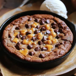- 1 cup unsalted butter, softened - 1 cup brown sugar, packed - 1/2 cup granulated sugar - 2 large eggs - 2 teaspoons vanilla extract - 2 cups all-purpose flour - 1 teaspoon baking soda - 1/2 teaspoon salt - 1 cup chocolate chips (milk or dark) - 1/2 cup soft caramel candies, cut into small pieces - Sea salt flakes for garnish When I make a caramel chocolate chip skillet cookie, I love using soft, unsalted butter. It mixes well with both sugars, creating a smooth texture. I often pack my brown sugar tight. This gives the cookie a rich flavor. For eggs, I choose large ones. They help the cookie rise and stay soft. Using quality vanilla extract adds a nice aroma and taste. All-purpose flour is my go-to, but feel free to switch it up if needed. Baking soda gives that perfect lift, while salt balances the sweetness. I like to use a mix of chocolate chips. Milk chocolate adds sweetness, while dark chocolate brings depth. The caramel pieces melt into gooey pockets of joy. Finally, don't forget the sea salt flakes! They give a nice crunch and contrast to the sweetness. - Butter Alternatives: You can use coconut oil or margarine if you're dairy-free. - Sugar Variations: Try using coconut sugar or maple syrup for a different flavor. - Gluten-Free Flour Options: Use a gluten-free blend that works well in baking. These swaps can help fit your dietary needs and still keep the cookie delicious. You can find the full recipe above for the best results. - Preheat your oven to 350°F (175°C). - Grease a large cast-iron skillet with butter or cooking spray. - In a large bowl, cream 1 cup of softened butter with 1 cup of brown sugar and 1/2 cup of granulated sugar. Mix until it’s light and fluffy. - Next, add 2 large eggs, one at a time. Beat well after each. Then, mix in 2 teaspoons of vanilla extract. - In a separate bowl, whisk together 2 cups of all-purpose flour, 1 teaspoon of baking soda, and 1/2 teaspoon of salt. - Gradually add this dry mix to the wet mix. Stir until just combined. - Gently fold in 1 cup of chocolate chips and 1/2 cup of soft caramel candies. Make sure they are evenly distributed. - Transfer the dough to your greased skillet. Spread it evenly with a spatula. - Bake for 25-30 minutes. Look for golden brown edges and a set center. A toothpick should come out mostly clean. - After baking, sprinkle sea salt flakes on top while it’s warm. Let it cool for about 10 minutes before slicing. For the full recipe, refer to the instructions above. Enjoy your delicious caramel chocolate chip skillet cookie! To get the best texture, cream your butter and sugars well. You want it light and fluffy. This step helps add air, making your cookie soft and chewy. Use room temperature butter for easy mixing. Avoid overmixing when you add the flour. Mix just until combined. Overmixing can make your cookie tough. Remember, a few lumps are okay. For a great presentation, serve your skillet cookie warm. It looks amazing when you bring it straight from the oven. Add a scoop of vanilla ice cream on top for extra flair. Drizzle caramel sauce on your cookie before serving. This adds a rich flavor and makes it even more tempting. Use a spoon to create fun patterns with the sauce. You can add more toppings to your skillet cookie. Try crushed nuts for crunch or sprinkles for color. They add fun texture and flavor. Consider flavor pairings too. Sea salt flakes on top bring out the sweetness of the caramel. You might also pair it with fresh fruit like berries for a tasty twist. For more details, check the Full Recipe for the Caramel Chocolate Chip Skillet Cookie. {{image_2}} You can make this cookie a bit healthier. Start by reducing the sugar. Use only 3/4 cup of brown sugar. This small change keeps the sweetness but cuts down on sugar. Another option is to use dark chocolate instead of milk chocolate. Dark chocolate has less sugar and more cocoa. It adds a rich flavor that pairs well with caramel. You can get creative with flavors. Adding nuts is a great idea. Chopped walnuts or pecans give a nice crunch. Toss in about 1/2 cup for extra texture. You might also like to incorporate spices. A pinch of cinnamon or nutmeg can add warmth. These spices mix well with chocolate and caramel. Get fun with seasonal flavors! In fall, try adding pumpkin spice. Just one teaspoon brings a cozy vibe to the cookie. During winter, use peppermint chocolate. Swap half of the chocolate chips for crushed peppermint candies. It gives a fresh taste perfect for the holidays. For the full recipe, check out the details above! Store your skillet cookie in an airtight container. This keeps it fresh and soft. If you leave it out, it can dry out quickly. For best taste, enjoy it within two days. To refrigerate, cover the skillet with plastic wrap. This helps keep moisture locked in. You can also slice pieces and place them in a container. For freezing, wrap the whole cookie in foil. Store it in a freezer bag. It will stay good for up to three months. When ready to eat, let it thaw in the fridge overnight. Reheat slices in the oven for the best texture. Set the oven to 350°F (175°C) and bake for about 5-10 minutes. You can also use a microwave. Heat for 10-15 seconds, but be careful not to overdo it. Too much heat can make it tough. Enjoy it warm, with a scoop of ice cream if you like! Look for a golden edge and a soft center. The cookie should be firm but not hard. A toothpick inserted in the middle should have a few moist crumbs. If it's too wet, bake a little longer. Yes! You can use dark chocolate, white chocolate, or even butterscotch chips. Each type adds a unique flavor. Mixing different chocolates can create a fun taste, too. You can use any oven-safe pan or dish. A glass baking dish works well. Just make sure it is the same size as the skillet. The baking time may vary slightly, so check for doneness. You can use applesauce or mashed banana as an egg substitute. Use 1/4 cup of either for each egg. You can also try flaxseed meal mixed with water. This can work well in cookies. Yes, you can make the dough and store it in the fridge. Wrap it tightly in plastic wrap. It stays fresh for up to three days. You can also freeze it for longer storage. Just thaw before baking. In this blog post, we covered a delicious skillet cookie recipe, from ingredients to baking tips. You learned about ingredient substitutions and simple steps to create the perfect treat. We also explored ways to enhance flavors and variations for every season. Remember, the key to a successful skillet cookie lies in careful mixing and baking. With the right touches, you'll enjoy a sweet, warm dessert that impresses everyone. Enjoy baking and don't hesitate to get creative!