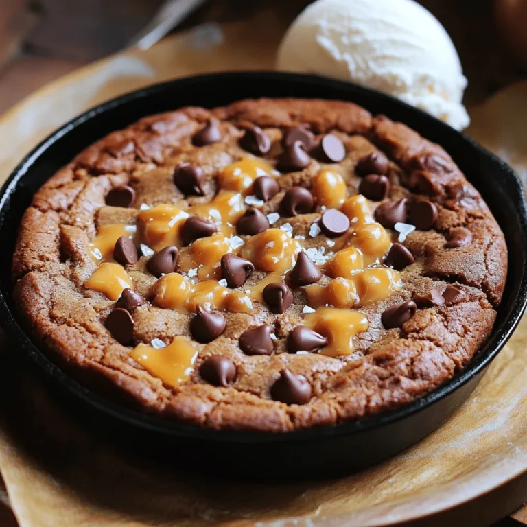 - 1 cup unsalted butter, softened - 1 cup brown sugar, packed - 1/2 cup granulated sugar - 2 large eggs - 2 teaspoons vanilla extract - 2 cups all-purpose flour - 1 teaspoon baking soda - 1/2 teaspoon salt - 1 cup chocolate chips (milk or dark) - 1/2 cup soft caramel candies, cut into small pieces - Sea salt flakes for garnish When I make a caramel chocolate chip skillet cookie, I love using soft, unsalted butter. It mixes well with both sugars, creating a smooth texture. I often pack my brown sugar tight. This gives the cookie a rich flavor. For eggs, I choose large ones. They help the cookie rise and stay soft. Using quality vanilla extract adds a nice aroma and taste. All-purpose flour is my go-to, but feel free to switch it up if needed. Baking soda gives that perfect lift, while salt balances the sweetness. I like to use a mix of chocolate chips. Milk chocolate adds sweetness, while dark chocolate brings depth. The caramel pieces melt into gooey pockets of joy. Finally, don't forget the sea salt flakes! They give a nice crunch and contrast to the sweetness. - Butter Alternatives: You can use coconut oil or margarine if you're dairy-free. - Sugar Variations: Try using coconut sugar or maple syrup for a different flavor. - Gluten-Free Flour Options: Use a gluten-free blend that works well in baking. These swaps can help fit your dietary needs and still keep the cookie delicious. You can find the full recipe above for the best results. - Preheat your oven to 350°F (175°C). - Grease a large cast-iron skillet with butter or cooking spray. - In a large bowl, cream 1 cup of softened butter with 1 cup of brown sugar and 1/2 cup of granulated sugar. Mix until it’s light and fluffy. - Next, add 2 large eggs, one at a time. Beat well after each. Then, mix in 2 teaspoons of vanilla extract. - In a separate bowl, whisk together 2 cups of all-purpose flour, 1 teaspoon of baking soda, and 1/2 teaspoon of salt. - Gradually add this dry mix to the wet mix. Stir until just combined. - Gently fold in 1 cup of chocolate chips and 1/2 cup of soft caramel candies. Make sure they are evenly distributed. - Transfer the dough to your greased skillet. Spread it evenly with a spatula. - Bake for 25-30 minutes. Look for golden brown edges and a set center. A toothpick should come out mostly clean. - After baking, sprinkle sea salt flakes on top while it’s warm. Let it cool for about 10 minutes before slicing. For the full recipe, refer to the instructions above. Enjoy your delicious caramel chocolate chip skillet cookie! To get the best texture, cream your butter and sugars well. You want it light and fluffy. This step helps add air, making your cookie soft and chewy. Use room temperature butter for easy mixing. Avoid overmixing when you add the flour. Mix just until combined. Overmixing can make your cookie tough. Remember, a few lumps are okay. For a great presentation, serve your skillet cookie warm. It looks amazing when you bring it straight from the oven. Add a scoop of vanilla ice cream on top for extra flair. Drizzle caramel sauce on your cookie before serving. This adds a rich flavor and makes it even more tempting. Use a spoon to create fun patterns with the sauce. You can add more toppings to your skillet cookie. Try crushed nuts for crunch or sprinkles for color. They add fun texture and flavor. Consider flavor pairings too. Sea salt flakes on top bring out the sweetness of the caramel. You might also pair it with fresh fruit like berries for a tasty twist. For more details, check the Full Recipe for the Caramel Chocolate Chip Skillet Cookie. {{image_2}} You can make this cookie a bit healthier. Start by reducing the sugar. Use only 3/4 cup of brown sugar. This small change keeps the sweetness but cuts down on sugar. Another option is to use dark chocolate instead of milk chocolate. Dark chocolate has less sugar and more cocoa. It adds a rich flavor that pairs well with caramel. You can get creative with flavors. Adding nuts is a great idea. Chopped walnuts or pecans give a nice crunch. Toss in about 1/2 cup for extra texture. You might also like to incorporate spices. A pinch of cinnamon or nutmeg can add warmth. These spices mix well with chocolate and caramel. Get fun with seasonal flavors! In fall, try adding pumpkin spice. Just one teaspoon brings a cozy vibe to the cookie. During winter, use peppermint chocolate. Swap half of the chocolate chips for crushed peppermint candies. It gives a fresh taste perfect for the holidays. For the full recipe, check out the details above! Store your skillet cookie in an airtight container. This keeps it fresh and soft. If you leave it out, it can dry out quickly. For best taste, enjoy it within two days. To refrigerate, cover the skillet with plastic wrap. This helps keep moisture locked in. You can also slice pieces and place them in a container. For freezing, wrap the whole cookie in foil. Store it in a freezer bag. It will stay good for up to three months. When ready to eat, let it thaw in the fridge overnight. Reheat slices in the oven for the best texture. Set the oven to 350°F (175°C) and bake for about 5-10 minutes. You can also use a microwave. Heat for 10-15 seconds, but be careful not to overdo it. Too much heat can make it tough. Enjoy it warm, with a scoop of ice cream if you like! Look for a golden edge and a soft center. The cookie should be firm but not hard. A toothpick inserted in the middle should have a few moist crumbs. If it's too wet, bake a little longer. Yes! You can use dark chocolate, white chocolate, or even butterscotch chips. Each type adds a unique flavor. Mixing different chocolates can create a fun taste, too. You can use any oven-safe pan or dish. A glass baking dish works well. Just make sure it is the same size as the skillet. The baking time may vary slightly, so check for doneness. You can use applesauce or mashed banana as an egg substitute. Use 1/4 cup of either for each egg. You can also try flaxseed meal mixed with water. This can work well in cookies. Yes, you can make the dough and store it in the fridge. Wrap it tightly in plastic wrap. It stays fresh for up to three days. You can also freeze it for longer storage. Just thaw before baking. In this blog post, we covered a delicious skillet cookie recipe, from ingredients to baking tips. You learned about ingredient substitutions and simple steps to create the perfect treat. We also explored ways to enhance flavors and variations for every season. Remember, the key to a successful skillet cookie lies in careful mixing and baking. With the right touches, you'll enjoy a sweet, warm dessert that impresses everyone. Enjoy baking and don't hesitate to get creative!