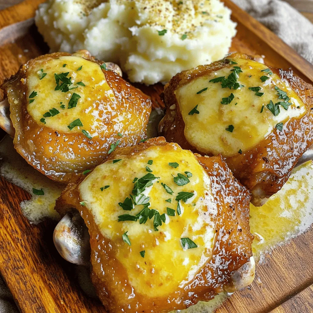 - 6 bone-in, skin-on chicken thighs - 1/4 cup unsalted butter, melted - 4 cloves garlic, minced - 1 cup grated Parmesan cheese The main ingredients for the Slow Cooker Garlic Parmesan Chicken Thighs are simple yet flavorful. The chicken thighs have the skin on to keep them juicy. I love using bone-in thighs for extra flavor. The melted unsalted butter adds richness. Fresh garlic brings a strong taste. Grated Parmesan cheese gives a wonderful cheesy kick. - 1 teaspoon dried Italian herbs (oregano, thyme, basil) - 1 teaspoon garlic powder - Salt and pepper to taste For seasoning, I use dried Italian herbs. They blend well and add depth. Garlic powder boosts the garlic flavor without being overpowering. Salt and pepper are essential for making the dish pop. Adjust these to your taste for the perfect flavor. - Fresh parsley, chopped Garnishing with fresh parsley adds color and brightness. It makes the dish look appealing. Plus, it gives a hint of freshness. You can add it right before serving for the best effect. First, I dry the chicken thighs with paper towels. This step helps the skin get crispy. Next, I season both sides with salt and pepper. Don’t be shy with the seasoning! Now, I make the garlic Parmesan mixture. In a bowl, I combine melted butter, minced garlic, and grated Parmesan cheese. I add dried Italian herbs and garlic powder. I mix it all until it looks smooth and creamy. Next, I coat the chicken thighs. I place the seasoned thighs in the slow cooker. Then, I pour the garlic Parmesan mixture over them. I ensure each piece is well-coated for great flavor. I set the slow cooker to cook. I can choose low for 6 hours or high for 3 hours. The chicken should be tender and juicy. I check the temperature; it needs to reach 165°F (75°C) to be safe to eat. Once cooked, I carefully remove the chicken thighs. I place them on a serving platter. I spoon some of the cooking sauce over the chicken to keep it moist. For garnish, I sprinkle chopped parsley on top. This adds a fresh touch and looks beautiful. I love serving this chicken with creamy mashed potatoes or roasted veggies. A sprinkle of extra Parmesan makes it even better! To ensure even cooking, start by patting the chicken thighs dry. This helps the skin crisp up. Season both sides well with salt and pepper. This step is key for flavor. When you add the garlic Parmesan mixture, make sure every piece gets coated. This boosts flavor on all sides. You can add herbs like rosemary or thyme for extra aroma. A pinch of red pepper flakes gives a nice kick. For a richer sauce, consider adding a splash of cream or chicken broth. This creates a deeper flavor profile. Mixing in some freshly grated cheese at the end brightens the dish. Serve the chicken with creamy mashed potatoes or roasted vegetables. These sides balance the rich flavors of the chicken. For plating, use a large, white dish to make the dish pop. Drizzle the extra sauce over the chicken for a beautiful finish. A sprinkle of fresh parsley adds color and freshness, making your meal look gourmet! {{image_2}} You can use skinless chicken thighs for a lighter dish. This option cuts down on fat. The flavor stays rich and satisfying without the skin. If you're dairy-free, try using nutritional yeast instead of Parmesan. It adds a cheesy flavor without dairy. You can also use a dairy-free Parmesan cheese. These swaps keep your dish creamy and tasty. To make this dish in an Instant Pot, season the chicken and coat it with the garlic mix. Add 1/2 cup of chicken broth. Cook on high for 10 minutes and use a quick release. The chicken will be juicy and full of flavor. For an oven-baked option, preheat your oven to 400°F (200°C). Place the coated chicken thighs on a baking sheet. Bake for 35-40 minutes until golden brown and cooked through. This method gives you crispy edges while keeping the inside tender. You can add different cheeses like mozzarella or cheddar. These cheeses melt well and offer a new taste. Mix them in with the garlic Parmesan for a fun twist. Incorporating vegetables can enhance the meal. Try adding bell peppers, spinach, or broccoli in the slow cooker. They soak up the garlic flavor and add color to your plate. Plus, they boost the nutrition of the dish. To keep your chicken fresh, store it properly. First, let the chicken cool to room temperature. Place the chicken thighs in an airtight container. You can also use a resealable plastic bag. Make sure to remove as much air as possible before sealing. This way, the chicken stays juicy and tasty. When it’s time to eat your leftovers, reheating is key. The best method is to use the oven. Preheat the oven to 350°F (175°C). Place the chicken in an oven-safe dish and cover it with foil. Heat for about 20 minutes. If you want a quicker method, use a microwave. Just make sure to cover the chicken to keep the moisture in. Freezing your chicken thighs is easy and great for meal prep. First, let the chicken cool completely. Wrap each thigh in plastic wrap, then place them in a freezer bag. This prevents freezer burn. When you’re ready to eat, thaw the chicken in the fridge overnight. For best results, cook it within three months for the best taste. How long to cook chicken thighs in a slow cooker? You should cook chicken thighs for about 6 hours on low or 3 hours on high. This slow cooking makes the chicken very tender. Can I use chicken breasts instead of thighs? Yes, you can use chicken breasts. However, they may dry out more quickly than thighs. Thighs have more fat, which makes them juicier. How many calories are in Slow Cooker Garlic Parmesan Chicken Thighs? One serving of this dish has about 400 calories. This can vary based on portion size and sides. Is this recipe low-carb? Yes, this recipe is low-carb. The chicken and cheese have minimal carbs. It’s a great option for low-carb diets. Can I substitute fresh garlic for minced? Yes, you can use fresh garlic. You will need about four cloves of fresh garlic for this dish. Just chop it finely. What is the best type of Parmesan cheese to use? The best Parmesan cheese to use is freshly grated. It melts better and has more flavor than pre-grated cheese. In this blog post, I shared how to make flavorful Slow Cooker Garlic Parmesan Chicken Thighs. You learned about key ingredients, step-by-step instructions, and helpful tips for the best results. I also covered variations, storage info, and answered common questions. Cooking can be simple and fun. I hope you feel ready to try this dish. Enjoy your meal and get creative with flavors!