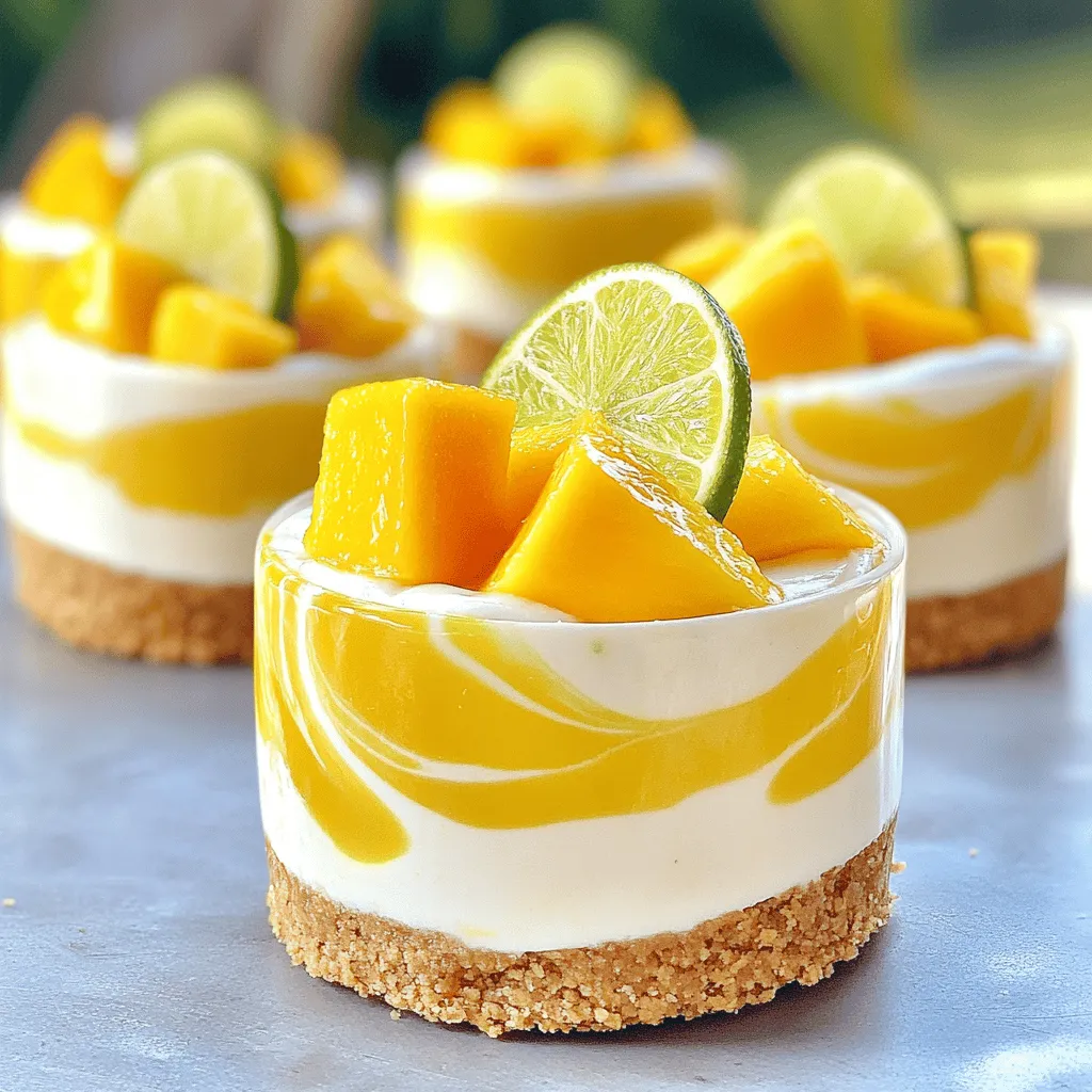 For this delightful treat, you will need the following ingredients: - 1 cup cream cheese, softened - 1/2 cup heavy whipping cream - 1/2 cup powdered sugar - Zest and juice of 2 limes - 1 cup ripe mango puree (fresh or canned) - 1 teaspoon vanilla extract - 1 cup crushed graham crackers - 2 tablespoons unsalted butter, melted Using fresh mango puree gives the best flavor. Fresh mangoes are sweet and bright. Look for mangoes that are slightly soft to the touch. If you use canned puree, choose unsweetened for the best taste. For limes, pick ones that feel heavy for their size. Ripe limes have a smooth skin. Avoid limes that are hard or have blemishes. Fresh limes give great zest and juice that brighten the dish. If you need gluten-free options, use gluten-free graham crackers. Many brands offer these now. For a vegan twist, try using plant-based cream cheese and coconut whipping cream. These substitutes work well and keep the flavor rich and creamy. To start, gather your crushed graham crackers and melted butter. In a mixing bowl, combine these two ingredients. Mix well until all the crumbs are coated in butter. This step is key for a firm crust. Next, you’ll want to layer the crust into your cups. Spoon about 2 tablespoons of the crust mixture into the bottom of each cup. Press down gently but firmly to form a solid base. It helps to use the back of a spoon for this. After pressing, set the cups aside. Now, let’s move on to the filling. In a large bowl, beat the softened cream cheese with an electric mixer. You want it to be smooth and creamy. This texture is vital for a nice cheesecake. Gradually add in the powdered sugar, lime zest, lime juice, mango puree, and vanilla extract. Mix until everything is well blended and smooth. Take your time with this. Each ingredient adds flavor. In a separate bowl, whip the heavy cream until stiff peaks form. This step is crucial for a light filling. Once ready, gently fold the whipped cream into your cheesecake mixture. Be careful not to deflate the whipped cream. Continue folding until no streaks remain. It’s time to assemble! Layer the cheesecake filling on top of the crust in each cup. Fill them about three-quarters full. Use a spatula to smooth the top. A smooth top makes for a nice look. After you finish filling the cups, refrigerate them for at least four hours. This chilling time helps the flavors meld together. For the best taste, make them a day ahead. Just before serving, garnish each cup with fresh mango chunks and a slice of lime. Enjoy your delightful treat! To get the best results, chill your cheesecake cups for at least 4 hours. This allows the filling to set properly. For better flavor, let them chill overnight. Use a shallow dish to spread the cups out. This helps cool them evenly. Want to boost the flavor? Add a touch of coconut extract for a tropical twist. You can also fold in some lime zest for extra zing. For a fun garnish, sprinkle crushed pistachios on top. They add crunch and color. Make your cheesecake cups shine! Use clear glasses to show off the layers. Top each cup with fresh mango chunks and a slice of lime. For added flair, drizzle honey over the top. This gives a sweet finish and looks stunning. {{image_2}} You can easily switch up the flavors in your mango lime cheesecake cups. Try using strawberries for a sweeter touch. Just puree fresh strawberries and mix them into the filling. If you want a tropical twist, use passion fruit. Blend the pulp into the cheesecake for a tangy flavor. You can also mix fruits. Combine mango with pineapple for a fruity explosion. These options let you play and find your favorite flavor. Want to make it sugar-free? Use a sugar substitute like stevia or erythritol in place of powdered sugar. For a low-calorie version, use low-fat cream cheese and light whipped cream. These changes can help you enjoy the dessert without guilt. Just keep in mind that the taste and texture may differ slightly. Adjust the other ingredients to maintain the balance. Cup size matters! You can use mini cups for bite-sized treats. These are great for parties or snacks. They also look cute and fun. For a more filling dessert, stick with traditional serving sizes. I often use 6-ounce cups for a satisfying treat. The choice depends on your mood and the occasion. No matter the size, these cheesecake cups will delight your taste buds! These no-bake mango lime cheesecake cups stay fresh in the fridge for about five days. Store them in an airtight container. This helps keep the creamy texture and bright flavor intact. If you want to freeze these cups, place them in a freezer-safe container. You can also wrap each cup in plastic wrap. This helps avoid freezer burn. When ready to eat, move them to the fridge for a few hours to thaw. The texture will stay creamy and smooth. You don’t need to reheat these cheesecake cups. If they become too cold, let them sit at room temperature for about 10 minutes. This will help bring back their creamy texture and make them easier to enjoy. The cheesecake cups need at least 4 hours to set in the fridge. This time helps the filling firm up and flavors meld. If you can, let them chill overnight for the best taste. Yes! You can swap the graham cracker crust for others. Try crushed cookies, nuts, or even a sponge cake base. Adjust the proportions based on your choice to keep it tasty. Absolutely! You can make these cups a day ahead. They keep well in the fridge and taste great after chilling. This is perfect for parties or when you want to save time. To keep whipped cream fluffy, start with cold heavy cream. Whip it until stiff peaks form, but don't overbeat. Gently fold it into the cheesecake mix; this way, it stays light and airy. You now have all the details to create delicious cheesecake cups. We covered ingredients, preparation steps, and tips for perfecting your recipe. Remember to choose fresh ingredients for the best flavor. Feel free to get creative with fruits or dietary needs. Keep your cheesecake cups in the fridge and enjoy them chilled. With the right care, these treats can last, letting you savor them longer. Get ready to impress your friends and family with your tasty creations!