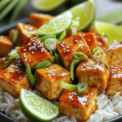 - 1 block (14 oz) firm tofu, drained and pressed - 3 tablespoons sweet chili sauce - 2 tablespoons soy sauce - 1 tablespoon lime juice (freshly squeezed) - 1 tablespoon sesame oil - 2 cloves garlic, minced - 1 teaspoon fresh ginger, grated - 1 tablespoon cornstarch - 2 green onions, sliced (for garnish) - Sesame seeds (for garnish) This simple list packs a punch. Tofu is the star, soaking up all the flavor. Sweet chili sauce gives a nice sweet and spicy touch. Lime juice adds a fresh zing, while sesame oil brings a rich taste. Garlic and ginger work together to create a warm, aromatic base for the marinade. If you can't find firm tofu, try extra-firm tofu instead. For a soy-free option, you can use tamari or coconut aminos. If you want less sweetness, reduce the amount of sweet chili sauce. You can also swap lime juice for lemon juice for a different tang. For those who love a kick, add some red pepper flakes to the marinade. You can even use agave syrup or honey in place of sweet chili sauce for a different flavor profile. - Baking sheet - Parchment paper - Mixing bowl - Whisk - Knife - Cutting board - Spatula or tongs Having the right tools makes cooking easier. A baking sheet lined with parchment paper helps with cleanup. A mixing bowl and whisk are essential for mixing the marinade. A sharp knife and cutting board make slicing the tofu quick and safe. Finally, a spatula or tongs help you flip the tofu pieces easily while baking. First, you need to prepare the tofu. Start with a block of firm tofu, about 14 ounces. Drain it and press it to remove excess water. This step is key for flavor and texture. You can use a tofu press or place the block between two plates with a weight on top. After pressing, cut the tofu into cubes or slabs, depending on how you like it. Next, it’s time to make the marinade. In a mixing bowl, combine these ingredients: - 3 tablespoons sweet chili sauce - 2 tablespoons soy sauce - 1 tablespoon lime juice (freshly squeezed) - 1 tablespoon sesame oil - 2 cloves garlic, minced - 1 teaspoon fresh ginger, grated Whisk these together until they blend well. This marinade packs a punch of flavor, and it will soak into the tofu. Add the tofu pieces to the bowl and gently toss them to coat. Let the tofu marinate for at least 15 minutes. This wait time is worth it for extra flavor! Now, it’s time to bake the tofu. Preheat your oven to 400°F (200°C) and line a baking sheet with parchment paper. Once the tofu has marinated, sprinkle 1 tablespoon of cornstarch over the tofu. Toss gently to coat every piece. The cornstarch helps create a crispy texture when baked. Arrange the tofu in a single layer on the baking sheet. Bake for about 25 to 30 minutes. Make sure to turn the pieces halfway through. This ensures even cooking and helps them get golden brown. Once the tofu is done, take it out of the oven and let it cool slightly. It’s now ready for serving! Enjoy your Sweet Chili Lime Baked Tofu as a healthy and tasty meal. When making Sweet Chili Lime Baked Tofu, avoid these mistakes: - Skipping the pressing: Always press the tofu. This helps remove excess water. - Not marinating long enough: Let the tofu soak up the marinade for at least 15 minutes. - Adding too much cornstarch: You want a light coating for crispiness, not a thick layer. - Crowding the pan: Arrange the tofu in a single layer for even cooking. To make the flavors pop, consider these tips: - Use fresh ingredients: Fresh garlic and ginger make a big difference. - Add zest: Grate some lime zest into the marinade for extra brightness. - Experiment with spices: A pinch of chili flakes or cayenne can add heat. - Garnish wisely: Top with green onions and sesame seeds for texture and taste. Getting the right texture is key to great tofu: - Choose firm tofu: It holds its shape better during cooking. - Cornstarch is a must: It creates that crispy outer layer. - Bake at the right temperature: Keep your oven at 400°F for the best results. - Flip halfway: This helps both sides brown evenly. {{image_2}} You can swap tofu for other proteins. Tempeh works great and has a nutty taste. Chickpeas are another option for a plant-based meal. If you prefer meat, try chicken or shrimp. Both can absorb the marinade well. Just adjust cooking times for these proteins. This recipe is already vegan, but you can make it gluten-free. Simply use tamari instead of soy sauce. Tamari gives a similar taste without gluten. If you want a nutty flavor, try almond sauce. It adds depth and keeps it vegan-friendly. You can change the flavor with different sauces. Add sriracha for heat or peanut sauce for creaminess. Lime zest can enhance the lime flavor. You can also try fresh herbs like cilantro or basil for a fresh twist. Spice it up with curry powder or smoked paprika for extra warmth. To store your Sweet Chili Lime Baked Tofu, let it cool first. Place it in an airtight container. This keeps the tofu fresh and tasty. Make sure to store it in the fridge. It stays good for up to 4 days. When you want to enjoy your leftovers, reheating is key. You can use the oven or a pan. If using the oven, preheat it to 350°F (175°C). Place the tofu on a baking sheet and heat for about 10 minutes. If using a pan, add a little oil over medium heat. Cook for about 5 minutes, turning gently. This helps keep the tofu crispy. If you want to freeze the tofu, do it before baking. Cut the tofu into cubes and marinate it. Place the marinated pieces in a freezer bag. Remove as much air as possible before sealing. It can stay in the freezer for up to 3 months. When you're ready, thaw it in the fridge overnight. Then bake it as instructed. This method gives you a quick meal option. To press tofu, start by draining the water. Wrap the tofu block in a clean kitchen towel. Place a plate on top and add something heavy, like a can. Let it sit for 20 to 30 minutes. This method removes excess water and makes the tofu firmer. You can also use a tofu press for better results. Pressing helps the tofu absorb more flavor from your marinade. Yes, you can use less chili sauce if you want a milder taste. Start by cutting the amount in half. You can also add a bit of honey or sugar to balance the flavors. This way, you still get a sweet and tangy taste without too much heat. Just remember, less sauce means less flavor, so adjust to your liking. Tofu is cooked properly when it turns golden brown and crispy. Check for a firm texture and a nice crust on the outside. Baking for 25 to 30 minutes works well. You can also flip the tofu halfway through to ensure even cooking. If it looks golden and feels firm, it's ready to enjoy! Tofu is versatile and easy to prepare. We explored its ingredients, tools, and step-by-step instructions for baking. You learned common mistakes to avoid and tips to boost flavor. Variations show you how to mix up proteins and sauces. Remember to store leftovers properly and use the reheating methods for the best taste. Cooking tofu can be a fun experience. Dive in, try these techniques, and enjoy your meal!