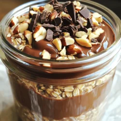 - 1 cup rolled oats - 2 cups almond milk (or any milk of choice) - 2 tablespoons cocoa powder - 2 tablespoons chocolate hazelnut spread (like Nutella) - 1 tablespoon chia seeds - 1 tablespoon maple syrup (or honey) - 1/4 teaspoon vanilla extract - Pinch of salt - Toppings: Chopped hazelnuts and dark chocolate shavings To make Chocolate Hazelnut Overnight Oats, you need simple and tasty ingredients. Start with rolled oats. They give you the right texture. Next, grab almond milk or your favorite milk. This adds creaminess. Cocoa powder brings rich chocolate flavor. The chocolate hazelnut spread adds sweetness and more chocolate. Chia seeds help thicken the oats and add fiber. Use maple syrup or honey to sweeten the mix. A touch of vanilla extract brightens the flavor. A pinch of salt balances everything. For toppings, chopped hazelnuts add crunch, while dark chocolate shavings offer a decadent finish. You can mix and match these ingredients to suit your taste. Try using different milks or sweeteners to create your perfect bowl of oats. Make sure to gather everything before you start. Having all your ingredients ready makes cooking fun and easy! - In a large mixing bowl, combine 1 cup of rolled oats, 2 cups of almond milk, 2 tablespoons of cocoa powder, and 2 tablespoons of chocolate hazelnut spread. - Add 1 tablespoon of chia seeds, 1 tablespoon of maple syrup, and 1/4 teaspoon of vanilla extract. Don't forget a pinch of salt. - Whisk until smooth and well combined. If the chocolate hazelnut spread feels thick, use a fork to mix it well. - Divide the mixture evenly into two jars or containers with lids. - Cover the jars tightly and refrigerate overnight. This allows the oats to soak and soften. - For the best texture, let them soak for at least 6 hours. - In the morning, take the jars out and stir the oats. They may thicken while chilling. - Top each jar with chopped hazelnuts and dark chocolate shavings. These add great texture and a rich flavor. To make your oats just right, you can adjust the sweetness. If you like it sweet, add more maple syrup or honey. If you prefer less sweetness, use less. Each person has their own taste, so feel free to experiment. You can also change the milk for different flavors. Almond milk is my favorite, but you can use oat milk, coconut milk, or even regular milk. Each type brings a unique taste to your oats. These oats are great for busy mornings. You can grab a jar and eat it on-the-go. They also make a quick snack anytime. To make them look nice, layer the oats and toppings in a clear jar. This way, you can see the layers. It makes eating them more fun! Store your overnight oats in the fridge. Use airtight jars to keep them fresh. They last for up to five days. If they start to smell funny or look off, it is best to throw them away. Always check before you eat! Refrigerate them for at least six hours. This allows the oats to soak up the milk and soften. If you want the best texture, let them sit overnight. {{image_2}} You can change the taste of your Chocolate Hazelnut Overnight Oats easily. Try using different nut butters. Almond or peanut butter works great. You can also add fruits. Sliced bananas or fresh berries give a nice twist. These additions make the dish even more fun and tasty. If you want to make it vegan or dairy-free, just swap the milk. Any plant-based milk like oat or soy works well. For gluten-free options, make sure to use certified gluten-free oats. This way, everyone can enjoy your creamy oats without worries. To make your overnight oats even healthier, consider adding protein powder or Greek yogurt. This adds extra protein for energy. You can also incorporate seeds like flaxseeds or chia seeds. Superfoods like hemp hearts or spirulina can give your oats a nutrient boost. These simple changes make a big difference in how filling and nutritious your breakfast can be. To keep your Chocolate Hazelnut Overnight Oats fresh, use glass or plastic jars with tight lids. These containers prevent spills and keep out air. Store your oats in the fridge at a temperature of 40°F (4°C) or lower. This temperature slows down bacteria growth and keeps your oats safe to eat. You can store overnight oats for up to five days. After this time, they may lose texture and flavor. Signs that your oats are no longer good include a sour smell, an off-taste, or a watery layer on top. If you notice any of these signs, it’s best to toss them out. You can enjoy your overnight oats cold or warm. If you want to heat them, it’s best to add a splash of milk to help with texture. Warm your oats in the microwave for about 30-60 seconds. Stir them well and check the temperature before eating. Enjoy your oats however you like! Yes, you can make these oats ahead of time. I suggest preparing them the night before you want to eat them. This way, they have time to soak and get soft. You can also make them up to three days in advance. Just store them in the fridge in jars or containers. Absolutely! This recipe works great for meal prepping. You can store multiple servings for the week. Just divide the oats into separate jars. Cover them and keep them in the fridge. Each morning, grab a jar, and you're ready to go! If you want to switch things up, try using other spreads. Peanut butter or almond butter are tasty options. You can even use fruit spreads for a different flavor. Just make sure they fit your dietary needs. This blog post showed you how to make chocolate hazelnut overnight oats. We covered all the ingredients, step-by-step instructions, and handy tips. You learned ways to customize the flavor and boost nutrition. Remember, these oats can be a quick breakfast or snack. Store them properly in the fridge for freshness. Get creative with different toppings and flavors. Enjoy this easy recipe and make it your own!