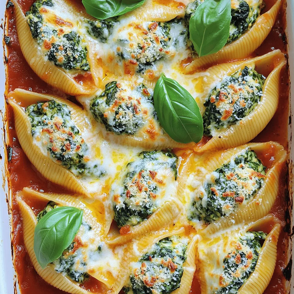 - 20 jumbo pasta shells - 2 cups ricotta cheese - 1 cup fresh spinach, chopped - 1 cup shredded mozzarella cheese, divided - 1/2 cup grated Parmesan cheese - 1 large egg - 2 cloves garlic, minced - 1 teaspoon dried basil - 1 teaspoon dried oregano - 1/2 teaspoon salt - 1/4 teaspoon black pepper - 3 cups marinara sauce - Fresh basil leaves for garnish To make these creamy spinach ricotta stuffed shells, you need a few main ingredients. Jumbo pasta shells hold the filling well and add a fun shape. Ricotta cheese gives a creamy base that pairs perfectly with spinach. Fresh spinach adds color and nutrients. Mozzarella cheese adds a stretchy texture when melted. Parmesan cheese gives a nice salty bite. The egg binds all the ingredients together. Garlic, basil, oregano, salt, and pepper bring out the flavors. Marinara sauce adds a rich taste and moisture to the dish. Finally, fresh basil leaves make a lovely garnish. - Non-dairy cheese options: You can use cashew cheese or almond cheese for a vegan version. - Gluten-free pasta alternatives: Look for gluten-free jumbo shells made from rice or corn. - Spinach substitutes: You can use frozen spinach. Just thaw and drain it well. Cooked greens, like kale, work too. - Calories per serving: About 400 calories. - Macronutrients breakdown: 25g protein, 30g carbs, 20g fat. - Dietary considerations: This dish is vegetarian. You can make it low-carb by using zucchini noodles instead of shells. These ingredients and tips help you create a delicious meal. Enjoy your cooking adventure! First, cook the jumbo pasta shells. Follow the package instructions until they are al dente. This means they should be firm but cooked through. After cooking, drain the shells. Let them cool slightly in a colander. This helps prevent burns when you stuff them. Next, it's time to make the filling. In a large bowl, combine the ricotta cheese and chopped spinach. Add half a cup of mozzarella cheese, grated Parmesan cheese, and one large egg. Don't forget the minced garlic, dried basil, oregano, salt, and black pepper. Mix it all together until it's smooth. If the mix feels too thick, add a splash of water to achieve the perfect consistency. You want a creamy filling that holds together well. Now, spread one cup of marinara sauce evenly on the bottom of a 9x13 inch baking dish. This sauce adds flavor and moisture to the shells. Take each cooked shell and stuff it generously with the ricotta and spinach mixture. Place them seam-side up in the dish, right on top of the sauce. Once all the shells are arranged, pour the rest of the marinara sauce over them. Top it off with the remaining mozzarella cheese. Cover the dish with aluminum foil and bake in your preheated oven for 25 minutes. After that, remove the foil and bake for another 10 to 15 minutes. The cheese should be bubbly and slightly golden when done. Let it cool for a few minutes before serving. Garnish with fresh basil leaves for a lovely touch. Enjoy your meal! - Overstuffing shells: It can cause the filling to spill out while baking. Use just enough filling to fill the shell comfortably. - Not draining pasta properly: If you leave water on the shells, it can make them soggy. Drain them well and let them cool slightly. - Ensuring even cooking: Make sure to place the stuffed shells seam-side up. This helps them cook evenly and stay intact. - How to prevent cheese from burning: Cover the dish with foil for the first part of baking. This softens the heat and keeps the cheese from browning too much. - Adding fresh herbs: Toss in fresh basil or parsley to the filling. This adds a nice burst of flavor. - Alternative seasoning ideas: Try adding a pinch of red pepper flakes for a bit of heat. You can also experiment with different dried herbs like thyme or rosemary. {{image_2}} You can mix up the cheese in these stuffed shells. Try using goat cheese or feta for a tangy twist. These cheeses add a unique flavor that pairs well with spinach. Cream cheese is another great choice. It makes the filling extra creamy and rich. This adds a whole new layer of taste! Want to make your dish heartier? You can add proteins to the filling. Cooked chicken or sausage works well. Just chop them finely before mixing in. If you prefer a meatless option, try adding tofu or lentils. Both add protein and keep it vegetarian. This way, you can enjoy stuffed shells that meet your dietary needs. Sauce can change the whole dish. Instead of marinara, consider using pesto for a fresh flavor. It adds a bright and herbaceous taste. Alfredo sauce is another creamy option. It gives a richer flavor that pairs nicely with the stuffed shells. Experiment with different sauces to find your favorite combo! To keep your leftover Creamy Spinach Ricotta Stuffed Shells fresh, follow these steps: - Refrigerating leftovers: Place the stuffed shells in an airtight container. They can stay in the fridge for about 3 to 5 days. Make sure to cover them well with plastic wrap or a lid. - Freezing for later use: If you want to save them for a longer time, freeze the shells. Place them in a freezer-safe container. They can last up to 2 months. For best results, freeze them before baking. Just wrap them tightly to stop freezer burn. When it’s time to enjoy your leftovers, here’s how to reheat them: - Best methods for reheating: You can use either the microwave or the oven. If you use the microwave, cover the dish with a microwave-safe lid. This keeps moisture in. For the oven, preheat it to 350°F (175°C) and cover the dish with foil. - Duration for microwave vs oven: In the microwave, heat for about 3 to 5 minutes. Check if they are hot all the way through. In the oven, heat for about 20 minutes. Remove the foil for the last few minutes to get that cheese bubbly again. Knowing how long you can keep these shells helps avoid waste: - How long can you keep it? The stuffed shells stay fresh in the fridge for about 3 to 5 days. If frozen, they last up to 2 months. - Signs of spoilage: Look for changes in smell or color. If they smell sour or look discolored, it’s best to toss them out. Always trust your senses to keep your meals safe. Yes, you can prepare these stuffed shells ahead of time. Here’s how: - Assemble the dish: Stuff the shells and place them in the baking dish. - Cover with sauce: Pour marinara sauce on top and sprinkle with cheese. - Wrap it: Cover the dish tightly with plastic wrap or aluminum foil. - Chill: Store in the fridge for up to 24 hours before baking. When ready to bake, just remove the cover and bake as directed. If the shells are cold, you may need to add a few extra minutes to the baking time. Stuffed shells go well with several sides. Here are some tasty options: - Garlic bread: A classic choice for scooping up sauce. - Caesar salad: Crisp romaine with creamy dressing adds freshness. - Steamed veggies: Broccoli or green beans bring color and nutrition. - Antipasto platter: A mix of olives, cheeses, and cured meats pairs nicely. To make this dish gluten-free, choose gluten-free pasta shells. Here are some tips: - Pasta brands: Look for brands like Barilla or Tinkyada that offer gluten-free options. - Check sauces: Ensure your marinara sauce is also gluten-free. - Cross-contamination: Use clean utensils and surfaces to avoid gluten contact. These small changes keep your meal safe for gluten-sensitive eaters. Covering the dish while baking helps cook the shells evenly. Here’s what happens: - Steaming effect: Covering traps steam, keeping the shells moist. - Cooking time: Bake covered for the first 25 minutes, then uncover. - Cheese texture: Uncovering allows the cheese to brown and bubble nicely. This method gives you a perfect blend of moisture and crispy top. You now have everything to make delicious Creamy Spinach Ricotta Stuffed Shells. We covered the key ingredients, their substitutes, and how to prepare them. I shared tips for avoiding common mistakes and enhancing flavors. You can explore variations to suit your taste, and I provided storage options to keep your dish fresh. With this guide, you can create a delightful meal that your family will love. Enjoy culinary creativity and share your tasty creations! Cooking can bring joy, and I hope you have fun making these stuffed shells.