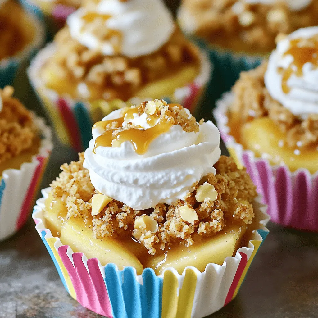 To make these tasty treats, you need a few key ingredients: - 3 medium apples (Granny Smith or Fuji), peeled and diced - 1 tablespoon lemon juice - 1 teaspoon cinnamon - 1/4 teaspoon nutmeg - 1/4 cup brown sugar - 1/2 cup all-purpose flour - 1/2 cup rolled oats - 1/4 cup unsalted butter, melted - 1/4 cup granulated sugar - 1 cup caramel sauce (store-bought or homemade) - Whipped cream (for serving) - Optional: Chopped nuts for garnish These ingredients come together to create a warm, sweet dessert that you will love. It’s important to measure your ingredients accurately. Here’s a quick guide: - Apples: Use 3 medium apples, which should be about 1 1/2 pounds. - Sugar: For sweetening, use 1/4 cup brown sugar and 1/4 cup granulated sugar. - Flour and Oats: You’ll need 1/2 cup of each for the crumble. - Butter: Melt 1/4 cup of unsalted butter to bind the crumble together. Measuring helps ensure the right balance of flavors. You can personalize your dessert with some fun options: - Chopped nuts: Add walnuts or pecans on top for crunch. - Caramel drizzle: Use extra caramel sauce for a rich finish. - Alternative fruits: Try pears or peaches for a twist. - Gluten-free option: Substitute all-purpose flour with almond flour. These garnishes and substitutions make the dish your own and keep it exciting each time you bake. Start by peeling and dicing three medium apples. I love using Granny Smith or Fuji apples for their sweet and tart flavor. Place the diced apples in a mixing bowl. Add one tablespoon of lemon juice to keep them from browning. Then, sprinkle in one teaspoon of cinnamon, a pinch of nutmeg (1/4 teaspoon), and 1/4 cup of brown sugar. Toss everything well until the apples are fully coated. Let the mixture sit for a bit. This step helps the flavors mix and the apples to soften. In another bowl, combine 1/2 cup of all-purpose flour, 1/2 cup of rolled oats, and 1/4 cup of granulated sugar. Pour in 1/4 cup of melted unsalted butter. Use your hands or a fork to mix these ingredients together. The goal is to create a crumbly texture. You want some big chunks and some smaller bits for a nice crunch. This crumble will sit on top of your apples and create that delicious contrast. Now, it’s time to assemble! Preheat your oven to 350°F (175°C). Line your muffin tin with cupcake liners or grease them well. Start by adding a spoonful of the apple mixture into each cup. Make sure to fill them nicely. Next, top each cup generously with the crumble mixture. Bake in the oven for 20-25 minutes. Look for a golden brown crumble and tender apples. Once baked, let them cool for a few minutes. Drizzle warm caramel sauce over the tops before serving. Enjoy your warm and tasty dessert! To make these crumble cups easy, prep the apples first. You can slice and mix them the day before. Just store them in the fridge. This keeps apples fresh and saves time. You can also make the crumble ahead. Store it in an airtight container for up to three days. When you are ready, just assemble and bake. I recommend using Granny Smith or Fuji apples. Granny Smith apples give a nice tart flavor. They hold their shape while baking. Fuji apples are sweet and juicy. They make the dessert rich and tasty. You can mix these two types for a balanced flavor. Avoid soft apples, like Red Delicious, as they can turn mushy. Serve these cups warm for the best taste. Top each cup with whipped cream for creaminess. You can drizzle extra caramel sauce on top for added sweetness. Chopped nuts add a nice crunch. Try using walnuts or pecans for extra flavor. Pair these cups with vanilla ice cream for a delightful treat. Enjoy these with family or friends for a cozy dessert night. {{image_2}} You can change up the toppings for your Caramel Apple Crumble Cups. Here are some fun ideas: - Chopped Nuts: Add walnuts or pecans on top for crunch. - Coconut Flakes: Sprinkle unsweetened coconut for a tropical twist. - Chocolate Chips: Mix in dark or milk chocolate chips for extra sweetness. - Caramel Drizzle: Go wild with more caramel sauce for a gooey touch. These toppings add flavor and texture. Feel free to mix and match what you love. You can easily tweak the flavors in your cups. Here are some simple swaps: - Spices: Try adding ginger or allspice for warmth. - Extracts: A dash of vanilla or almond extract can enhance the taste. - Fruit: Mix in pears or berries with the apples for different flavors. These changes make each batch unique. Get creative and find your favorite combos. You can make these cups vegan or gluten-free. Here’s how: - Vegan: Use coconut oil instead of butter. Swap the whipped cream for coconut cream. - Gluten-Free: Use gluten-free flour and oats. Check labels to ensure they are certified gluten-free. These options let everyone enjoy this treat. You can adapt the recipe to fit your needs while keeping it delicious. After you make your caramel apple crumble cups, let them cool. Place them in an airtight container. This keeps them fresh. You can store them in the fridge for best results. If you want to keep them longer, wrap them tightly in plastic wrap first. This helps prevent freezer burn. When you're ready to enjoy your cups again, preheat your oven to 350°F (175°C). Place the cups on a baking sheet. Heat them for about 10 minutes, or until warm. You can also use a microwave. Heat them for 20-30 seconds. Be sure to check that they are warm all the way through. These caramel apple crumble cups last about 3-4 days in the fridge. If you freeze them, they can last up to 3 months. To freeze, wrap each cup in plastic wrap. Then, place them in a freezer bag. When you're ready, thaw them in the fridge overnight. Then, reheat as mentioned above. Enjoy! Yes, you can use various apples. Each type offers a unique taste. I like using Granny Smith for a tart flavor. Fuji apples add more sweetness. You can mix them too! Just ensure they are firm so they hold up while baking. Avoid mushy apples for the best texture. Making caramel sauce is easy! Here’s a quick recipe: 1. Ingredients: Use 1 cup of sugar, 6 tablespoons of butter, and 1/2 cup of heavy cream. 2. Steps: - In a pot, heat the sugar over medium heat. - Stir until it melts and turns amber. - Add butter, and mix well. - Slowly pour in the cream while stirring. - Cook for 1-2 minutes until smooth. Let it cool before drizzling over your crumble cups. You can use coconut oil or a vegan butter. Both will work well in the crumble. If you want a nutty flavor, try using almond butter. Just melt it and mix it in like you would with regular butter. This way, you still get that perfect crumble texture! Caramel apple crumble cups combine sweet apples and rich flavors. We discussed essential ingredients, measurements, and options for garnishes. I outlined steps for prepping apples, making the crumble, and baking your cups. Remember to check the tips for making ahead and the best apples to use. Explore variations with toppings and storage tips to keep them fresh. Finally, the FAQs cover substitutions and more. Enjoy making this tasty treat as much as I do!