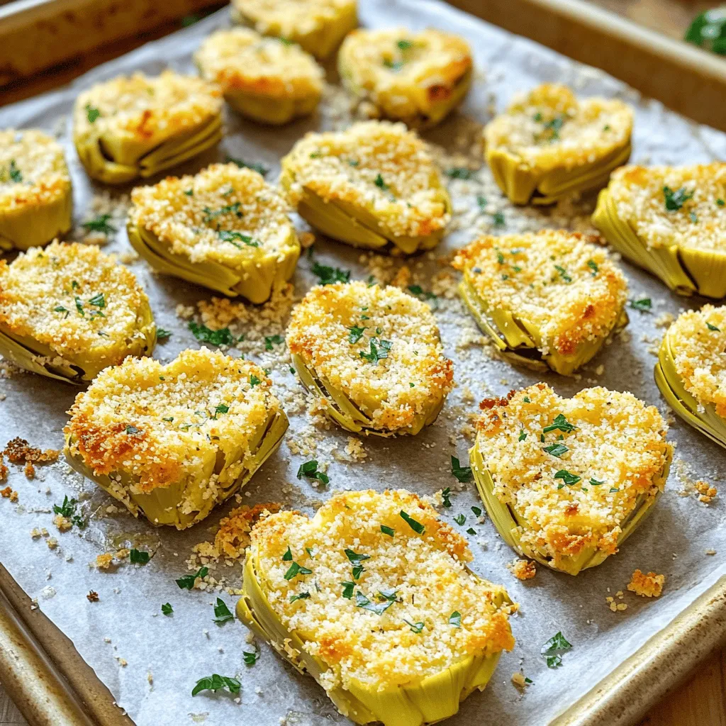 - Artichoke Hearts: You need one can (14 oz) of artichoke hearts. Make sure to drain and rinse them well. This step helps remove any brine. - Gluten-Free Breadcrumbs: Use one cup of gluten-free breadcrumbs. They add crunch and texture to the dish. You can find them at most grocery stores. - Grated Parmesan Cheese: You will need half a cup of grated Parmesan cheese. This cheese gives a rich flavor and helps the coating stick. - Garlic and Spices: Use three cloves of minced garlic. Add one teaspoon each of dried oregano and paprika. Also, add half a teaspoon of black pepper and a quarter teaspoon of salt. These spices enhance the taste. - Eggs and Garnish: You need two large eggs for binding. For garnish, use a quarter cup of fresh parsley, chopped. It adds color and freshness to your dish. - Olive Oil Spray: A light spray helps the artichoke hearts crisp up nicely in the oven. It’s an easy way to add a little oil without excess. This combination of ingredients creates a savory, crunchy treat. You can enjoy these crispy garlic Parmesan artichoke hearts as a snack or appetizer. Start by preheating your oven to 400°F (200°C). This heat gives the artichoke hearts a nice crisp. While the oven warms, line a baking sheet with parchment paper. This helps prevent sticking and makes for easy cleanup. In a shallow bowl, mix the following ingredients: - 1 cup gluten-free breadcrumbs - 1/2 cup grated Parmesan cheese - 3 cloves garlic, minced - 1 teaspoon dried oregano - 1 teaspoon paprika - 1/2 teaspoon black pepper - 1/4 teaspoon salt Stir these together until they are well combined. The mixture should look like a tasty, cheesy blend. In another bowl, whisk 2 large eggs until blended. This egg wash helps the coating stick. Dip each artichoke heart into the egg, covering it fully. Then roll it in the breadcrumb mixture. Make sure each piece is well coated. Place the coated artichoke hearts on the baking sheet. Repeat until all hearts are covered. Once all the artichoke hearts are on the sheet, lightly spray them with olive oil. This step is key to achieving that golden, crispy texture. Place the baking sheet in the oven and bake for 20-25 minutes. Keep an eye on them to prevent burning. When they turn golden brown, they are ready to come out. Allow them to cool for a few minutes, then garnish with fresh parsley before serving. To get the best crispiness, use gluten-free breadcrumbs. They create a great texture. Remember to spray the artichokes with olive oil before baking. This step helps them turn golden and crunchy. Bake them at 400°F (200°C) for 20-25 minutes. Keep an eye on them to avoid burning. You can switch up the coating for more flavor. Try using panko breadcrumbs for extra crunch. You can also add grated cheese to the breadcrumb mix. Mix in some Italian herbs for a twist. For a spicy kick, add a pinch of cayenne pepper. Adjust the flavors to match your taste. Crispy Garlic Parmesan Artichoke Hearts work well as a snack or appetizer. Serve them with a zesty dipping sauce, like marinara or ranch. You can also pair them with a fresh salad for a light meal. Garnish with fresh parsley to add color and flavor. Enjoy these bites with friends or family at parties. {{image_2}} You can spice up these crispy garlic Parmesan artichoke hearts in many ways. Try adding some crushed red pepper for heat. A bit of lemon zest can give a bright touch. For a smoky flavor, swap regular paprika for smoked paprika. You can even add herbs like thyme or rosemary for extra depth. Experimenting with flavors keeps the dish exciting. This recipe is already gluten-free with the use of gluten-free breadcrumbs. However, if you don't need gluten-free, you can use regular breadcrumbs. Both options work well and provide a nice crunch. Just remember, if you choose regular breadcrumbs, adjust the seasoning as needed for balance. For a vegetarian twist, this recipe is perfect as is. To make it vegan, replace eggs with a flaxseed mixture or aquafaba. Both options help the breadcrumbs stick to the artichokes. Use vegan Parmesan cheese instead of regular cheese for a dairy-free version. These changes make this dish suitable for everyone at your table. Enjoy getting creative with these variations! Once you finish your delicious crispy garlic Parmesan artichoke hearts, store leftovers in an airtight container. Place them in the fridge. They stay fresh for about three days. If you need to keep them longer, consider freezing them. To enjoy your leftovers, preheat the oven to 375°F (190°C). Place the artichoke hearts on a baking sheet. Heat them for about 10-15 minutes. This method helps keep them crispy. You can also use an air fryer to reheat them. Just set it to 350°F (175°C) and heat for about 5-7 minutes. To freeze, let the artichoke hearts cool completely. Lay them in a single layer on a baking sheet. Freeze until solid, then transfer to a freezer bag. Remove as much air as possible before sealing. They can last in the freezer for up to two months. When ready to eat, thaw in the fridge overnight before reheating. You can tell when the artichoke hearts are done by their color and texture. They should be golden brown and crispy. The baking time is usually around 20 to 25 minutes. Keep an eye on them. If they look too brown, take them out early. Let them cool for a few minutes before serving. This will help the crispiness last longer. Yes, you can use fresh artichokes! However, fresh artichokes require more work. You need to trim, cook, and prepare them. Start by steaming or boiling them until tender. Once they cool, cut them into quarters. Make sure to remove the fuzzy center. After prepping, follow the same breading and baking steps. Fresh artichokes will add a nice flavor and texture. Crispy Garlic Parmesan Artichoke Hearts pair well with many dishes. You can serve them as an appetizer or side dish. Try them with a tangy dip, like ranch or marinara sauce. They also go great with salads, pasta, or grilled meats. For a light meal, serve them with a fresh vegetable platter. Enjoy experimenting with different pairings to find your favorite! In this article, we explored how to make crispy garlic Parmesan artichoke hearts. We covered needed ingredients, step-by-step baking instructions, and tips for extra crispiness. Variations allow you to play with flavors and dietary needs. Now you know how to store leftovers and reheat them properly. Enjoy making this dish for yourself or to share. It’s simple and delicious! You’ll impress everyone with your first bite.
