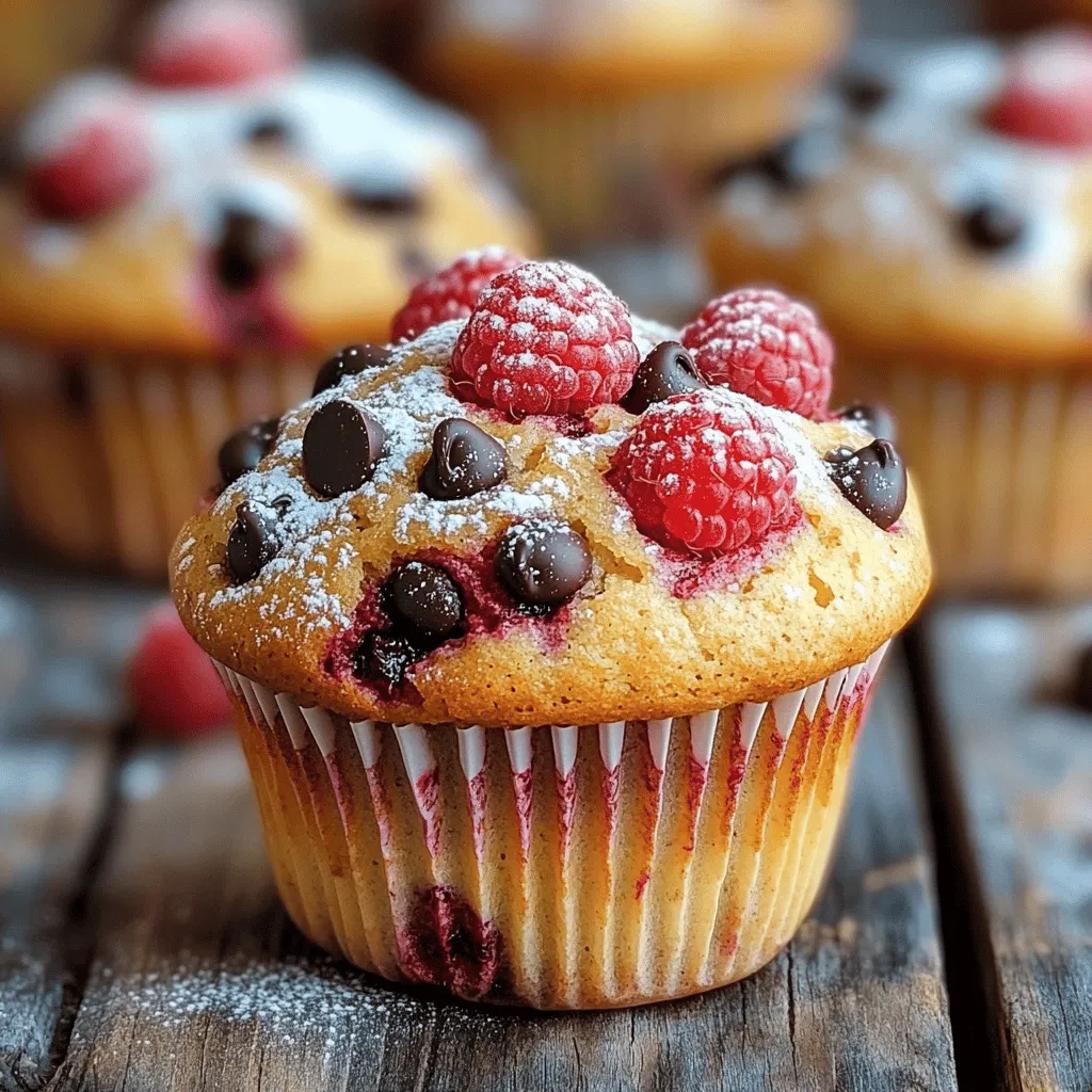 To make these muffins, you need fresh ingredients for the best flavor. Here’s what you will need: - 1 cup fresh raspberries - 1 cup all-purpose flour - 1/2 cup chocolate chips (semi-sweet or dark) - 1/2 cup sugar - 1/2 cup plain Greek yogurt - 1/4 cup vegetable oil - 2 large eggs - 1 teaspoon vanilla extract - 1 teaspoon baking powder - 1/2 teaspoon baking soda - 1/4 teaspoon salt Each item plays an important role. Raspberries bring tartness, while chocolate chips add sweetness. Greek yogurt makes the muffins moist and fluffy. Measuring ingredients correctly is key. Use a dry measuring cup for flour and sugar. For liquids, a clear measuring cup is best. If you don’t have Greek yogurt, you can use regular yogurt. It will still work well, but it might change the texture slightly. If you want a dairy-free option, use almond milk yogurt instead of Greek yogurt. You can also swap vegetable oil for melted coconut oil. Each swap will give a different taste, so feel free to experiment! If you need gluten-free muffins, use a gluten-free flour blend. Many blends work as a one-to-one substitute. Always check the label to ensure it is gluten-free. For a dairy-free version, stick with the yogurt swap mentioned earlier. These muffins can fit many diets. They are easy to customize for your needs, making them a great choice for everyone at the table. First, you need to preheat your oven. Set it to 375°F (190°C). This step is key to getting those muffins nice and fluffy. Next, grab your muffin pan. Line it with paper liners. If you don’t have any, just spray it with non-stick cooking spray. This will help your muffins pop out easily. In a large bowl, add the sugar, Greek yogurt, vegetable oil, eggs, and vanilla extract. Use a whisk to mix them together well. You want this mixture to be smooth and creamy. This blend adds moisture and sweetness to your muffins. Make sure to mix until no lumps are left. In another bowl, combine the flour, baking powder, baking soda, and salt. Stir these dry ingredients together. This ensures that the baking powder and soda spread evenly throughout the batter. Now, slowly add the dry mix to the wet mix. Stir gently. Be careful not to overmix; it’s okay if the batter is a bit lumpy. Now it's time to fold in the raspberries and chocolate chips. Do this carefully, so they don’t break apart. Next, divide the batter among the muffin cups, filling each about two-thirds full. Place the muffin pan in your preheated oven. Bake for 18-20 minutes. To check if they are done, insert a toothpick into the center of a muffin. If it comes out clean, your muffins are ready. Let them cool in the pan for about five minutes before moving them to a wire rack. To get the best muffin texture, mix your batter just right. Start by whisking the wet ingredients until smooth. When you add the dry mix, stir gently. It's okay if the batter is a bit lumpy. Overmixing makes muffins tough, and we want them soft and fluffy. Make sure to fold in the raspberries and chocolate chips carefully. This keeps them whole and juicy. If you have any muffins left, cool them completely first. Place them in an airtight container at room temperature. They stay fresh for about two days. For longer storage, you can freeze them. Just wrap each muffin in plastic wrap and then in foil. They last well in the freezer for about three months. When you're ready to eat one, let it thaw, or warm it in the microwave for a few seconds. These muffins shine when served warm. A light dusting of powdered sugar on top makes them look fancy. You can add a dollop of whipped cream or a scoop of ice cream for a treat. Pair them with a hot cup of coffee or tea for a perfect morning. They also work well as a sweet snack in the afternoon. Enjoying them fresh out of the oven is simply the best! {{image_2}} You can switch raspberries with other fruits. Blueberries work great and add a nice pop of color. Strawberries also taste amazing in muffins. Just chop them up into small pieces before adding them to the batter. Each fruit brings its own flavor, making your muffins unique. You have choices when it comes to chocolate. Semi-sweet chips are a classic, but dark chocolate gives a richer taste. If you prefer milk chocolate, it adds sweetness. Feel free to mix different types of chocolate for fun flavors. This variety helps you find your perfect muffin combination. Want a healthier muffin? You can try using whole wheat flour instead of all-purpose flour. It adds fiber and nutrients. For sweetness, consider sugar substitutes like honey or maple syrup. These options can lower sugar while keeping the taste yummy. You can also use Greek yogurt for extra protein while keeping it moist. To keep your raspberry chocolate chip muffins fresh, store them at room temperature. Place them in an airtight container. If you stack them, separate layers with parchment paper. This helps avoid squishing. Muffins stay good for about 2 to 3 days. If you want them to last longer, consider freezing. Freezing is a great way to save muffins for later. Let them cool completely first. Wrap each muffin tightly in plastic wrap. Then, place them in a freezer bag. Make sure to remove as much air as possible before sealing. Frozen muffins can last up to 3 months. When you’re ready to eat, just thaw them overnight in the fridge. Reheating muffins can bring back their fresh taste. You can use an oven or microwave. For the oven, preheat it to 350°F (175°C). Place the muffins on a baking sheet for about 10 minutes. For the microwave, heat each muffin for about 15 to 30 seconds. This warms them up without drying them out. Enjoy your muffins warm for the best flavor! Yes, you can make these muffins ahead of time. Bake them and let them cool completely. Once they cool, store them in an airtight container. Keep them at room temperature for up to three days. If you want to keep them longer, freeze them. Wrap each muffin in plastic wrap, then place them in a freezer bag. They can last up to three months in the freezer. To check if the muffins are done baking, use a toothpick. Insert the toothpick in the center of a muffin. If it comes out clean, the muffins are ready. They should be lightly golden on top. You can also gently press the top. It should spring back, showing it is done. Yes, you can use frozen raspberries. Just remember to thaw them first and drain any excess moisture. This helps keep the batter from getting too wet. Frozen raspberries may break apart more than fresh ones, but they still taste great. The muffins will have a slightly different texture, but they will still be delicious. If your muffins are dense, it may be due to overmixing the batter. Mix the wet and dry ingredients just until combined. Another reason can be using too much flour. Make sure to measure it correctly. Use a spoon to fluff the flour before scooping. If needed, add a bit more baking powder to help them rise. You can create delicious raspberry chocolate chip muffins by using fresh ingredients and simple steps. Start with a good mix of wet and dry ingredients for the best texture. Don't forget to check for doneness before taking them out of the oven. If you want to switch things up, try different fruits or chocolate types. Remember, storing muffins properly helps keep them fresh longer. Experiment and have fun with the recipes. You’ll enjoy these muffins at any time!