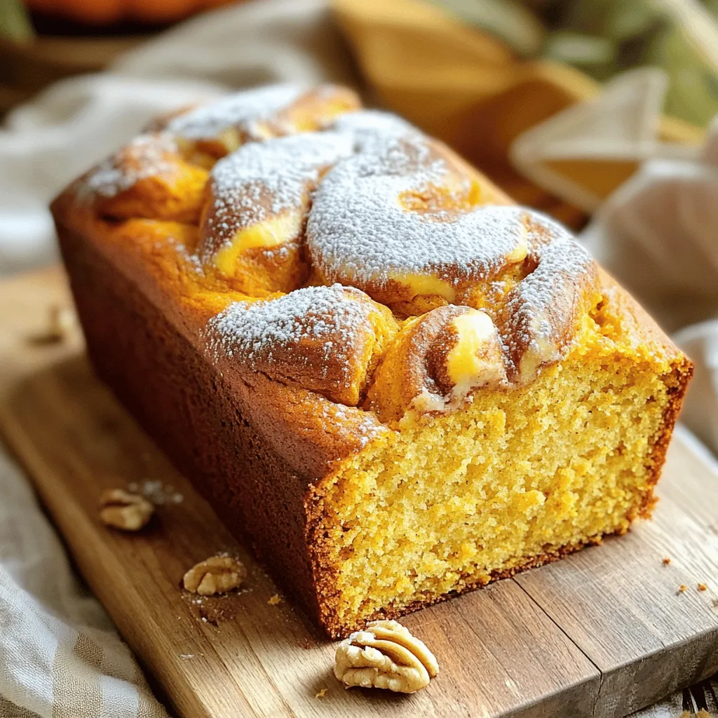 For the dry mix, you need: - 1 ½ cups all-purpose flour - 1 teaspoon baking soda - ½ teaspoon baking powder - 1 teaspoon ground cinnamon - ½ teaspoon ground nutmeg - ½ teaspoon salt - ½ cup sugar - ½ cup brown sugar These ingredients create a warm and spicy base for your bread. The flour gives structure, while baking soda and baking powder help it rise. Cinnamon and nutmeg add that cozy flavor. For the wet mix, gather: - 1 cup canned pumpkin puree - ½ cup vegetable oil - 2 large eggs - 1 teaspoon vanilla extract The pumpkin puree makes this bread moist and flavorful. The oil keeps it rich, while eggs help bind everything together. Vanilla adds a hint of sweetness. If you want to add more texture or flavor, consider: - ¾ cup chopped walnuts These nuts give a nice crunch to each bite. If you prefer a nut-free bread, feel free to skip this step. Your cinnamon swirl pumpkin bread will still be amazing! First, gather all your ingredients. You will need: - 1 ½ cups all-purpose flour - 1 teaspoon baking soda - ½ teaspoon baking powder - 1 teaspoon ground cinnamon - ½ teaspoon ground nutmeg - ½ teaspoon salt - ½ cup sugar - ½ cup brown sugar - 1 cup canned pumpkin puree - ½ cup vegetable oil - 2 large eggs - 1 teaspoon vanilla extract - ¾ cup chopped walnuts (optional) - 2 tablespoons butter, softened (for swirl) - ½ cup sugar (for swirl) - 1 tablespoon ground cinnamon (for swirl) Next, preheat your oven to 350°F (175°C). Grease a 9x5-inch loaf pan. In a medium bowl, whisk together the flour, baking soda, baking powder, cinnamon, nutmeg, and salt. Set this mix aside for now. In a larger bowl, mix the sugar, brown sugar, pumpkin puree, vegetable oil, eggs, and vanilla. Stir until it is smooth and well combined. Gradually add the dry ingredient mix to the pumpkin mixture. Stir gently until just combined. If you want, fold in the chopped walnuts. In a small bowl, mix the softened butter, sugar, and ground cinnamon. This will be your swirl mix. Pour half of the pumpkin batter into the prepared loaf pan. Sprinkle half of the cinnamon swirl mixture on top. Then, add the rest of the pumpkin batter. Finally, sprinkle the remaining cinnamon swirl mixture on top. Use a knife or skewer to gently swirl the mixture through the batter. This creates a pretty marbled effect. Bake in the preheated oven for about 60-70 minutes. Check if it's done by inserting a toothpick into the center. If it comes out clean, your bread is ready! Let the bread cool in the pan for 10 minutes. After that, transfer it to a wire rack to cool completely. When it’s cool, slice the bread. You can serve it warm or at room temperature. For a special touch, dust the top with powdered sugar. You can also add butter and a sprinkle of cinnamon for more flavor. Enjoy your delicious treat! To make the best cinnamon swirl pumpkin bread, follow these tips: - Measure flour correctly. Use a spoon to fluff the flour. Spoon it into the cup and level it off. - Use fresh spices. Check your spices. Fresh cinnamon and nutmeg boost flavor. - Room temperature eggs. Start with eggs at room temperature. This helps the batter mix better. - Don’t overmix. Mix until ingredients just blend. Overmixing can make the bread tough. Here are some common mistakes and how to avoid them: - Not greasing the pan. Always grease your loaf pan. This helps the bread come out easily. - Skipping the toothpick test. Check for doneness with a toothpick. It should come out clean or with a few crumbs. - Ignoring cooling time. Let the bread cool in the pan. This helps it set and slice better. Want to boost flavor and texture? Try these ideas: - Add nuts or chocolate. Chopped walnuts add crunch. Chocolate chips add sweetness. - Mix in citrus zest. Orange or lemon zest can brighten the flavors. - Use butter instead of oil. For a richer taste, swap oil for melted butter. - Serve with spreads. Top slices with cream cheese or flavored butter. This adds a nice touch. {{image_2}} You can play with flavors in your cinnamon swirl pumpkin bread. Try adding chocolate chips for a sweet twist. They melt and mix wonderfully in the warm bread. For a nutty taste, mix in pecans instead of walnuts. You can also add dried fruits like cranberries or raisins for a burst of sweetness. Each change gives a new taste, making it fun to explore! If you need to swap ingredients, don’t worry. You can use whole wheat flour instead of all-purpose flour for a healthier option. Maple syrup is a great swap for sugar if you want a different sweetness. You can also replace vegetable oil with applesauce to cut fat. Each swap changes the bread's taste and texture but keeps it delicious. To make this bread gluten-free, use a gluten-free flour blend. These blends work well, so you won’t lose flavor. Make sure your baking powder and baking soda are also gluten-free. Adding a bit of xanthan gum can help the bread rise and hold together. You will still enjoy a soft, tasty loaf without gluten! To keep your cinnamon swirl pumpkin bread fresh, wrap it in plastic wrap. Place it in an airtight container at room temperature. This bread stays tasty for up to three days. If you want it to last longer, consider freezing it. You can freeze cinnamon swirl pumpkin bread for up to three months. First, let the bread cool completely. Then, wrap it tightly in plastic wrap. Next, place it in a freezer bag or container. Label the bag with the date for easy reference. When you want to enjoy your frozen bread, thaw it in the fridge overnight. For a warm slice, preheat your oven to 350°F (175°C). Place the bread on a baking sheet and heat for about 10-15 minutes. This method keeps the bread moist and delicious. You can also use a microwave, heating slices for about 15-20 seconds. Cinnamon Swirl Pumpkin Bread lasts about 3 to 5 days when stored correctly. Keep it in an airtight container at room temperature. If you want it to last longer, you can freeze it. Wrapped well, it can stay fresh for up to 3 months. Yes, you can use fresh pumpkin instead of canned. To do this, roast a pumpkin until soft. Then, scoop out the flesh and blend it until smooth. This fresh puree adds a great taste to your bread. Just remember to measure the same amount as in the recipe. If you don’t want to use walnuts, try pecans or almonds. You can also skip nuts altogether for a nut-free version. Adding chocolate chips or dried fruit like cranberries can give a nice twist too! This post covered how to make a delicious cinnamon swirl pumpkin bread. We explored dry and wet ingredients, along with fun add-ins. I shared clear steps for preparation, baking, and serving. You learned useful tips to avoid mistakes and enhance flavors. We also discussed different variations, storage methods, and answered common questions. Baking should be fun and creative. Enjoy making your own loaf, and don't be afraid to try new things. Happy baking!