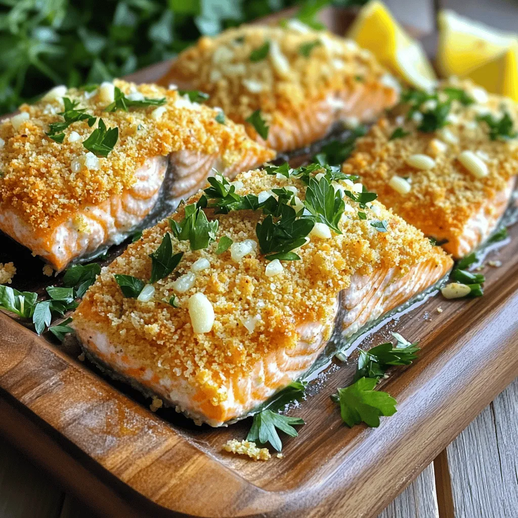 To make Garlic Parmesan Crusted Salmon, you need these key ingredients: - 4 salmon fillets - 1/2 cup freshly grated Parmesan cheese - 1/4 cup breadcrumbs (preferably panko) - 4 cloves garlic, minced - 2 tablespoons fresh parsley, chopped - 1 tablespoon lemon juice - 2 tablespoons olive oil - Salt and pepper to taste - Lemon wedges for serving These ingredients create a delicious topping that pairs perfectly with the salmon's rich flavor. You can add some optional ingredients to boost the taste of your dish: - Red pepper flakes for heat - Fresh herbs like dill or thyme - A splash of white wine for depth - Capers for a briny kick These extras can bring a new twist to the classic recipe. When choosing salmon, freshness is key. Here’s how to select the best: - Look for bright, vibrant color. - The flesh should be firm and springy. - Check for a clean, ocean-like smell. - Ask your fishmonger about the catch date. Fresh salmon makes all the difference in flavor and texture. Enjoy your cooking! To start, gather all your ingredients. You need four salmon fillets, Parmesan cheese, breadcrumbs, garlic, parsley, lemon juice, olive oil, salt, and pepper. Preheat your oven to 400°F (200°C). This step ensures your salmon cooks evenly. In a bowl, mix the grated Parmesan, breadcrumbs, minced garlic, chopped parsley, lemon juice, olive oil, salt, and pepper. Stir until it forms a coarse paste. This mixture gives the salmon a tasty crust. Take a baking sheet and line it with parchment paper. Place the salmon fillets skin-side down on the sheet. Spread the garlic Parmesan mixture evenly on top of each fillet. Press it down gently so it sticks well. Now, bake the salmon in the preheated oven for 12 to 15 minutes. The fish should be cooked through, and the crust should turn golden and crispy. To check if the salmon is done, use a fork to flake the thickest part. If it flakes easily, it is ready. Remove the salmon from the oven and let it rest for a few minutes. For serving, place the salmon on a platter. Add lemon wedges for squeezing over the top. You can also garnish with more parsley for color. This makes the dish look even more appetizing! To get a crispy crust on your salmon, follow these tips: - Use panko breadcrumbs. They are lighter and crispier than regular ones. - Press the topping down. After spreading the garlic Parmesan mixture, press it firmly. This helps it stick and form a nice crust. - Bake at the right temperature. Keep your oven at 400°F (200°C). This heat cooks the fish and crisps the top. - Broil at the end. For extra crispiness, broil the salmon for the last 1-2 minutes. Watch closely to avoid burning. Here are some mistakes that can ruin your dish: - Skipping the resting time. Let the salmon sit for a few minutes after baking. This helps keep it juicy. - Using old garlic. Fresh garlic gives the best flavor. Old garlic can taste bitter. - Not seasoning enough. Make sure to add salt and pepper to the mixture. This enhances the overall taste. - Overcooking the salmon. Salmon cooks fast. Check for doneness after 12 minutes to avoid dryness. You can easily adapt this recipe for different cuts: - Salmon fillets. This recipe works best for fillets. Adjust the cooking time based on thickness. - Salmon steaks. If using steaks, increase the bake time by 5-7 minutes. - Skin-on vs. skinless. Skin-on fillets can help keep the fish moist. Just place them skin-side down. - Wild vs. farmed salmon. Wild salmon has a stronger flavor. You may want to adjust seasonings to balance it. Try these tips to make your Garlic Parmesan Crusted Salmon a hit! {{image_2}} You can switch up the topping on your salmon to keep it fresh. Try using a mix of different cheeses, like feta or cheddar, for a unique twist. You can also add herbs like thyme or dill for extra flavor. For a spicy kick, sprinkle some red pepper flakes into the garlic mix. If you want a tangy taste, add a bit of mustard or cream cheese to the topping. These changes can make the dish feel new and exciting. While baking is the most common way to cook this dish, you can also grill the salmon. Grilling gives it a nice smoky flavor. Just preheat your grill and place the salmon fillets on a sheet of foil to avoid sticking. Cook for about 6-8 minutes per side. You can also pan-sear the salmon for a crispy crust. Heat some olive oil in a skillet, add the salmon, and cook for about 5 minutes on each side. Each method brings out different flavors and textures. This garlic Parmesan crusted salmon pairs well with many sides. A simple green salad with lemon vinaigrette can lighten the meal. Roasted vegetables, like asparagus or Brussels sprouts, add color and nutrition. You can also serve it with a side of rice or quinoa for a hearty option. For a comforting touch, mashed potatoes work great too. These sides balance the rich flavors of the salmon and make for a complete meal. To store leftover salmon, first let it cool down. Place it in an airtight container. You can keep it in the fridge for up to three days. For best taste, eat it within one or two days. When you're ready to reheat the salmon, use the oven. Preheat it to 350°F (175°C). Place the salmon on a baking sheet. Cover it with foil to keep it moist. Heat for about 10-15 minutes. Check it often to avoid drying out. If you want to freeze the salmon, wrap it tightly in plastic wrap. Then, place it in a freezer bag. This way, it can last up to three months. When you're ready to eat it, thaw it in the fridge overnight. Then, reheat it as I explained above for the best results. Yes, you can use frozen salmon. Just thaw it first. Place it in the fridge overnight or use the cold water method. This means sealing it in a bag and submerging it in cold water for about an hour. Pat the salmon dry before cooking. This helps the crust stick better. I love serving this dish with a side of veggies. Roasted asparagus or a fresh salad pairs well. You could also try mashed potatoes or rice for a hearty meal. Lemon wedges add a nice touch. They bring out the salmon’s flavor and add brightness. To make this dish low-carb, skip the breadcrumbs. Use crushed pork rinds or almond flour instead. For a gluten-free option, use gluten-free breadcrumbs or the same almond flour. Both options will keep the crust crispy and tasty. Each serving has about 350 calories. It contains 25 grams of protein and 25 grams of fat. You also get fiber from the breadcrumbs. This dish is a good source of omega-3 fatty acids. It’s great for heart health and can fit into a balanced diet. In this post, we explored how to make garlic Parmesan crusted salmon. We covered key ingredients, preparation steps, and baking tips. Remember to choose fresh salmon for the best taste. Use my tips for a crispy crust and avoid common mistakes. Feel free to try different toppings or cooking methods to suit your taste. Proper storage can keep leftovers fresh. This dish offers great flexibility, so serve it with your favorite sides. Enjoy making and sharing this easy, tasty meal!