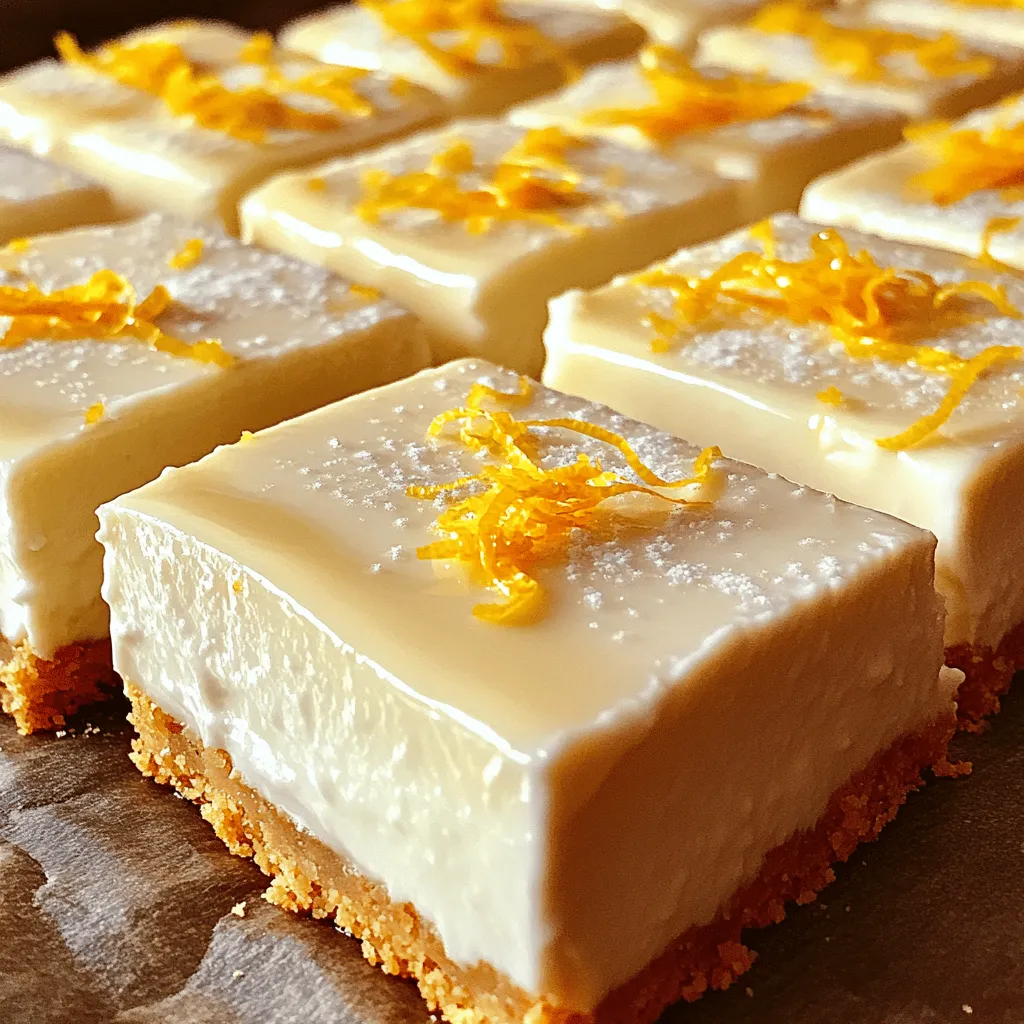 To make these tasty Baked Greek Yogurt Cheesecake Bars, you need a few simple ingredients. Here’s the list: - 2 cups graham cracker crumbs - 1/2 cup unsalted butter, melted - 1/4 cup granulated sugar - 2 cups plain Greek yogurt - 1 cup cream cheese, softened - 3/4 cup granulated sugar - 3 large eggs - 1 teaspoon vanilla extract - Zest of 1 lemon - 2 tablespoons lemon juice - Pinch of salt You will notice that Greek yogurt makes these bars creamy and rich. The cream cheese adds to the smooth texture, while the lemon zest and juice give a bright flavor. The crust, made from graham crackers, adds a nice crunch that contrasts perfectly with the creamy filling. Each ingredient plays a key role in making this dessert special. Gather these items before you start cooking. It makes the process easier and more fun! You can find most of these ingredients at your local store. If you prefer, you can also shop online. Start by preheating your oven to 350°F (175°C). This step is key for even baking. While the oven warms, line a 9x9 inch baking dish with parchment paper. Leave some paper hanging over the edges. This will help you lift the bars out later. In a medium bowl, mix together 2 cups of graham cracker crumbs, 1/2 cup of melted butter, and 1/4 cup of sugar. Stir until the crumbs are well coated with butter. This mixture should feel a bit like wet sand. Press it firmly into the bottom of your baking dish. Make sure it forms an even layer. Place the crust in the preheated oven. Bake for about 10 minutes until it sets and turns a light golden color. Once done, take it out and let it cool slightly. This cooling helps the cheesecake filling not to melt the crust. In a large mixing bowl, combine 2 cups of plain Greek yogurt, 1 cup of softened cream cheese, and 3/4 cup of sugar. Use an electric mixer to blend these ingredients until they are smooth and creamy. Ensuring there are no lumps is important for a silky filling. Now, add 3 large eggs to the mixture one at a time. Mix on low speed after each addition until just combined. Next, stir in 1 teaspoon of vanilla extract, the zest of 1 lemon, and 2 tablespoons of lemon juice. Add a pinch of salt, then mix until everything is smooth and well blended. Pour the cheesecake filling over the cooled crust. Use a spatula to spread it evenly. Place the dish back in the oven. Bake for about 30 to 35 minutes. The edges should be set, while the center has a slight jiggle. After baking, remove the cheesecake bars from the oven. Let them cool at room temperature for about 1 hour. Then, refrigerate for at least 3 hours or overnight. This chilling step is crucial for perfect texture. When ready to serve, lift the bars out using the parchment overhang. Cut into squares and serve cold for the best flavor. To make the best cheesecake bars, start with softened cream cheese. Cold cream cheese will create lumps. I leave my cream cheese out for about 30 minutes before mixing. This small step helps you achieve a smooth filling. When mixing, use a medium speed on your mixer. Mix until the cheese, yogurt, and sugar blend well. Scrape the bowl often to avoid lumps. Be careful not to overmix once you add the eggs. Too much mixing can cause air bubbles, which may crack your bars. For a tasty twist, pair the bars with fresh fruits. Berries, cherries, or peaches work well. You can also drizzle fruit sauces on top. A simple berry compote adds a nice touch. When serving, cut the bars into even squares. Use a sharp knife for clean edges. Wipe the knife between cuts to keep them neat. For a fun presentation, serve each square on a colorful plate. Add a sprig of mint for a pop of color. {{image_2}} You can add different flavors to make these cheesecake bars more fun. Try almond or coconut extract for a new twist. Just use about half a teaspoon of extract. If you like chocolate, mix in some chocolate chips. You can also fold in fresh fruit like berries or banana slices. These add a burst of flavor and color to your bars. Want to make a lighter version? You can swap regular cream cheese for low-fat cream cheese. For less sugar, use a sugar substitute like stevia. You can also use honey or maple syrup for a sweet touch. For the crust, try nut-based crusts made from almonds or pecans. Oat-based crusts are a great choice too. They add a nice texture and are healthier options. After making your Baked Greek Yogurt Cheesecake Bars, you need to store them right. Place the bars in an airtight container. If you do not have one, use plastic wrap. Keep them in the refrigerator. They stay fresh for about five days. The cool air keeps them creamy and tasty. You can freeze cheesecake bars if you want to save some for later. First, let them cool completely. Then, cut them into squares. Wrap each square tightly in plastic wrap. Place the wrapped bars in a freezer-safe bag or container. They can stay frozen for up to three months. When you are ready to eat one, take it out of the freezer. Let it thaw in the fridge for a few hours. This helps maintain its rich and creamy texture. Enjoy your delicious bars straight from the fridge! Yes, you can. Use extra Greek yogurt instead. This makes the bars lighter. You can also use mascarpone cheese. It gives a nice creaminess. Both options work well in this recipe. Look for the edges to set. The center should jiggle a bit. If the edges are firm and the center is slightly soft, it is done. A toothpick should come out clean when inserted near the edge. Yes, you can use flavored yogurt. This adds a twist to the taste. Just be careful with sweetness. You might want to cut back on added sugar. Flavors like vanilla or lemon work great. Use a sharp knife for clean cuts. Dip the knife in hot water, then wipe it dry. This helps create smooth edges. Cut into even squares for the best look. Enjoy your beautiful cheesecake bars! In this post, we explored how to make delicious cheesecake bars using simple ingredients. From preparing the crust to creating the filling, each step is key to success. Remember to use softened cream cheese for a smooth texture and let the bars cool properly. With tips for variations and storage, you can keep these treats fresh and tasty. Enjoy the process and have fun customizing your bars to fit your taste! Your cheesecake bars will impress everyone who tries them.