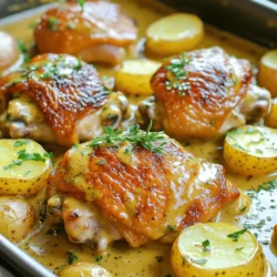 - 4 boneless, skinless chicken thighs - 1 lb baby potatoes, halved - 1 cup heavy cream The main ingredients of this dish are simple yet full of flavor. Chicken thighs give you juicy meat. Baby potatoes add a nice texture. Heavy cream creates that rich, creamy sauce we all love. - 3 tablespoons Dijon mustard - 1 tablespoon garlic, minced - 1 teaspoon dried thyme For flavor, Dijon mustard brings a tangy punch. Garlic adds warmth and depth. Dried thyme brings an earthy note that ties everything together. - 2 tablespoons olive oil - Salt and pepper to taste - Fresh parsley, chopped (for garnish) Olive oil helps to brown the chicken nicely. Salt and pepper are key for seasoning. Fresh parsley adds a bright touch when you serve it. - Preheat your oven to 400°F (200°C). Start with this step to get the oven ready. It helps cook everything evenly. - Sear Chicken in Olive Oil Heat 2 tablespoons of olive oil in a large skillet over medium-high heat. Season the chicken thighs with salt and pepper. Place the chicken in the skillet and cook for 4-5 minutes on each side. You want them golden brown. Once done, take the chicken out and set it aside. - Sauté Potatoes and Garlic In the same skillet, add 1 pound of halved baby potatoes and 1 tablespoon of minced garlic. Sauté for about 3-4 minutes. This step brings out great flavor. The potatoes should start to brown lightly. - Whisk Together Creamy Dijon Ingredients In a bowl, mix together 1 cup of chicken broth, 1 cup of heavy cream, 3 tablespoons of Dijon mustard, and 1 teaspoon of dried thyme. Whisk it until smooth. Pour this creamy mixture over the sautéed potatoes in the skillet. - Layer Chicken Over Potatoes and Sauce Place the seared chicken thighs on top of the potatoes and sauce in the skillet. Spoon some of the sauce over the chicken. This step ensures the chicken stays moist while baking. - Bake in Oven Until Cooked Through Transfer the skillet to the preheated oven. Bake for 25-30 minutes. The chicken should reach an internal temperature of 165°F (74°C) when done. The potatoes should be tender too. Enjoy the aroma filling your kitchen! How to Sear Chicken Properly To sear chicken well, heat olive oil in your skillet over medium-high heat. Season the chicken thighs with salt and pepper. Add them to the hot skillet. Sear each side for about 4-5 minutes. Aim for a golden-brown crust. This step keeps the juices in and adds flavor. Ensuring Potatoes are Tender For tender potatoes, cut them in half. Sauté them with garlic in the same skillet. Cook them for about 3-4 minutes until they begin to brown lightly. This quick step helps them cook evenly in the oven. Adjusting Sauce Thickness If you want a thicker sauce, let it simmer longer before adding chicken. If it's too thick, whisk in more chicken broth or cream. This way, you can customize the sauce to your liking. A creamy texture enhances the dish and pairs well with the chicken and potatoes. Alternative Garnishes for Serving Fresh parsley adds a nice touch, but you can switch it up. Consider using chives or thyme. A sprinkle of lemon zest can also brighten the flavors. These simple garnishes make your meal look even more inviting. {{image_2}} Different Types of Potatoes You can swap baby potatoes for other types. Use red potatoes for a slightly sweeter taste. Yukon Gold potatoes work well too; they become creamy and soft. If you prefer, sweet potatoes add a nice twist and extra nutrients. Using Chicken Breasts Instead Chicken breasts are a leaner option if you want less fat. They cook faster than thighs. Just make sure to check the internal temperature. It should reach 165°F (74°C) for safe eating. Adding Vegetables Try adding vegetables for extra color and nutrients. Broccoli or green beans are great choices. Toss them in during the last 10 minutes of baking. They will cook perfectly and add crunch. Spice Alternatives Feel free to change the spices to suit your taste. Paprika adds a smoky flavor. Italian seasoning can give the dish a different vibe. Experiment and find what you love best! Gluten-Free Options This recipe is already gluten-free. Just ensure your chicken broth is labeled gluten-free. Many brands offer safe options. Dairy-Free Alternatives For a dairy-free version, swap heavy cream with coconut cream. It will add a subtle sweetness and richness. Use a dairy-free broth as well to keep it creamy and delicious. How to Store in the Fridge After enjoying your meal, you may have some leftovers. Let the dish cool down first. Place it in an airtight container. You can store it in the fridge for up to three days. For best taste, eat it within two days. Can You Freeze This Dish? Yes, you can freeze this dish! Once cooled, transfer it to a freezer-safe container. Make sure to leave some space for expansion. This dish can last up to three months in the freezer. Just remember to label it with the date. Best Methods for Reheating To reheat, you have a few options. The best way is to use the oven. Preheat your oven to 350°F (175°C). Place the dish in an oven-safe dish and cover it with foil. Heat for about 20 minutes. You can also use the microwave. Heat it in short bursts, stirring in between, until warm. Always ensure the chicken reaches 165°F (74°C) before serving. Can I make this recipe ahead of time? Yes, you can prep this dish ahead. Cook the chicken and potatoes, then store them in the fridge. Reheat them before serving for the best taste. What can I substitute for Dijon mustard? You can use yellow mustard or whole grain mustard. Both will change the flavor a bit but still taste good. How do I know when the chicken is fully cooked? Check the internal temperature. It should reach 165°F (74°C). The chicken will also look white and the juices will run clear. What is the best cooking time for chicken thighs? Chicken thighs need about 25-30 minutes in the oven. This will ensure they cook through and stay juicy. How can I speed up the cooking process? Use a larger skillet to cook more chicken at once. You can also cut the chicken into smaller pieces to cook faster. What side dishes pair well with this recipe? Serve with a green salad or steamed vegetables. Rice or crusty bread also makes a great side. Can this dish be served cold? Yes, you can serve it cold. It makes a nice salad topping or sandwich filling. This dish combines chicken thighs, baby potatoes, and a creamy sauce for a delicious meal. We covered how to cook, season, and store the dish effectively. You can also explore variations to suit your taste or dietary needs. Embrace your cooking skills with this simple recipe. Enjoy the flavors and share it with others. Happy cooking!