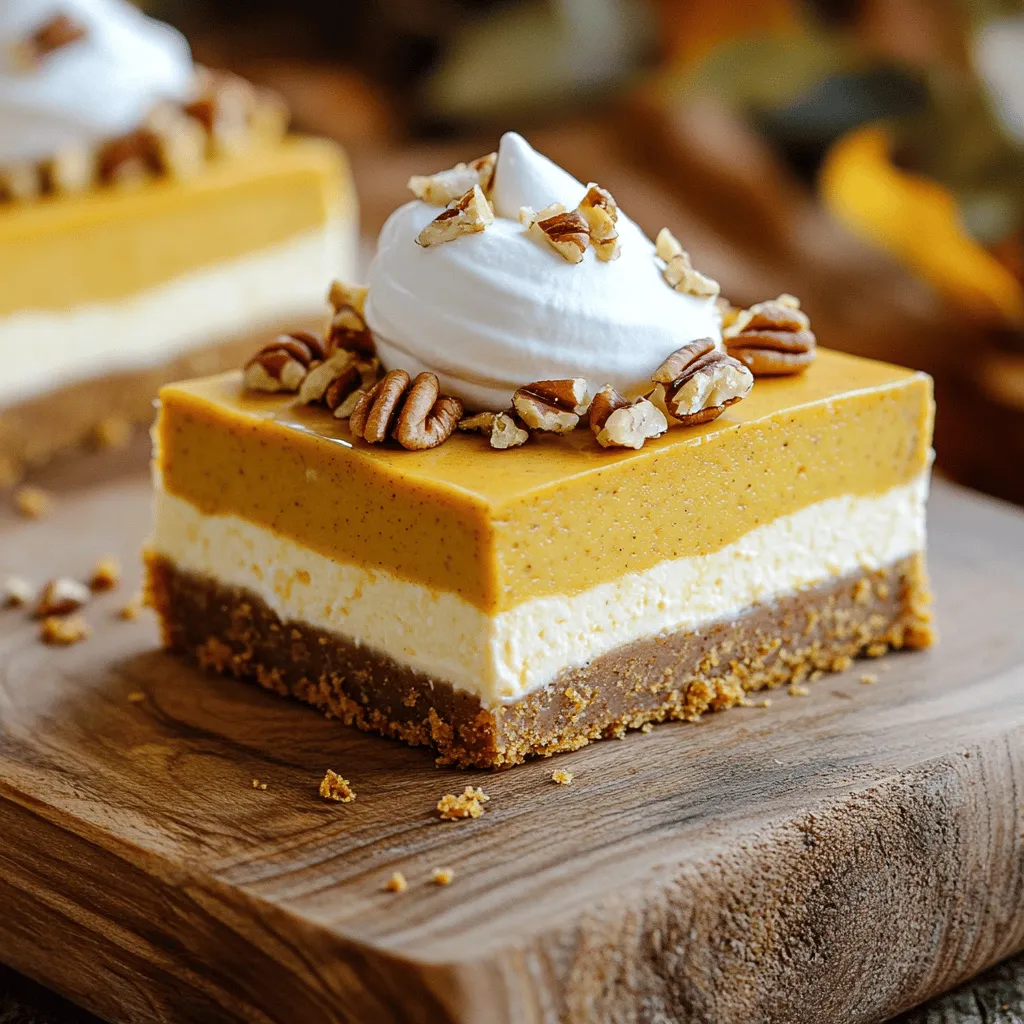 - 1 ½ cups graham cracker crumbs - ½ cup unsalted butter, melted - 2 tablespoons brown sugar - 1 teaspoon ground cinnamon - 16 oz cream cheese, softened - 1 cup granulated sugar - 1 cup pure pumpkin puree - 3 large eggs - 1 teaspoon vanilla extract - 1 teaspoon ground nutmeg - Pinch of salt - Whipped cream, for topping - Crushed pecans, for garnish To make these pumpkin cheesecake bars, gather all the ingredients first. This helps you stay organized. Make sure to use quality ingredients for the best flavor. If you need to make swaps, here are some ideas: - Use gluten-free graham crackers instead of regular ones. - Swap brown sugar with white sugar if needed. - You can replace cream cheese with dairy-free cream cheese for a vegan option. You can use fresh pumpkin or canned pumpkin puree. Canned pumpkin is easy and saves time. Just check for pure pumpkin, not pumpkin pie filling. Fresh pumpkin has a more earthy taste. To prepare fresh pumpkin, roast and puree it. Both options work great in these bars. How to Prepare the Baking Pan First, preheat your oven to 350°F (175°C). Grab a 9x13 inch baking pan. Line it with parchment paper. Leave some paper hanging over the edges. This helps you lift the bars out later. Mixing and Pressing the Crust In a medium bowl, add 1 ½ cups of graham cracker crumbs. Then, pour in ½ cup melted unsalted butter. Add 2 tablespoons of brown sugar and 1 teaspoon of ground cinnamon. Mix well until everything is combined. Press the crumb mixture firmly into the bottom of the baking pan. Bake for 10 minutes. Let it cool a bit. Mixing Tips for a Smooth Mixture In a large bowl, beat 16 oz of softened cream cheese with 1 cup of granulated sugar. Use a hand mixer for a smooth texture. Make sure there are no lumps. Then, add 1 cup of pure pumpkin puree, 3 large eggs, 1 teaspoon of vanilla extract, 1 teaspoon of ground nutmeg, and a pinch of salt. Mix until fully blended and smooth. Importance of Room Temperature Ingredients Using room temperature ingredients helps the mixture blend easily. Cold cream cheese can make lumps. Let your cream cheese sit out for about 30 minutes before mixing. This step makes a big difference. Proper Baking Temperature and Timing Pour the pumpkin cheesecake mixture over the cooled crust. Spread it evenly with a spatula. Bake in the oven for 30 to 35 minutes. The center should be set, and the edges may puff slightly. Signs that the Cheesecake is Done To check if it’s done, insert a toothpick in the center. It should come out clean. If it is not clean, bake for a few more minutes. Once baked, take it out and let it cool at room temperature for an hour. Then, refrigerate for at least 3 hours or overnight to set. How to Avoid Cracks in Cheesecake Bars To keep your cheesecake bars smooth, avoid overmixing the filling. Overmixing can add too much air and cause cracks. When you mix, do it just until smooth. Another tip is to bake in a water bath. This adds moisture and helps the bars bake evenly. Secrets to a Creamy Filling To ensure a creamy filling, always use softened cream cheese. Cold cream cheese will not mix well. Beat it until smooth before adding other ingredients. Use room temperature eggs too. This helps them blend in better, making a silky texture. Ideas for Serving and Garnishing When serving, cut the bars into neat squares. A sharp knife helps create clean edges. Top each bar with a dollop of whipped cream. For added flair, sprinkle crushed pecans on top. This adds a nice crunch and looks great. Best Whipped Cream Techniques To make perfect whipped cream, use cold heavy cream. Whip it until soft peaks form. This means the cream holds its shape but is not too stiff. For extra flavor, add a bit of vanilla extract. It will elevate the taste and impress your guests. {{image_2}} You can easily change the taste of these bars. Adding chocolate or caramel swirls gives a fun twist. Drizzle melted chocolate or caramel on top before baking. Use a knife to swirl it in gently. This creates a rich flavor that pairs well with pumpkin. Another option is using different spices. If you love warm flavors, add ginger or cloves. These spices can enhance the pumpkin taste. Experiment to find your favorite mix. A little extra cinnamon also adds more warmth to each bite. If you need a gluten-free option, swap the graham crackers for gluten-free crumbs. Many brands offer great alternatives. You can also use almond flour to create a tasty crust. For dairy-free alternatives, choose vegan cream cheese. Look for brands that mimic the taste of regular cream cheese. This will keep the creamy texture while making it dairy-free. You can also use coconut milk for a rich flavor. These swaps ensure everyone can enjoy the bars. To keep your pumpkin cheesecake bars fresh, follow these tips: - Refrigeration: Store the bars in an airtight container. Place parchment paper between layers to prevent sticking. This helps keep them fresh for longer. - Freezing Tips and Duration: You can freeze these bars. Cut them into squares and wrap each piece in plastic wrap. Then, place them in a freezer bag. They last up to three months in the freezer. Knowing how long your pumpkin cheesecake bars last is key. - Shelf Life in the Fridge: When stored properly, these bars last about one week in the fridge. - Signs of Spoilage: Look for changes in color or texture. If you see mold or an off smell, it's time to toss them. Always trust your senses! Can I make these bars ahead of time? Yes, you can make these bars up to two days ahead. Once baked and cooled, wrap them tightly in plastic wrap. Store them in the fridge until you are ready to serve. This makes them perfect for fall gatherings! What’s the best way to cut cheesecake bars? To cut cheesecake bars neatly, use a sharp knife. Dip the knife in hot water, then wipe it dry before each cut. This method helps to get clean edges. You can also chill the bars in the fridge for easier cutting. Why did my cheesecake bars sink? If your bars sink, it may be due to overmixing or too many eggs. Mix just until combined. Another reason could be that they didn’t bake long enough. Make sure the edges puff up and the center is set. How can I fix a watery filling? To fix a watery filling, ensure you use pure pumpkin puree, not pumpkin pie filling. If it happens, try adding a bit more cream cheese. This thickens the mixture. You can also bake the bars a little longer to help firm them up. Making pumpkin cheesecake bars is simple and fun. We covered key ingredients, mixing, and baking. I shared tips to help you avoid cracks and achieve a creamy texture. Variations let you customize flavors and meet dietary needs. Storage info ensures your bars stay fresh and tasty. Remember, baking is about enjoying the process. With practice, you'll impress friends and family with your delicious treats. Happy baking!