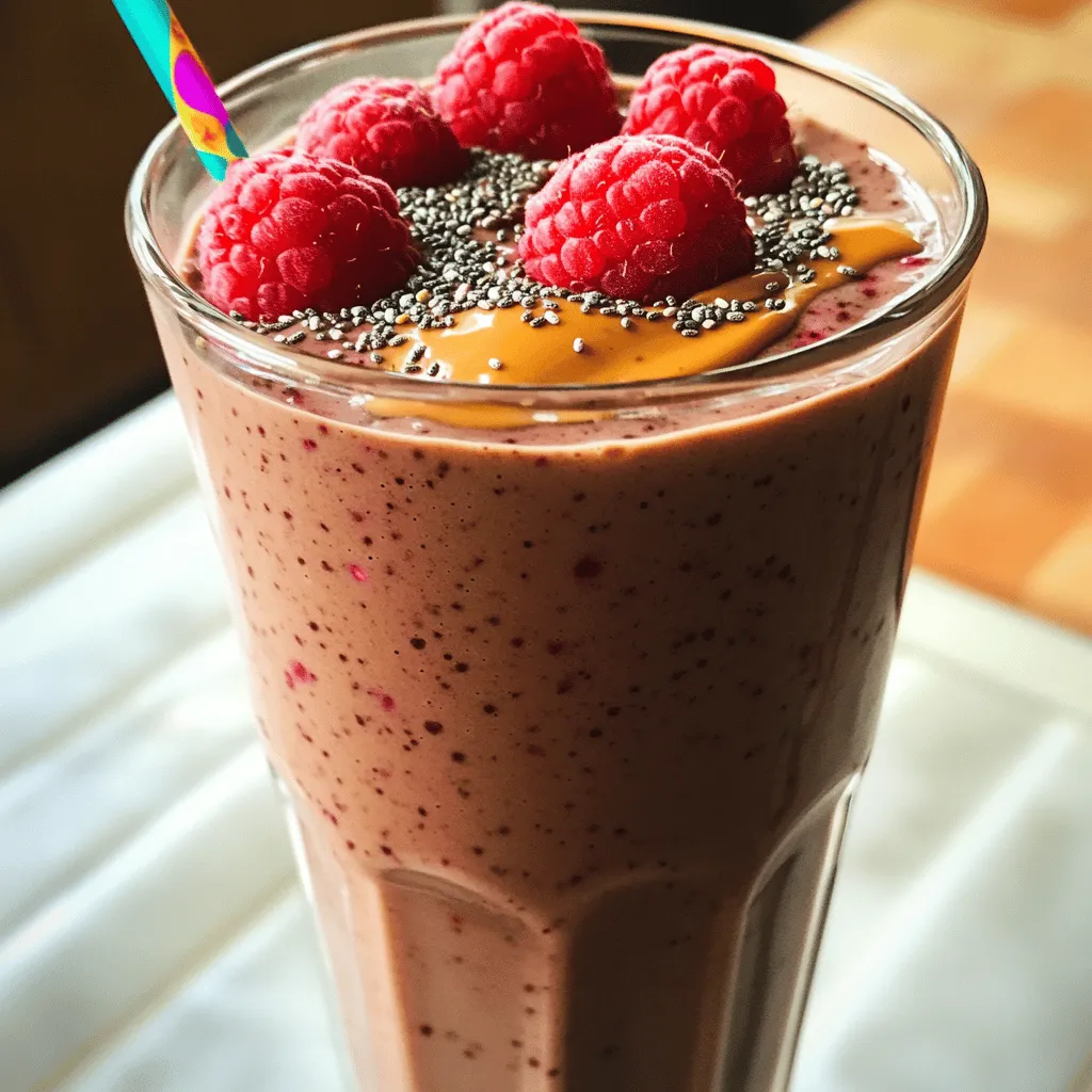 - 1 cup unsweetened almond milk - 1 ripe banana - 1 scoop chocolate protein powder (plant-based or whey) - 1 cup fresh or frozen raspberries - 1 tablespoon almond butter - 1 teaspoon honey or maple syrup (optional) - 1 tablespoon chia seeds - Ice cubes (if using fresh raspberries) The first step to making a great smoothie is gathering your ingredients. Each one plays a key role. The almond milk forms the base. It gives a smooth texture without any dairy. The ripe banana adds natural sweetness and creaminess. Chocolate protein powder boosts the protein content. Raspberries add a fresh, tart flavor that pairs well with chocolate. Almond butter brings in healthy fats and a nutty taste. Chia seeds are tiny but mighty. They add fiber and omega-3 fatty acids. Honey or maple syrup is optional. Use it if you want some extra sweetness. If you choose fresh raspberries, add ice cubes to cool the smoothie down. This mix not only tastes good but also fills you up. It’s a quick, healthy choice for breakfast or a post-workout snack. - Estimated calories per serving: 350 - Breakdown of macronutrients: - Protein: 20g - Carbohydrates: 45g - Fats: 10g This smoothie is a powerhouse of nutrition. It provides a good balance of protein, carbs, and fats. This makes it great for energy. With about 350 calories, it fits well into many meal plans. Each ingredient adds its own health benefits, creating a delicious and filling drink. First, gather all your ingredients. You need almond milk, a ripe banana, chocolate protein powder, raspberries, almond butter, and chia seeds. If you want it sweeter, grab honey or maple syrup. 1. In your blender, start by adding 1 cup of unsweetened almond milk. This gives your smoothie a nice base. 2. Next, add the ripe banana. It adds natural sweetness and creaminess. 3. Now, drop in 1 scoop of chocolate protein powder. This is key for protein and flavor. 4. Then, toss in 1 cup of fresh or frozen raspberries. They add a fruity kick. 5. Add 1 tablespoon of almond butter. This makes your smoothie rich and nutty. 6. If you want a sweeter taste, add 1 teaspoon of honey or maple syrup. 7. Finally, add 1 tablespoon of chia seeds for extra nutrients. If using fresh raspberries, add a handful of ice cubes to chill your smoothie. Blend on high speed for about 30 to 60 seconds. The goal is a smooth, creamy texture. If it’s too thick, you can add a splash more almond milk and blend again. To adjust sweetness, taste your smoothie after blending. If you want it sweeter, simply add more honey or maple syrup. Blend briefly to mix it in well. If you prefer a thicker smoothie, add more chia seeds or a little more banana. For creaminess, consider adding a bit more almond butter or even some avocado. For a fun touch, you can garnish your smoothie with a few fresh raspberries or a sprinkle of chia seeds. Enjoy your delicious, energizing treat! For the best chocolate protein powder, I recommend using plant-based or whey options. Plant-based protein is great for vegans and those with dairy issues. Whey protein blends smoothly and offers a rich taste. Choose a brand that has no added sugars for a healthier choice. If you need an alternative to almond milk, try oat milk or soy milk. Both options work well and add a unique flavor. Coconut milk also gives a creamy texture but can be richer. To layer ingredients for optimal blending, start with almond milk at the bottom. Next, add the banana, then the chocolate protein powder, followed by the raspberries. This order helps create a smooth blend. If you face common blending issues, here are some quick fixes. If your smoothie is too thick, add a little more almond milk. For uneven blending, stop the blender and scrape down the sides. Blend again until smooth. You want a creamy texture without any lumps. {{image_2}} You can easily change the recipe to fit your diet. If you're vegan, swap the chocolate protein powder for a plant-based version. There are many tasty options like pea or hemp protein. These choices still pack a protein punch. Use a nut-free milk, like oat or soy, if you want to avoid nuts. This keeps the smoothie creamy without almond milk. Want to jazz up your smoothie? Add other fruits like strawberries or blueberries. These fruits mix well with chocolate and raspberries. You can also toss in superfoods, like flaxseed or hemp hearts. They add nutrients without changing the taste much. For an extra boost, add a handful of spinach or kale. These greens blend well and add vitamins without altering the flavor. You won't even notice they're there! This makes your smoothie even healthier and more satisfying. To keep your Chocolate Raspberry Protein Smoothie fresh, store leftovers in an airtight container. This helps maintain flavor and texture. You can keep it in the fridge for up to 24 hours. If you want to store it longer, freeze it! Pour the smoothie into ice cube trays or freezer bags. This way, you can grab a single serving anytime. Just remember to leave some space in the container, as liquids expand when frozen. When you are ready to enjoy your stored smoothie, the best method is to thaw it in the fridge overnight. If you need it faster, place the container in warm water for a few minutes. To restore the texture, blend it again for a few seconds. This will make it creamy and smooth again. Avoid using a microwave, as it can change the taste and texture of your smoothie. Yes, you can make this smoothie ahead of time. Just blend all the ingredients and store it in the fridge. The smoothie stays fresh for up to 24 hours. To lower the calories, you can skip the almond butter. You can also use less banana or choose a lower-calorie protein powder. Using water instead of almond milk also helps cut calories. If you don't have almond butter, you can use peanut butter or sunflower seed butter. These options provide similar creaminess and flavor. Absolutely! Kids love the sweet taste of chocolate and raspberries. You can adjust sweetness to their liking by adding more honey or maple syrup. This blog post covered a delicious smoothie recipe using ingredients like almond milk, banana, and raspberries. I shared tips for blending and adjusting flavor. We discussed storage tips for leftovers and answered common questions. Smoothies can be fun and healthy. With a few tweaks, you can make them fit your taste. Enjoy experimenting with flavors and ingredients to suit your needs. Healthy smoothies can boost your day.
