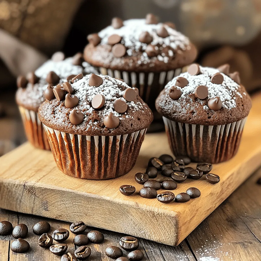 - 1 ¾ cups all-purpose flour - 1 teaspoon baking powder - ½ teaspoon baking soda - ½ teaspoon salt - ½ cup unsweetened cocoa powder - 1 cup granulated sugar - ½ cup packed brown sugar - 2 large eggs - ¾ cup milk (or non-dairy alternative) - 1/3 cup vegetable oil - 1 teaspoon pure vanilla extract - 1 cup semi-sweet chocolate chips - 2 tablespoons finely ground espresso beans (or instant espresso powder) Gather fresh ingredients for the best flavor. Use high-quality cocoa powder for rich taste. Choose semi-sweet chocolate chips to balance the coffee flavor. You can swap milk for a non-dairy alternative like almond or oat milk. If you prefer a stronger coffee taste, use more espresso. Each ingredient plays a key role in creating moist, flavorful muffins. The sugars caramelize and give a nice crust. The eggs provide structure and richness. Keep everything at room temperature for even mixing. This will help you get a perfect batter. 1. Preheat your oven to 350°F (175°C). This helps the muffins bake evenly. 2. Line a muffin tin with paper liners. You can also grease it with cooking spray. 3. In a medium bowl, combine the flour, baking powder, baking soda, salt, cocoa powder, and ground espresso. Whisk until mixed well. 4. In a large bowl, mix the granulated sugar, brown sugar, eggs, milk, vegetable oil, and vanilla extract. Beat until the mixture is smooth and creamy. 1. Now, gradually add the dry mix from the medium bowl into the wet mix. Stir gently until just combined. Avoid overmixing; a few lumps are okay. 2. Next, fold in the chocolate chips. Make sure they spread evenly in the batter. 1. Fill each muffin cup about ¾ full with the batter. This allows room for rising. 2. Sprinkle a few extra chocolate chips on top. This adds a nice look to your muffins. 3. Bake in your preheated oven for 18-20 minutes. To check doneness, insert a toothpick in the center. If it comes out clean, your muffins are ready! 4. Let them cool in the tin for 5 minutes. Then, transfer the muffins to a wire rack to cool completely. To make great muffins, avoid overmixing the batter. When you mix, stop as soon as the dry and wet ingredients blend. A few lumps are okay! This keeps them light and fluffy. After baking, let your muffins cool for five minutes in the tin. Then, transfer them to a wire rack. This helps them maintain the right texture. Cooling on a rack allows air to flow around them, preventing sogginess. For a fancy touch, dust your muffins with powdered sugar. You can also add a dollop of whipped cream. This makes them look special and taste even better! Pair these muffins with a hot cup of coffee or a glass of milk. The flavors of espresso and chocolate blend perfectly with these drinks. Watch out for a batter that is too dry or too wet. If your muffins are dry, you likely overbaked them. If they are too moist, you might not have baked them long enough. Under-baking can cause a gooey center. Use a toothpick to check for doneness. If it comes out clean, your muffins are ready! Over-baking can lead to dry muffins, so keep an eye on the time while they bake. {{image_2}} You can make your chocolate chip espresso muffins even better by adding nuts. Walnuts or pecans add a nice crunch. They also bring a rich flavor that pairs well with coffee. Another fun idea is to mix in different types of chocolate. You can use white chocolate for a sweet twist. Dark chocolate adds a deeper, richer taste. Feel free to experiment with your favorite chocolate! If you need a dairy-free option, you can replace milk with almond or oat milk. These choices work well and keep the muffins moist. You won’t lose any flavor! For those who need gluten-free muffins, use a gluten-free flour blend. This keeps the texture light and fluffy. Make sure to check the blend for the right baking properties. Adding spices can bring a warm touch to your muffins. A dash of cinnamon or nutmeg gives a cozy, seasonal flavor. This is perfect for fall or winter baking. You can also mix in fruits like bananas or zucchini. These fruits add moisture and sweetness. They can make your muffins a little healthier and more fun! To keep your chocolate chip espresso muffins fresh at room temperature, store them in an airtight container. This method helps to lock in moisture and keep the muffins soft. Place a paper towel at the bottom of the container to absorb any excess moisture. You can stack the muffins or place them side by side, but avoid overcrowding. If you want to save muffins for later, freezing is a great option. First, let the muffins cool completely. Then, wrap each muffin tightly in plastic wrap. After that, place them in a freezer-safe bag or container. They can be frozen for up to three months. When you're ready to enjoy them, thaw the muffins overnight in the fridge. For a warm treat, pop them in the microwave for about 15-20 seconds. Chocolate chip espresso muffins stay fresh for about 3-5 days at room temperature. Look for signs of spoilage, such as mold or an off smell. If the muffins feel dry or crumbly, they may not taste as good. Fresh muffins will be soft and have a rich chocolate aroma. To make chocolate chip espresso muffins, follow these steps: 1. Preheat your oven to 350°F (175°C). Line your muffin tin with paper liners or grease it. 2. In a medium bowl, mix the dry ingredients. Combine 1 ¾ cups flour, 1 teaspoon baking powder, ½ teaspoon baking soda, ½ teaspoon salt, ½ cup cocoa powder, and 2 tablespoons ground espresso. 3. In a large bowl, beat together 1 cup granulated sugar, ½ cup brown sugar, 2 eggs, ¾ cup milk, ⅓ cup oil, and 1 teaspoon vanilla until smooth. 4. Slowly add the dry mix to the wet mix. Stir until just combined. A few lumps are fine. 5. Fold in 1 cup chocolate chips until evenly mixed. 6. Fill each muffin cup about ¾ full. Top with extra chocolate chips for looks. 7. Bake for 18-20 minutes. Check with a toothpick; it should come out clean. 8. Let them cool for 5 minutes in the pan. Then, transfer to a wire rack to cool fully. Yes, you can use instant espresso powder. It works well as a substitute. The flavor will be slightly different. Instant espresso is more concentrated. You may need less than the ground beans. Start with 1 tablespoon and adjust to taste. The muffins will still have a nice coffee flavor. To get lighter and fluffier muffins, try these tips: - Don’t overmix: When you mix the batter, stop as soon as you see no dry flour. Overmixing makes the muffins dense. - Use room temperature ingredients: Bring your eggs and milk to room temp for better mixing. - Sift your dry ingredients: This adds air and makes the muffins lighter. - Check your baking powder and soda: Old leavening agents may not work well. Always use fresh ones. These small changes can make a big difference in texture! In this post, we explored the delightful world of chocolate chip espresso muffins. We covered the key ingredients, detailed preparation steps, and shared useful tips to ensure your muffins turn out perfect. You learned about variations to keep your baking exciting and storage methods to maintain freshness. Remember, the key is to enjoy the process. Experiment with flavors and make these muffins your own. Your kitchen adventure starts now—happy baking!