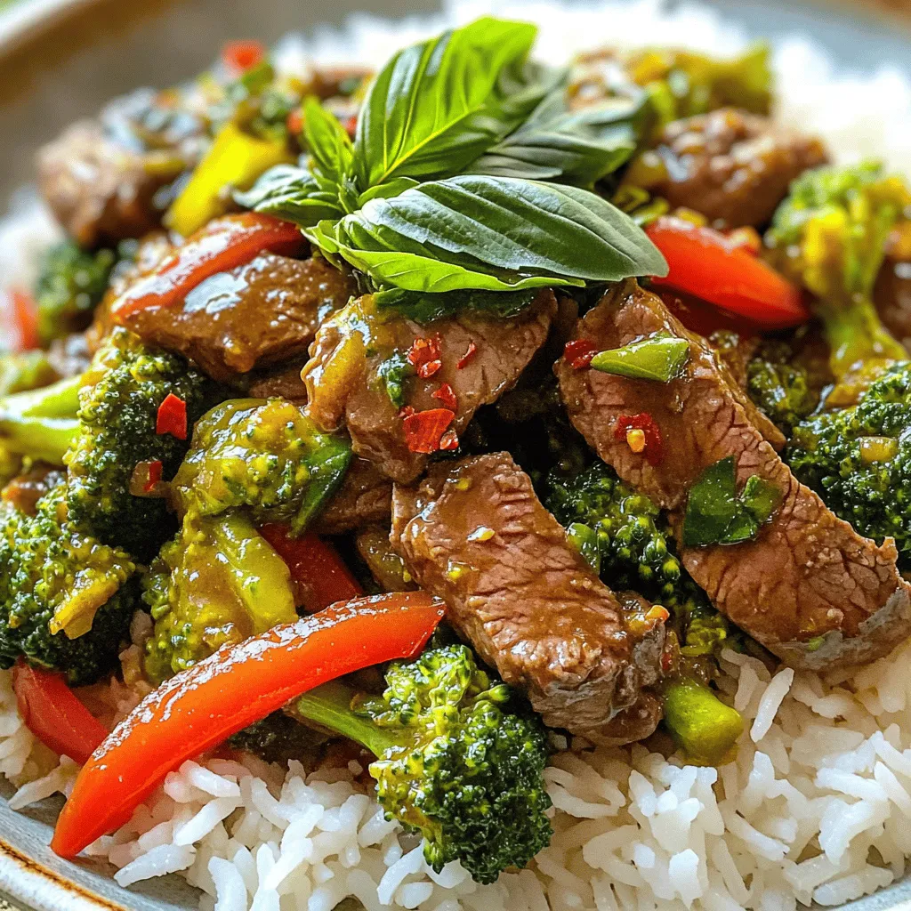 To make Thai Basil Beef Stir-Fry, you need fresh and simple ingredients. Here’s what you will need: - 1 lb beef sirloin, thinly sliced - 2 tablespoons vegetable oil - 4 cloves garlic, minced - 1 red bell pepper, sliced - 1 cup broccoli florets - 2 tablespoons soy sauce - 1 tablespoon oyster sauce - 1 tablespoon fish sauce - 1 tablespoon brown sugar - 1 teaspoon red pepper flakes (adjust to taste) - 1 cup fresh Thai basil leaves - Cooked jasmine rice, for serving Each ingredient plays an important role in building the dish's flavor. The beef sirloin gives it a rich taste, while the garlic adds a lovely aroma. The bell pepper and broccoli bring color and crunch. Soy sauce, oyster sauce, and fish sauce work together to create a savory depth. The brown sugar balances the saltiness, and red pepper flakes add the perfect kick. Finally, the fresh Thai basil leaves provide a sweet, herbal note that brightens the dish. Serving this stir-fry over jasmine rice makes it hearty and filling. Enjoy cooking! To start, take your thinly sliced beef and place it in a bowl. Add 1 tablespoon of soy sauce, 1 tablespoon of oyster sauce, and 1 tablespoon of brown sugar. Mix it well to coat the beef. Let it marinate for 15 minutes. This time helps the beef soak up all those tasty flavors. Next, heat 2 tablespoons of vegetable oil in a large wok or skillet over medium-high heat. Once the oil is hot, add 4 cloves of minced garlic. Stir-fry the garlic for about 30 seconds. Be careful not to let it burn. Now, add the marinated beef to the wok. Spread it out in a single layer and let it sear for 1-2 minutes without stirring. This step helps lock in the juices. After that, stir-fry for another 2-3 minutes until the beef is cooked through. Now it’s time to add some color! Toss in 1 sliced red bell pepper and 1 cup of fresh broccoli florets. Stir-fry the vegetables for about 3-4 minutes. You want them to be tender yet crisp. Pour in the remaining 1 tablespoon of soy sauce and 1 tablespoon of fish sauce. Add red pepper flakes based on how spicy you want your dish. Stir well to coat all the ingredients. Finally, remove the wok from heat. Fold in 1 cup of fresh Thai basil leaves until they just wilt. This step adds a fresh, aromatic finish to your stir-fry. To get a great stir-fry, use a hot wok or large skillet. Set the heat to medium-high. This helps the beef cook fast and stay tender. Cook the beef for about 3 to 5 minutes. This time helps it stay juicy. Avoid overcooking, or it can get tough. You can switch up the vegetables in this recipe. Try snap peas, green beans, or carrots for a different taste. For beef, sirloin works best. However, flank steak or ribeye can also be good options. Each gives a nice flavor and texture. You can find Thai basil at Asian grocery stores. Some larger supermarkets may have it too. If you can't find Thai basil, use regular basil or mint as a substitute. The flavor will be different but still tasty. {{image_2}} You can easily make this dish spicier. Start with red pepper flakes. Add more if you like heat. You can also use fresh chilies. Thai bird’s eye chilies work well for true spice lovers. Feel free to add more veggies. Some great choices are snap peas, bok choy, or carrots. Seasonal veggies like zucchini or bell peppers also add color and crunch. Choose what you love or what is fresh. You can switch the beef for other proteins. Chicken or turkey can work well. For a plant-based option, try tofu or tempeh. Shrimp is another great choice for seafood lovers. Each protein brings its own tasty flavor to the dish. Store your Thai Basil Beef Stir-Fry in an airtight container. It keeps well in the fridge for up to three days. Make sure to let it cool before sealing. This helps keep the flavors fresh and tasty. When reheating, use a skillet over medium heat. Add a splash of water or broth to keep it moist. Stir frequently to ensure even heating. You want the beef to remain tender, not tough. Yes, you can freeze Thai Basil Beef Stir-Fry. Use a freezer-safe container. It will last for up to three months. When ready to eat, thaw in the fridge overnight. Reheat on the stove for the best taste and texture. You can enjoy this dish with several tasty sides. Here are the best options: - Steamed jasmine rice - Fried rice with vegetables - Fresh spring rolls - Simple green salad - Cucumber salad with lime These sides will brighten your meal and add more flavors. Yes, you can prepare this stir-fry in advance. Here’s how: - Marinate the beef and keep it in the fridge for up to 24 hours. - Chop the veggies a day ahead and store them in a sealed bag. - Cook the dish but leave out the basil until just before serving. This way, you save time and still enjoy fresh flavors. The recipe can be gluten-free with some swaps. Consider these options: - Use tamari instead of soy sauce. - Check that your oyster sauce is gluten-free. - Substitute fish sauce with a gluten-free brand. These changes let you enjoy the dish without gluten. This article covered how to make delicious Thai basil beef stir-fry. We explored the key ingredients, from sirloin to fresh basil. I shared step-by-step instructions to marinate and cook your beef to perfection. You learned tips for successful stir-frying and how to store leftovers. Feel free to get creative with your veggies or proteins. Remember, cooking is about experimenting. Enjoy the process! You can now make this dish taste amazing and suit your own style. Happy cooking!