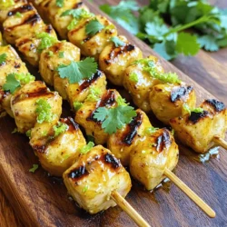 To make Honey Lime Chicken Skewers, you need a few simple ingredients. Here’s what you will need: - 1 lb (450g) chicken breast, cut into 1-inch cubes - 1/4 cup honey - 1/4 cup lime juice (freshly squeezed) - Zest of 1 lime - 2 tablespoons olive oil - 2 cloves garlic, minced - 1 teaspoon ground cumin - 1 teaspoon smoked paprika - Salt and pepper to taste - Wooden skewers (soaked in water for 30 minutes) - Fresh cilantro leaves, for garnish Each ingredient adds its own flavor. The chicken is the main star. It absorbs the marinade well. Honey brings sweetness, while lime juice adds a nice tang. Olive oil helps keep the chicken moist. Garlic and spices add depth. Make sure to soak your wooden skewers. This prevents them from burning on the grill. Fresh cilantro makes a great garnish. It adds a pop of color and flavor. Enjoy gathering these ingredients. They set the stage for a tasty meal! To start, gather your ingredients. You will need honey, lime juice, lime zest, olive oil, garlic, cumin, smoked paprika, salt, and pepper. In a medium bowl, whisk together the honey, lime juice, lime zest, olive oil, minced garlic, ground cumin, and smoked paprika. Mix them well until everything blends into a smooth marinade. This mix is where the magic begins. It adds a sweet and tangy flavor to the chicken that you will love. Next, take 1 pound of chicken breast. Cut it into 1-inch cubes for even cooking. Place the chicken pieces into the bowl with your marinade. Make sure each piece gets a good coating. Cover the bowl with plastic wrap or a lid. Refrigerate for at least 30 minutes. This time lets the chicken soak up all those tasty flavors. Once your chicken has marinated, it’s time to grill. Preheat your grill or grill pan to medium-high heat. While the grill heats up, take your soaked wooden skewers. Thread 3 to 4 pieces of marinated chicken onto each skewer. Make sure to leave a bit of space between each piece. This helps them cook evenly. Now, place the skewers on the grill. Cook them for about 10 to 12 minutes. Remember to turn them occasionally. You want to see nice grill marks on your chicken. To check for doneness, use a meat thermometer. The internal temperature should reach 165°F (75°C). This ensures your chicken is safe to eat and perfectly juicy. After grilling, remove the skewers from the grill. Let them rest for a few minutes before serving. This resting time keeps the chicken tender. For a lovely finish, garnish with fresh cilantro leaves. They add a burst of color and flavor. Enjoy your Honey Lime Chicken Skewers! To get the best taste, let the chicken sit in the marinade. A good time is 30 minutes, but longer works too. The honey and lime mix together, giving the chicken a sweet and tangy flavor. The garlic and spices like cumin and paprika add depth. For a twist, try adding a splash of soy sauce or chili powder to the marinade. This can bring out new flavors. When grilling, preheat your grill to medium-high heat. This ensures a nice sear on the chicken. Remember to soak wooden skewers for 30 minutes. This keeps them from burning. Thread 3-4 chicken pieces per skewer. Grill for 10-12 minutes. Turn the skewers occasionally for even cooking. Use a meat thermometer to check for doneness; it should read 165°F (75°C). This ensures the chicken is safe to eat. These skewers pair well with fresh sides. A light salad with greens and a citrus dressing works great. You can also serve them with rice or quinoa. For a fun twist, try them with grilled veggies like bell peppers and zucchini. A cold drink, like lemonade or iced tea, can balance the flavors too. Enjoying these skewers at a picnic or barbecue makes for a fun meal. {{image_2}} You can switch up the protein in these skewers. Try shrimp, pork, or beef. Each protein brings its own flavor. Shrimp cooks fast, so watch the grill. Pork needs a bit more time to cook through. Beef adds a hearty taste that pairs well with the honey lime mix. Just cut the meat into similar-sized pieces for even cooking. Adjust the marinade time based on the protein type. You can change the marinade for new tastes. Try adding soy sauce for a savory twist. You can also use orange juice instead of lime for a sweeter flavor. Add a bit of chili powder for heat. Use fresh herbs like mint or basil for a refreshing kick. Each change gives your skewers a unique spin. Be bold and mix your favorite flavors! Adding veggies to your skewers makes them colorful and healthy. Bell peppers, onions, and zucchini work well. Cut veggies into chunks, like the chicken. Soak the wooden skewers to prevent burning. Thread chicken and veggies together for a fun look. Grilling veggies adds a nice charred flavor. Plus, they soak up the marinade too! Enjoy a balanced meal that looks great on the plate. After enjoying your honey lime chicken skewers, store any leftovers in an airtight container. Make sure to cool the skewers to room temperature before sealing. Proper storage helps maintain the flavors and texture. Keep them in the fridge for up to three days. When ready to eat your leftovers, reheat them on the grill or stovetop. Preheat your grill to medium heat. Place the skewers on the grill for about 5-7 minutes. Turn them occasionally until heated through. You can also use a microwave. Heat the skewers on a plate for about 1-2 minutes, checking to avoid overcooking. If you want to store the skewers for a longer time, freezing is a great option. Let the cooked skewers cool completely before freezing. Place them in a freezer-safe bag or container. Label it with the date. They can stay in the freezer for up to three months. To eat, thaw them overnight in the fridge. Reheat as mentioned before. Enjoy your tasty meal later! If you need a honey substitute, try maple syrup. It adds a sweet flavor. Agave nectar works well too. Both options keep the dish tasty and sweet. You can also use brown sugar mixed with a little water. This mix gives a similar effect. I recommend marinating the chicken for at least 30 minutes. This time lets the flavors soak in. If you have time, marinate for a few hours or overnight. Longer marinating makes the chicken even more flavorful and tender. Yes, you can cook these skewers in the oven. Preheat your oven to 400°F (200°C). Place the skewers on a baking sheet lined with foil. Bake for about 15-20 minutes, turning halfway through. Check that the chicken reaches 165°F (75°C) for safe eating. This blog post covered how to make tasty chicken skewers. I shared key ingredients like chicken breast, honey, and lime juice. You learned step-by-step instructions to prepare, marinate, and grill. I also offered tips for the best flavors and suggested fun variations. In the end, making these skewers is simple and rewarding. Enjoy delicious meals and impress your family and friends!