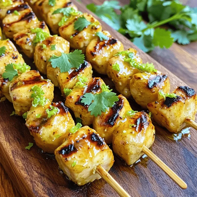 To make Honey Lime Chicken Skewers, you need a few simple ingredients. Here’s what you will need: - 1 lb (450g) chicken breast, cut into 1-inch cubes - 1/4 cup honey - 1/4 cup lime juice (freshly squeezed) - Zest of 1 lime - 2 tablespoons olive oil - 2 cloves garlic, minced - 1 teaspoon ground cumin - 1 teaspoon smoked paprika - Salt and pepper to taste - Wooden skewers (soaked in water for 30 minutes) - Fresh cilantro leaves, for garnish Each ingredient adds its own flavor. The chicken is the main star. It absorbs the marinade well. Honey brings sweetness, while lime juice adds a nice tang. Olive oil helps keep the chicken moist. Garlic and spices add depth. Make sure to soak your wooden skewers. This prevents them from burning on the grill. Fresh cilantro makes a great garnish. It adds a pop of color and flavor. Enjoy gathering these ingredients. They set the stage for a tasty meal! To start, gather your ingredients. You will need honey, lime juice, lime zest, olive oil, garlic, cumin, smoked paprika, salt, and pepper. In a medium bowl, whisk together the honey, lime juice, lime zest, olive oil, minced garlic, ground cumin, and smoked paprika. Mix them well until everything blends into a smooth marinade. This mix is where the magic begins. It adds a sweet and tangy flavor to the chicken that you will love. Next, take 1 pound of chicken breast. Cut it into 1-inch cubes for even cooking. Place the chicken pieces into the bowl with your marinade. Make sure each piece gets a good coating. Cover the bowl with plastic wrap or a lid. Refrigerate for at least 30 minutes. This time lets the chicken soak up all those tasty flavors. Once your chicken has marinated, it’s time to grill. Preheat your grill or grill pan to medium-high heat. While the grill heats up, take your soaked wooden skewers. Thread 3 to 4 pieces of marinated chicken onto each skewer. Make sure to leave a bit of space between each piece. This helps them cook evenly. Now, place the skewers on the grill. Cook them for about 10 to 12 minutes. Remember to turn them occasionally. You want to see nice grill marks on your chicken. To check for doneness, use a meat thermometer. The internal temperature should reach 165°F (75°C). This ensures your chicken is safe to eat and perfectly juicy. After grilling, remove the skewers from the grill. Let them rest for a few minutes before serving. This resting time keeps the chicken tender. For a lovely finish, garnish with fresh cilantro leaves. They add a burst of color and flavor. Enjoy your Honey Lime Chicken Skewers! To get the best taste, let the chicken sit in the marinade. A good time is 30 minutes, but longer works too. The honey and lime mix together, giving the chicken a sweet and tangy flavor. The garlic and spices like cumin and paprika add depth. For a twist, try adding a splash of soy sauce or chili powder to the marinade. This can bring out new flavors. When grilling, preheat your grill to medium-high heat. This ensures a nice sear on the chicken. Remember to soak wooden skewers for 30 minutes. This keeps them from burning. Thread 3-4 chicken pieces per skewer. Grill for 10-12 minutes. Turn the skewers occasionally for even cooking. Use a meat thermometer to check for doneness; it should read 165°F (75°C). This ensures the chicken is safe to eat. These skewers pair well with fresh sides. A light salad with greens and a citrus dressing works great. You can also serve them with rice or quinoa. For a fun twist, try them with grilled veggies like bell peppers and zucchini. A cold drink, like lemonade or iced tea, can balance the flavors too. Enjoying these skewers at a picnic or barbecue makes for a fun meal. {{image_2}} You can switch up the protein in these skewers. Try shrimp, pork, or beef. Each protein brings its own flavor. Shrimp cooks fast, so watch the grill. Pork needs a bit more time to cook through. Beef adds a hearty taste that pairs well with the honey lime mix. Just cut the meat into similar-sized pieces for even cooking. Adjust the marinade time based on the protein type. You can change the marinade for new tastes. Try adding soy sauce for a savory twist. You can also use orange juice instead of lime for a sweeter flavor. Add a bit of chili powder for heat. Use fresh herbs like mint or basil for a refreshing kick. Each change gives your skewers a unique spin. Be bold and mix your favorite flavors! Adding veggies to your skewers makes them colorful and healthy. Bell peppers, onions, and zucchini work well. Cut veggies into chunks, like the chicken. Soak the wooden skewers to prevent burning. Thread chicken and veggies together for a fun look. Grilling veggies adds a nice charred flavor. Plus, they soak up the marinade too! Enjoy a balanced meal that looks great on the plate. After enjoying your honey lime chicken skewers, store any leftovers in an airtight container. Make sure to cool the skewers to room temperature before sealing. Proper storage helps maintain the flavors and texture. Keep them in the fridge for up to three days. When ready to eat your leftovers, reheat them on the grill or stovetop. Preheat your grill to medium heat. Place the skewers on the grill for about 5-7 minutes. Turn them occasionally until heated through. You can also use a microwave. Heat the skewers on a plate for about 1-2 minutes, checking to avoid overcooking. If you want to store the skewers for a longer time, freezing is a great option. Let the cooked skewers cool completely before freezing. Place them in a freezer-safe bag or container. Label it with the date. They can stay in the freezer for up to three months. To eat, thaw them overnight in the fridge. Reheat as mentioned before. Enjoy your tasty meal later! If you need a honey substitute, try maple syrup. It adds a sweet flavor. Agave nectar works well too. Both options keep the dish tasty and sweet. You can also use brown sugar mixed with a little water. This mix gives a similar effect. I recommend marinating the chicken for at least 30 minutes. This time lets the flavors soak in. If you have time, marinate for a few hours or overnight. Longer marinating makes the chicken even more flavorful and tender. Yes, you can cook these skewers in the oven. Preheat your oven to 400°F (200°C). Place the skewers on a baking sheet lined with foil. Bake for about 15-20 minutes, turning halfway through. Check that the chicken reaches 165°F (75°C) for safe eating. This blog post covered how to make tasty chicken skewers. I shared key ingredients like chicken breast, honey, and lime juice. You learned step-by-step instructions to prepare, marinate, and grill. I also offered tips for the best flavors and suggested fun variations. In the end, making these skewers is simple and rewarding. Enjoy delicious meals and impress your family and friends!