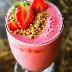 For this recipe, use 1 cup of fresh strawberries. Make sure they are ripe for the best flavor. Look for bright red berries with no white spots. Wash them gently and remove the green tops. Fresh strawberries add natural sweetness and vibrant color. I recommend using regular cream cheese for a rich taste. Look for a brand that is full-fat. This gives your smoothie a creamy texture. If you want a lighter option, you can use reduced-fat cream cheese. It still tastes great! Use 1/2 cup of Greek yogurt in your smoothie. Brands like Fage or Chobani are great choices. They offer a thick texture and tangy flavor. Greek yogurt adds protein and creaminess to the mix. For milk, you can use 1 cup of dairy or non-dairy milk. Whole milk will create a richer taste. Almond milk or oat milk are excellent non-dairy options. Choose what fits your diet best. Both types work well in this smoothie. You need 2 tablespoons of sweetener. Honey adds a floral note, while maple syrup gives a warm flavor. Adjust the amount based on your taste. Start with less and add more if needed. Both options will sweeten your smoothie nicely. Add 1/4 cup of graham cracker crumbs to your smoothie. This gives it a cheesecake-like crunch. Save some crumbs for sprinkling on top. This adds a lovely finish to your drink. Plus, it makes it look more appealing! Start by washing your strawberries. Remove the green tops, then slice them. You want one cup of fresh strawberries. Slicing helps them blend easier. Fresh strawberries make the smoothie sweet and fruity. If you have frozen ones, they work too, but fresh is best for taste. In your blender, add the sliced strawberries. Next, add half a cup of softened cream cheese. Include half a cup of Greek yogurt for creaminess. Pour in one cup of milk, either dairy or non-dairy. Don't forget to add two tablespoons of honey or maple syrup for sweetness. A dash of half a teaspoon of vanilla extract gives great flavor. Blend these on high speed until the mix is smooth and creamy. Check your smoothie’s thickness. If it seems thick, add a little more milk. Blend it again until you have your desired consistency. Some like it thick, while others prefer a thinner drink. Adjust it to fit your taste. Now it's time for the graham cracker crumbs. Add a quarter cup to the blender and pulse a few times. You want to mix them in but keep some texture. This step gives your smoothie that classic cheesecake feel. It’s like a dessert in a glass! Pour your smoothie into glasses. Sprinkle extra graham cracker crumbs on top for a nice touch. You can also add a whole strawberry as a garnish. This makes it look beautiful and appetizing. Serve it right away for the best flavor. Enjoy your delicious creation! To change the thickness, adjust the liquid. For a thicker smoothie, add ice cubes. Blend until mixed well. You can also use less milk. If you want it thinner, add more milk. Blend again until you reach your desired texture. Taste your smoothie before serving. If it needs more sweetness, add honey or maple syrup. Start with a little, then blend. Taste again and repeat if needed. Adjusting the sweetness helps make the smoothie perfect for you. A good blender is key. Use a blender with strong blades for a smooth mix. This helps blend the cream cheese and strawberries well. A tall glass or mason jar works great for serving. Don't forget to get some fun straws for an extra touch! {{image_2}} To make a vegan version, you can easily swap some ingredients. Use vegan cream cheese instead of regular cream cheese. Replace Greek yogurt with a plant-based yogurt, like almond or coconut. For milk, choose almond, soy, or oat milk. This version keeps the creamy taste but fits a vegan diet. If you want to cut down on sugar, you have choices. Use unsweetened almond milk and skip the honey or maple syrup. Instead, you can add a sugar-free sweetener, like stevia or monk fruit. This will keep the smoothie tasty without extra sugar. You can boost the nutrition of your smoothie by adding extras. Toss in a handful of fresh spinach for vitamins. It won’t change the taste much, but it adds fiber and iron. You can also mix in protein powder for a filling meal. Choose a flavor that pairs well, like vanilla or unflavored. If you have leftover smoothie, store it in an airtight container. Use a glass jar or a plastic bottle with a secure lid. Keep it in the fridge for up to 24 hours. The smoothie may separate, so give it a good shake before drinking. This keeps it fresh and tasty. You can freeze any leftover ingredients for later use. Divide fresh strawberries and graham cracker crumbs into small bags. Make sure to label the bags with the date. When you want to make more smoothies, just grab what you need. Frozen strawberries work great in smoothies, adding chill and flavor. Smoothies are best served cold, so reheating is not ideal. If you find the texture isn't right after storing, try blending it again. You can add a splash of milk to help restore the creamy texture. This way, your smoothie stays delicious and enjoyable! Yes, you can make this smoothie ahead of time. Just blend all the ingredients. Store it in a sealed container in the fridge. It tastes best fresh, but it can last for one day. Give it a good shake or stir before drinking. You can use ricotta cheese or a non-dairy cream cheese. Both options give a creamy texture. Silken tofu is another great choice. It adds creaminess without the dairy. To make this smoothie dairy-free, use non-dairy yogurt and milk. Almond milk or oat milk works well. Choose a dairy-free cream cheese or silken tofu for the best results. This keeps the taste rich and creamy. Yes, this smoothie can be healthy. It has fresh strawberries, Greek yogurt, and milk. These ingredients provide vitamins and protein. You can adjust the sweetness to keep it low in sugar. It's a great snack or breakfast choice. You can store the smoothie in the fridge for up to 24 hours. After that, the texture may change. If it separates, just stir it well before drinking. Enjoy it fresh for the best flavor! You now have all the best tips for making a tasty strawberry cheesecake smoothie. We covered fresh ingredients like strawberries and cream cheese, and how to get the perfect blend. I shared tips to adjust sweetness and how to store your smoothie. You even learned some fun variations, like vegan and low-sugar options. With these steps, you can enjoy a delicious smoothie any time. Experiment and find what you like best! Enjoy your smoothie adventures!
