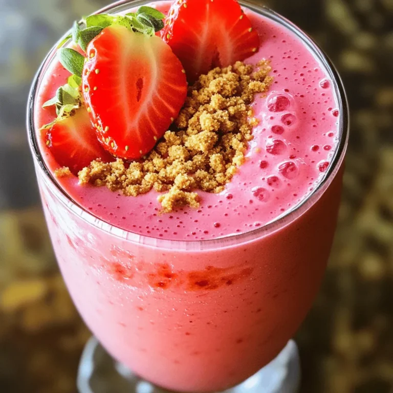 For this recipe, use 1 cup of fresh strawberries. Make sure they are ripe for the best flavor. Look for bright red berries with no white spots. Wash them gently and remove the green tops. Fresh strawberries add natural sweetness and vibrant color. I recommend using regular cream cheese for a rich taste. Look for a brand that is full-fat. This gives your smoothie a creamy texture. If you want a lighter option, you can use reduced-fat cream cheese. It still tastes great! Use 1/2 cup of Greek yogurt in your smoothie. Brands like Fage or Chobani are great choices. They offer a thick texture and tangy flavor. Greek yogurt adds protein and creaminess to the mix. For milk, you can use 1 cup of dairy or non-dairy milk. Whole milk will create a richer taste. Almond milk or oat milk are excellent non-dairy options. Choose what fits your diet best. Both types work well in this smoothie. You need 2 tablespoons of sweetener. Honey adds a floral note, while maple syrup gives a warm flavor. Adjust the amount based on your taste. Start with less and add more if needed. Both options will sweeten your smoothie nicely. Add 1/4 cup of graham cracker crumbs to your smoothie. This gives it a cheesecake-like crunch. Save some crumbs for sprinkling on top. This adds a lovely finish to your drink. Plus, it makes it look more appealing! Start by washing your strawberries. Remove the green tops, then slice them. You want one cup of fresh strawberries. Slicing helps them blend easier. Fresh strawberries make the smoothie sweet and fruity. If you have frozen ones, they work too, but fresh is best for taste. In your blender, add the sliced strawberries. Next, add half a cup of softened cream cheese. Include half a cup of Greek yogurt for creaminess. Pour in one cup of milk, either dairy or non-dairy. Don't forget to add two tablespoons of honey or maple syrup for sweetness. A dash of half a teaspoon of vanilla extract gives great flavor. Blend these on high speed until the mix is smooth and creamy. Check your smoothie’s thickness. If it seems thick, add a little more milk. Blend it again until you have your desired consistency. Some like it thick, while others prefer a thinner drink. Adjust it to fit your taste. Now it's time for the graham cracker crumbs. Add a quarter cup to the blender and pulse a few times. You want to mix them in but keep some texture. This step gives your smoothie that classic cheesecake feel. It’s like a dessert in a glass! Pour your smoothie into glasses. Sprinkle extra graham cracker crumbs on top for a nice touch. You can also add a whole strawberry as a garnish. This makes it look beautiful and appetizing. Serve it right away for the best flavor. Enjoy your delicious creation! To change the thickness, adjust the liquid. For a thicker smoothie, add ice cubes. Blend until mixed well. You can also use less milk. If you want it thinner, add more milk. Blend again until you reach your desired texture. Taste your smoothie before serving. If it needs more sweetness, add honey or maple syrup. Start with a little, then blend. Taste again and repeat if needed. Adjusting the sweetness helps make the smoothie perfect for you. A good blender is key. Use a blender with strong blades for a smooth mix. This helps blend the cream cheese and strawberries well. A tall glass or mason jar works great for serving. Don't forget to get some fun straws for an extra touch! {{image_2}} To make a vegan version, you can easily swap some ingredients. Use vegan cream cheese instead of regular cream cheese. Replace Greek yogurt with a plant-based yogurt, like almond or coconut. For milk, choose almond, soy, or oat milk. This version keeps the creamy taste but fits a vegan diet. If you want to cut down on sugar, you have choices. Use unsweetened almond milk and skip the honey or maple syrup. Instead, you can add a sugar-free sweetener, like stevia or monk fruit. This will keep the smoothie tasty without extra sugar. You can boost the nutrition of your smoothie by adding extras. Toss in a handful of fresh spinach for vitamins. It won’t change the taste much, but it adds fiber and iron. You can also mix in protein powder for a filling meal. Choose a flavor that pairs well, like vanilla or unflavored. If you have leftover smoothie, store it in an airtight container. Use a glass jar or a plastic bottle with a secure lid. Keep it in the fridge for up to 24 hours. The smoothie may separate, so give it a good shake before drinking. This keeps it fresh and tasty. You can freeze any leftover ingredients for later use. Divide fresh strawberries and graham cracker crumbs into small bags. Make sure to label the bags with the date. When you want to make more smoothies, just grab what you need. Frozen strawberries work great in smoothies, adding chill and flavor. Smoothies are best served cold, so reheating is not ideal. If you find the texture isn't right after storing, try blending it again. You can add a splash of milk to help restore the creamy texture. This way, your smoothie stays delicious and enjoyable! Yes, you can make this smoothie ahead of time. Just blend all the ingredients. Store it in a sealed container in the fridge. It tastes best fresh, but it can last for one day. Give it a good shake or stir before drinking. You can use ricotta cheese or a non-dairy cream cheese. Both options give a creamy texture. Silken tofu is another great choice. It adds creaminess without the dairy. To make this smoothie dairy-free, use non-dairy yogurt and milk. Almond milk or oat milk works well. Choose a dairy-free cream cheese or silken tofu for the best results. This keeps the taste rich and creamy. Yes, this smoothie can be healthy. It has fresh strawberries, Greek yogurt, and milk. These ingredients provide vitamins and protein. You can adjust the sweetness to keep it low in sugar. It's a great snack or breakfast choice. You can store the smoothie in the fridge for up to 24 hours. After that, the texture may change. If it separates, just stir it well before drinking. Enjoy it fresh for the best flavor! You now have all the best tips for making a tasty strawberry cheesecake smoothie. We covered fresh ingredients like strawberries and cream cheese, and how to get the perfect blend. I shared tips to adjust sweetness and how to store your smoothie. You even learned some fun variations, like vegan and low-sugar options. With these steps, you can enjoy a delicious smoothie any time. Experiment and find what you like best! Enjoy your smoothie adventures!