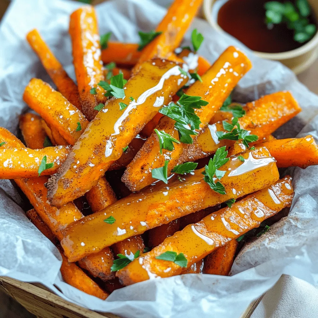 For this recipe, you need four large carrots. Choosing fresh, firm carrots is key for great taste. First, wash the carrots well to remove any dirt. Next, cut each carrot into thin fries. Aim for even size to ensure they cook well. This way, every fry gets a nice glaze and cooks evenly. The maple glaze makes these fries special. You’ll need two tablespoons of olive oil and three tablespoons of pure maple syrup. The olive oil helps the glaze stick. The maple syrup adds sweetness and a nice shine. This balance creates a tasty flavor that pairs well with the carrots. To enhance the flavor, add one teaspoon of cinnamon and half a teaspoon of nutmeg. These spices bring warmth and depth to the dish. Don't forget to add salt to taste! For a fresh touch, chop some parsley to use as a garnish. This bright green adds color and a hint of freshness on top. First, you need to preheat your oven to 425°F (220°C). This high heat helps the fries crisp up nicely. While your oven warms, line a baking sheet with parchment paper. This step keeps the fries from sticking and makes clean-up easy. Next, take four large carrots and cut them into thin fries. In a big mixing bowl, add the carrot fries. Pour in two tablespoons of olive oil and three tablespoons of pure maple syrup. Then, sprinkle in one teaspoon of cinnamon and half a teaspoon of nutmeg. Add salt to taste. Toss everything together until the fries are well coated. This mix creates a sweet and spicy glaze that makes the fries tasty. Now, spread the seasoned carrot fries in a single layer on your prepared baking sheet. Bake them for 20-25 minutes. Halfway through, flip the fries to ensure they cook evenly. You want them to turn golden brown and become tender. Once done, take them out of the oven. Let them cool slightly before serving. If you like, drizzle a little extra maple syrup on top and garnish with fresh parsley for a pop of color. To get your carrot fries crispy, cut the carrots thin. Aim for uniform pieces. This helps them cook evenly. Toss them well with olive oil and maple syrup. Oil helps in browning and crisping. Spread the fries in a single layer on the baking sheet. Avoid overcrowding; this lets moisture escape. Flip the fries halfway through baking for even crispiness. To boost the maple glaze, use pure maple syrup. It has a rich taste. Add cinnamon and nutmeg for warmth and spice. Adjust the amount to fit your taste. A touch of salt also balances the sweetness. For a more intense flavor, drizzle extra maple syrup right before serving. Presentation matters! Serve your carrot fries in a rustic basket. Line it with parchment paper for a nice touch. Sprinkle fresh parsley on top for color. Add a small bowl of extra maple syrup for dipping. This makes the dish look inviting and fun. It also adds a nice interactive element for your guests. {{image_2}} You can change the taste of your carrot fries easily. Try using garlic powder for a savory twist. If you love heat, add a pinch of cayenne pepper. You can also use smoked paprika for a nice, smoky flavor. Mix and match these spices to find what you like best! Carrots are great, but don’t stop there! You can use sweet potatoes for a sweeter taste. Zucchini or parsnips also make tasty fries. Just cut them into thin strips like the carrots. Adjust the baking time as needed, since different veggies cook at different speeds. Maple glazed carrot fries taste amazing on their own. But, you can make them even better with dips! Try ranch dressing or a spicy mayo. You can also pair them with a fresh salad for a light meal. Serve them in a basket for a fun touch. To store your carrot fries, let them cool completely. Place them in an airtight container. This keeps them fresh for up to three days. If you want to save space, use a flat, shallow dish. This helps the fries stay crisp. When you reheat the carrot fries, use your oven. Preheat it to 350°F (175°C). Spread the fries on a baking sheet. Heat for about 10 minutes. This method keeps them crispy. Avoid using the microwave, as it can make them soggy. You can freeze carrot fries for later. First, bake them as usual and let them cool. Then, spread them out on a baking sheet and freeze for about an hour. Once frozen, transfer them to a freezer bag. They can stay good for up to three months. When ready to enjoy, bake them straight from the freezer without thawing. This keeps their flavor and texture intact. Yes, you can use baby carrots. They will work well. Just cut them into thin fry shapes. The cooking time might be shorter, so keep an eye on them. To add spice, try using a pinch of cayenne pepper. You can also add chili powder for a different heat. Mix these spices in with the olive oil and maple syrup for a tasty kick. These fries pair well with many dishes. Try serving them with grilled chicken or fish. They also go nicely with a fresh salad. For a fun dip, offer a yogurt or ranch dressing on the side. In this blog post, I covered how to make tasty maple-glazed carrot fries. We discussed the essential ingredients, step-by-step instructions, and helpful tips for the best results. Remember, the key to perfect fries is crispy texture and great flavor. Feel free to explore variations with other veggies and dips. Storing leftovers properly ensures you enjoy them later. With these tips, you can wow your guests and enjoy a healthy snack. Happy cooking!