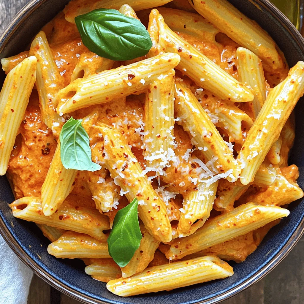 - 8 oz pasta of choice (penne or fusilli works well) - 1 cup roasted red peppers (jarred or homemade) - 1 cup chickpeas, drained and rinsed - 1/4 cup tahini - 2 tablespoons olive oil - 2 cloves garlic, minced - 1 lemon, juiced - 1/2 teaspoon smoked paprika - 1/2 teaspoon cumin - Salt and pepper to taste - Fresh basil leaves for garnish - Grated parmesan cheese (optional) - Use ounces for pasta. - Cups work for roasted peppers and chickpeas. - Tablespoons are great for tahini and olive oil. - Teaspoons suit spices like smoked paprika and cumin. - You can swap the pasta for gluten-free options. - Use white beans if you don't have chickpeas. - Sun-dried tomatoes make a great choice instead of roasted peppers. - Almond butter can replace tahini in a pinch. - Any neutral oil will work if you run out of olive oil. - Fresh herbs like parsley can replace basil for a twist. - Skip the cheese for a vegan dish. To start, fill a large pot with water. Add a good amount of salt to the water. Bring it to a boil over high heat. Once the water is boiling, add 8 oz of your favorite pasta. Penne or fusilli work best for this dish. Cook the pasta according to the package instructions until it is al dente. This usually takes about 8 to 10 minutes. When the pasta is cooked, reserve 1/2 cup of the pasta water. Then, drain the pasta in a colander. Set it aside while you prepare the hummus sauce. Grab a blender or food processor for this part. Add 1 cup of roasted red peppers to the blender. You can use jarred or homemade peppers. Next, add 1 cup of drained chickpeas. Then, pour in 1/4 cup of tahini and 2 tablespoons of olive oil. Add 2 minced garlic cloves and the juice from 1 lemon. For flavor, sprinkle in 1/2 teaspoon of smoked paprika and 1/2 teaspoon of cumin. Season with a pinch of salt and pepper. Blend everything until it is smooth and creamy. If the sauce is too thick, add a bit of the reserved pasta water. Blend again until you reach the right consistency. In a large mixing bowl, combine the warm pasta with the hummus sauce. Toss well to coat every piece of pasta. If the sauce is still too thick, add more reserved pasta water. Do this one tablespoon at a time until it is creamy enough for your taste. Once mixed, serve the pasta in bowls. For a nice touch, garnish with fresh basil leaves. If you like, sprinkle some grated parmesan cheese on top. Enjoy your creamy roasted red pepper hummus pasta! To get that rich and creamy texture, blend your sauce well. Use a good blender or food processor. Start with the roasted red peppers and chickpeas. Add tahini, olive oil, garlic, and lemon juice next. Blend until smooth. If the sauce is too thick, add some reserved pasta water. This water is starchy and will help create a silky sauce. Aim for a spreadable, creamy mix that coats the pasta well. Seasoning is key to a tasty dish. Start with salt and pepper, but don't stop there. Smoked paprika and cumin add depth. They bring warmth and a hint of smokiness. Taste the sauce as you mix. This will help you adjust the flavors. If it needs more zing, add extra lemon juice. For a herbaceous touch, you can also mix in fresh herbs like basil or parsley. How you serve your pasta can make a big impact. Use deep pasta bowls for a nice look. Drizzle a little olive oil on top for shine. Add fresh basil leaves for a pop of green. If you love cheese, sprinkle some grated parmesan on top. This adds flavor and a nice texture. For extra flair, you can even add some chili flakes for a spicy kick. {{image_2}} To make this dish vegan, skip the parmesan cheese. The creamy hummus sauce is already rich. You can also use nutritional yeast for a cheesy flavor. It adds a nice umami taste without dairy. If you want more protein, add cooked chicken or shrimp. Toss them in with the pasta and sauce. For a plant-based option, try adding lentils or tofu. They absorb the flavors well and boost nutrition. Want to switch things up? Change the roasted red peppers for sun-dried tomatoes. They add a tangy twist. You can also swap tahini for almond butter for a nuttier taste. If you crave spice, add some red pepper flakes to the sauce. Each swap gives your dish a new flair. You can store leftover creamy roasted red pepper hummus pasta in the fridge. Place it in an airtight container. It will stay fresh for about 3 to 5 days. Before serving, check for any signs of spoilage. If you want to freeze the pasta, it’s best to do this before adding any toppings. Put the cooled pasta in a freezer-safe container. It can last up to 3 months in the freezer. When you're ready to enjoy it, thaw it in the fridge overnight. To reheat, use a pan over low heat. Add a splash of water or olive oil. Stir it often to keep it from sticking. You can also use a microwave. Heat in short bursts, stirring in between. This helps keep the creamy texture. Yes, you can make this recipe in advance. I suggest cooking the pasta and sauce separately. Store the hummus sauce in the fridge for up to three days. When ready to eat, cook the pasta fresh. Mix the warm pasta with the chilled sauce. This keeps the pasta from getting soggy. Penne and fusilli work best for this dish. Their shapes hold the sauce well. You can also try spaghetti or farfalle if you like. Choose your favorite type and enjoy! Yes, you can! Use gluten-free pasta options like quinoa or brown rice pasta. These alternatives still taste great with the hummus sauce. Just cook them according to the package instructions. Enjoy a delicious meal that fits your needs! This blog post guided you through making a delicious pasta dish with hummus sauce. We covered the key ingredients, their measurements, and smart substitutions. You learned step-by-step how to cook pasta, prepare the sauce, and combine them. Helpful tips ensured a creamy texture and a burst of flavor for your meal. Consider trying variations like vegan swaps or extra protein. Plus, we shared storage tips for keeping leftovers fresh. Now, with all this knowledge, you can create a tasty dish that fits your needs. Enjoy your cooking journey!