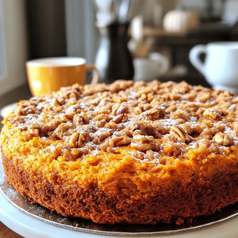 - 1 cup all-purpose flour - 1 cup whole wheat flour - 1 teaspoon baking powder - 1 teaspoon baking soda - 1 teaspoon ground cinnamon - ½ teaspoon ground nutmeg - ½ teaspoon salt - ¾ cup granulated sugar - ½ cup brown sugar, packed - ½ cup unsalted butter, softened - 2 large eggs - 1 cup pumpkin puree - 1 teaspoon vanilla extract - ½ cup all-purpose flour - ½ cup brown sugar, packed - 1 teaspoon ground cinnamon - ¼ cup unsalted butter, melted - ½ cup chopped pecans or walnuts (optional) I love using a mix of all-purpose and whole wheat flour for the cake. This combo gives the cake a nice texture and adds some good nutrients. Baking powder and baking soda help the cake rise, making it light and fluffy. Ground cinnamon and nutmeg bring warmth and spice. I use both granulated and brown sugar for a balanced sweetness. The brown sugar adds a slight caramel flavor that complements the pumpkin. For the streusel topping, I stick to all-purpose flour and brown sugar again. This combination creates a crumbly texture that contrasts nicely with the soft cake. Ground cinnamon adds a warm spice, while melted butter makes everything stick together. If you want to add some crunch, toss in pecans or walnuts. They bring a lovely nuttiness that elevates each bite. These ingredients work together to create a delicious coffee cake, perfect for any time of day. First, preheat your oven to 350°F (175°C). This step helps the cake rise evenly. While it warms, grease a 9-inch square or round baking pan. Use butter or cooking spray. This keeps the cake from sticking. In a large bowl, sift together the all-purpose flour and whole wheat flour. Add 1 teaspoon each of baking powder and baking soda. Then, mix in 1 teaspoon ground cinnamon, ½ teaspoon ground nutmeg, and ½ teaspoon salt. This blend gives your cake great flavor and rise. In another bowl, cream together ¾ cup granulated sugar, ½ cup brown sugar, and ½ cup softened butter. Mix until it is fluffy. Next, add 2 large eggs one at a time. Beat well after each egg. Then, stir in 1 cup of pumpkin puree and 1 teaspoon vanilla extract. Ensure everything is smooth and mixed well. Gradually add the dry ingredients to the wet mixture. Use a folding technique to combine them gently. Be careful not to overmix. This keeps the cake light and fluffy. Pour half of the batter into your greased pan and spread it evenly. For the streusel topping, mix ½ cup all-purpose flour, ½ cup brown sugar, and 1 teaspoon ground cinnamon in a small bowl. Stir in ¼ cup melted butter until it looks like coarse crumbs. If you want, fold in ½ cup chopped nuts. Sprinkle half of this mixture over the cake batter in the pan. Now, pour the rest of the batter over the streusel layer. Smooth it out nicely. Top with the remaining streusel mixture. Place the pan in the oven and bake for 30-35 minutes. To check for doneness, use a toothpick. Insert it into the center. If it comes out clean, your cake is ready! To make your cake light and fluffy, avoid overmixing the batter. Mix just until the ingredients come together. If you mix too much, the cake can turn out dense. Adjusting spices lets you create the flavor you love. If you like more warmth, add extra cinnamon or nutmeg. Taste your batter before baking. This way, you can make it just right. To give your cake a polished look, dust it with powdered sugar after it cools. This adds sweetness and makes it look fancy. Pair your coffee cake with a warm cup of coffee or tea. The flavors blend well, making your treat even more enjoyable. If you have leftovers, reheating is easy. Preheat your oven to 350°F (175°C). Place slices on a baking sheet and heat for about 10 minutes. This keeps the cake moist and delicious. You can also microwave a slice for about 15-20 seconds. Enjoy your cake warm, just like fresh from the oven! {{image_2}} You can change the nuts in the streusel to suit your taste. Almonds, walnuts, or pumpkin seeds each add a unique flavor. I love using walnuts for their rich taste. Just chop them up and fold them into the streusel mix. You can also sprinkle them on top for added crunch. If you want to make this cake even sweeter, try adding a glaze. A cream cheese glaze gives a rich, tangy flavor. Mix cream cheese with powdered sugar and a splash of milk. For a simpler choice, a vanilla glaze works well too. Just mix powdered sugar with milk and a bit of vanilla extract. Drizzle it over the cooled cake for a pretty finish. If you need a gluten-free option, you can swap the flours. Use a gluten-free flour blend instead of all-purpose and whole wheat flours. Just make sure you have a blend that works for baking. This keeps the cake light and soft while still being gluten-free. You won’t miss the regular flour at all! Store your pumpkin cinnamon streusel coffee cake at room temperature for up to three days. Keep it covered with plastic wrap or in an airtight container. If you live in a warm climate, refrigeration is best. This helps keep it fresh and moist. In the fridge, it can last for about a week. To freeze your coffee cake, wrap it tightly in plastic wrap. Then, place it in a freezer bag or an airtight container. This method helps keep the cake fresh. It can stay in the freezer for up to three months. When you're ready to enjoy it, let it thaw in the fridge overnight. You can also warm individual slices in the microwave for a quick treat. The coffee cake lasts about three days at room temperature and a week in the fridge. If frozen, it stays fresh for about three months. Always check for signs of spoilage before eating leftovers. If it smells off or has mold, it's best to toss it. Enjoy your delicious cake while it’s fresh! Yes, you can use fresh pumpkin. Just cook, cool, and mash it. Measure one cup of fresh pumpkin for the recipe. It adds a nice flavor and texture. Absolutely! You can replace the eggs with flaxseed meal. Mix one tablespoon of flaxseed meal with three tablespoons of water. Let it sit for five minutes to thicken. Use a vegan butter alternative in place of regular butter. Check the cake with a toothpick. Insert it into the center. If it comes out clean or with a few crumbs, your cake is done. It should be golden brown on top. Yes, you can bake the cake a day ahead. Store it in an airtight container at room temperature. You can also freeze it for up to three months. Just thaw it overnight before serving. If you don't have brown sugar, use granulated sugar. You can add a bit of molasses for flavor. Use one tablespoon of molasses for each cup of granulated sugar. This gives you a similar taste and moisture. You learned about making a delicious coffee cake. We covered key ingredients, steps, and tips. Perfecting texture and flavor lets this cake shine. You can add your favorite nuts or even a glaze. Remember, storing well keeps it fresh longer. Enjoy every slice with coffee or tea. This cake is great for any occasion! Happy baking!