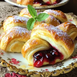 - 1 can crescent roll dough - 1 cup cherry pie filling (store-bought or homemade) - 1 teaspoon almond extract - 1 tablespoon sugar (for sprinkling) - 1 egg (for egg wash) - Optional: powdered sugar for dusting These simple ingredients create a delightful treat. The crescent roll dough offers a soft and flaky base. Cherry pie filling brings the sweet, fruity flavor. Almond extract adds a special touch that elevates the taste. It's easy to find all these ingredients at your local store. You can use homemade cherry pie filling if you prefer. The fresh cherries will enhance the flavor. Remember to mix the almond extract with the cherry filling. This small step makes a big difference. The sugar for sprinkling adds a nice crunch. It contrasts with the soft rolls. The egg wash gives the rolls a beautiful, golden color. If you like, dust the finished rolls with powdered sugar. This adds a sweet touch that looks great on a plate. Gather these ingredients, and you're ready to create something delicious! - Preheat the oven to 375°F (190°C). - Line a baking sheet with parchment paper. This helps the rolls not stick. - Mix 1 cup of cherry pie filling with 1 teaspoon of almond extract. This adds a nice flavor. - Unroll the crescent roll dough. Separate it into triangles along the lines. - Place a tablespoon of the cherry mixture at the wide end of each triangle. - Roll the dough from the wide end to the tip. Pinch the edges to seal. - Place the rolls on the baking sheet with the pointy end down. - In a bowl, whisk 1 egg. Brush this over the tops of the rolls. - Sprinkle 1 tablespoon of sugar on top for sweetness. - Bake for 12-15 minutes until they are golden brown. Enjoy the warm smell! To seal the edges of your rolls, pinch them well. This keeps the cherry filling inside. When rolling, start at the wide end and roll tightly. For even baking, place the rolls on a lined baking sheet with space between them. This helps hot air flow around each roll. For a richer taste, add a drop of vanilla extract. You can also mix in a pinch of cinnamon. This gives your rolls a warm flavor. After baking, try drizzling with icing. A simple mix of powdered sugar and milk works well. This adds sweetness and looks nice too. Serve your Cherry Pie Crescent Rolls warm on a decorative plate. For a fun touch, drizzle extra cherry filling on top. Add a sprig of mint for color. This makes the rolls look fancy and inviting. You can also pair them with a scoop of vanilla ice cream for a delightful treat. {{image_2}} You can switch up the filling for fun. Instead of cherry, try apple or blueberry. Both fruits work great. You can mix flavors too. For a tasty twist, mix cherry and blueberry. Experiment to create your favorite flavor. If you want a different texture, use puff pastry. Puff pastry adds a flaky layer. It gives a nice crunch and buttery taste. Just roll it out and cut it into triangles. Fill and roll them just like crescent rolls. Need gluten-free options? Look for gluten-free crescent roll dough. Many brands offer this now. For vegan choices, try a plant-based egg wash. You can use almond milk or coconut milk instead of egg wash. This way, everyone can enjoy these treats! To keep your Cherry Pie Crescent Rolls fresh, store them in an airtight container. Let them cool completely before placing them inside. This prevents moisture from making them soggy. You can keep them at room temperature for up to two days. For longer storage, refrigerate them for up to a week. To reheat your rolls, use an oven or an air fryer. Preheat the oven to 350°F (175°C). Place the rolls on a baking sheet and cover them with foil. Heat for about 10 minutes. This method keeps the rolls crispy. You can also use an air fryer for about 5 minutes at the same temperature. You can freeze these rolls before or after baking. If freezing before baking, assemble them and place them on a baking sheet. Freeze until solid, then transfer to a freezer bag. To bake, cook from frozen, adding a few minutes to the baking time. If freezing after baking, wrap each roll tightly in plastic wrap and store in a freezer bag. They can last up to three months. Yes, you can prepare these rolls ahead of time. To do this, follow the steps up to rolling the dough. Once you fill the dough and roll it, place the rolls on a baking sheet. Cover them with plastic wrap and keep them in the fridge for up to 24 hours. When you're ready to bake, preheat your oven and bake them straight from the fridge. This method keeps the rolls fresh and tasty. Cherry Pie Crescent Rolls are great on their own. You can serve them warm with a scoop of vanilla ice cream or whipped cream. They also pair well with coffee or hot chocolate. For a fun touch, try drizzling extra cherry filling on top. Add a sprig of mint for a splash of color. These ideas make your treat even more delightful. To keep the filling in, make sure to seal the edges well. Pinch the edges of the crescent rolls tightly after rolling. You can also press down on the seams to ensure they stay closed. When baking, place the rolls with the pointy end down on the sheet. This way, any filling has less chance to leak out. Following these tips will help you achieve perfect, leak-free rolls. You can easily create delicious Cherry Pie Crescent Rolls with just a few simple steps. We covered the key ingredients, detailed instructions, helpful tips, and variations to try. Remember, you can personalize these rolls with different fillings and doughs. Don’t forget to store your leftovers properly to keep them fresh. Enjoy baking and sharing these tasty treats! They are sure to impress your friends and family.