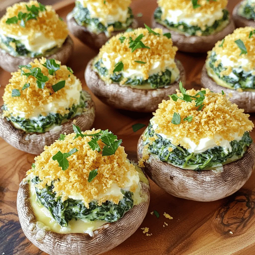 - 12 large cremini or portobello mushrooms - 2 cups fresh spinach - 3 cloves garlic I love using large cremini or portobello mushrooms for this recipe. They hold the filling well and add great flavor. Fresh spinach gives a nice pop of color and nutrients. Garlic adds a rich taste that pairs perfectly with the creamy filling. - 1 cup cream cheese - 1/2 cup grated Parmesan cheese - Salt and pepper to taste Cream cheese provides a smooth base for the filling. The Parmesan adds a nice salty kick. Use salt and pepper to enhance the flavors. Adjust the seasoning to your taste. - 1/4 cup breadcrumbs - 1 tablespoon olive oil - 1/2 teaspoon red pepper flakes (optional) - Fresh parsley for garnish Breadcrumbs give a crunchy topping that contrasts with the soft filling. Olive oil helps the garlic sauté well. Red pepper flakes add heat, but you can skip them if you prefer mild flavors. Fresh parsley adds brightness and makes the dish look great. - Preheat oven to 375°F (190°C). - Clean mushrooms and remove stems. First, turn on your oven to 375°F (190°C). This step warms the oven for later. Next, take your mushrooms and clean them gently. Use a damp cloth or paper towel. Then, remove the stems. You can twist them off or use a small knife. Set the mushroom caps aside for stuffing. - Sauté garlic and spinach. - Mix filling ingredients. In a frying pan, add the olive oil over medium heat. Once hot, add the minced garlic. Sauté for about one minute. You want it to smell great but not brown. Then, add the chopped spinach. Cook it for two to three minutes. It should wilt down nicely. Now, in a mixing bowl, add the sautéed spinach and garlic. Then, add the softened cream cheese and grated Parmesan cheese. Stir everything together until it is well mixed. Add salt, pepper, and red pepper flakes if you like some heat. - Stuff mushroom caps. - Bake until golden. Now comes the fun part! Take the creamy spinach filling and stuff each mushroom cap. Make sure to pack it in well. Place the stuffed mushrooms on a baking sheet lined with parchment paper. This helps with easy cleanup. Sprinkle the breadcrumbs on top of each mushroom. They will give a nice crunch when baked. Bake in your preheated oven for 20 to 25 minutes. You want them to be golden on top and the mushrooms tender. Once baked, let them cool for a bit. Then, garnish with chopped parsley for a fresh touch. Enjoy your lovely dish! To make the filling creamy, use softened cream cheese. This helps it mix well with spinach and garlic. You can also add a bit of milk or sour cream for extra smoothness. Taste often while mixing to get it just right. For seasoning, use fresh salt and pepper. These bring out the flavors in the spinach and garlic. Red pepper flakes add a gentle heat. Start with a little, then adjust to your taste. When sautéing, use medium heat. This keeps the garlic from burning. Stir often for even cooking. Cook the spinach until it wilts, which should take about two to three minutes. For baking, line your baking sheet with parchment paper. This helps with easy cleanup. Bake the mushrooms until the tops turn golden. Check them at 20 minutes to avoid overcooking. For a beautiful presentation, arrange the stuffed mushrooms on a nice platter. Drizzle some balsamic glaze on top for added flavor and shine. Pair these mushrooms with a light salad or some crusty bread. A glass of white wine also complements this dish well. Your guests will love the taste and look! {{image_2}} You can change the cheese for a new taste. Try mozzarella for a milder flavor. Feta adds a tangy kick. For a richer bite, use goat cheese. You can also add proteins for heartiness. Crumbled bacon gives a smoky taste. Diced cooked chicken adds protein and fills you up. Herbs and spices can make your dish pop. Add thyme or oregano for a fresh touch. You can try smoked paprika for depth. For a crunchier topping, swap to flavored breadcrumbs. Panko gives a light texture. Italian-seasoned breadcrumbs add another layer of flavor. Making these mushrooms gluten-free is easy. Use gluten-free breadcrumbs instead. They work just as well for the crispy topping. If you prefer vegan options, swap cream cheese for a vegan brand. Cashew cream is another great choice. It gives the same creamy feel while being plant-based. To store your creamy garlic spinach stuffed mushrooms, let them cool first. Place them in an airtight container. This method keeps them fresh and tasty. You can refrigerate them for up to three days. If you want to keep them longer, consider freezing. However, the texture may change slightly. For reheating, the best method is the oven. Preheat it to 350°F (175°C). Place the mushrooms on a baking sheet and cover with foil. This keeps them moist. Bake for about 10-15 minutes until warm. If you're in a hurry, you can use the microwave. Place the mushrooms on a microwave-safe plate. Heat them for about 1-2 minutes. Make sure to check on them to avoid overcooking. Enjoy them warm for the best flavor! - Can I prepare these ahead of time? Yes, you can prepare the filling and stuff the mushrooms a few hours in advance. Just cover them and keep them in the fridge. Bake just before serving for the best taste. - What can I serve with creamy garlic spinach stuffed mushrooms? These mushrooms pair well with a fresh salad or garlic bread. You can also serve them with a light pasta dish. They make a great appetizer or side dish at dinners. - How do I know when the mushrooms are done? The mushrooms are done when they are tender and the tops are golden brown. This usually takes about 20-25 minutes in the oven. Keep an eye on them to prevent burning. - Can I freeze stuffed mushrooms for later? Yes, you can freeze them. Just make sure to wrap them well in plastic wrap and then foil. When ready to eat, bake them directly from the freezer. Add a few extra minutes to the bake time. - What's the best way to clean mushrooms? Use a damp paper towel to wipe the mushrooms clean. Avoid soaking them in water, as they can absorb it and become soggy. Clean them just before cooking for the best taste. - How can I make stuffed mushrooms healthier? Swap cream cheese for Greek yogurt or cottage cheese. You can also use whole-grain breadcrumbs or add more veggies to the filling. This keeps the flavor while reducing calories. This blog post covered how to make creamy garlic spinach stuffed mushrooms. We explored key ingredients like mushrooms, fresh spinach, and various cheeses. You learned step-by-step instructions for preparation, cooking, and baking. We shared tips to perfect the filling and offered variations to suit your taste. As you make this dish, remember that small changes can lead to big flavor. Enjoy experimenting with seasonings and ingredients! Your culinary skills will shine with this simple yet delicious recipe. Happy cooking!