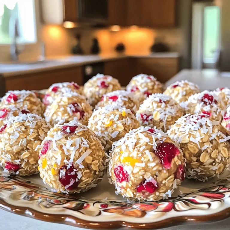 Creating these Cranberry Orange Energy Bites is simple. You just need a few key ingredients. Here’s the detailed list: - 1 cup rolled oats - 1/2 cup almond butter - 1/2 cup honey or maple syrup - 1/2 cup chopped dried cranberries - Zest of 1 orange - 1/4 cup freshly squeezed orange juice - 1/4 cup unsweetened shredded coconut - 1/4 teaspoon cinnamon - Pinch of salt - Optional: 1/4 cup chia seeds or flaxseeds Each ingredient has a purpose. The oats give a hearty base. Almond butter adds creaminess and protein. Honey or maple syrup brings sweetness. Dried cranberries add chewiness and a tart flavor. The orange zest and juice brighten the bites. Coconut gives a nice texture, while cinnamon adds warmth. If you want to boost nutrition, consider adding chia seeds or flaxseeds. These small seeds pack fiber and omega-3s. You can mix and match based on your taste or what's in your pantry. Enjoy the fun of making these bites your own! 1. Combine dry ingredients in one bowl Start by taking a large mixing bowl. Add 1 cup of rolled oats, 1/2 cup of chopped dried cranberries, and 1/4 cup of shredded coconut. Sprinkle in 1/4 teaspoon of cinnamon and a pinch of salt. If you want a health boost, add 1/4 cup of chia seeds or flaxseeds. Mix these dry ingredients well until they are evenly distributed. 2. Mix wet ingredients in another bowl In a separate bowl, mix together 1/2 cup of almond butter, 1/2 cup of honey or maple syrup, 1/4 cup of freshly squeezed orange juice, and the zest of 1 orange. Stir this mixture until it is smooth and well combined. 3. Combine both mixtures and form bites Pour the wet mixture into the bowl with the dry ingredients. Stir everything together until it is fully combined. The mixture should feel sticky. Using your hands, scoop out small amounts and roll them into balls about 1 inch in diameter. 1. Refrigerate energy bites Place the energy bites on a baking sheet lined with parchment paper. Refrigerate them for at least 30 minutes. This helps them firm up and hold their shape. 2. Tips for serving and presentation Serve the energy bites on a decorative platter. For an extra touch, sprinkle some shredded coconut around them. You can also package these bites in small bags to give as healthy snack gifts. Enjoy your tasty and nutritious snacks! - Achieving the right texture: To get the right texture, make sure your mixture is sticky. Mix the wet and dry ingredients well. If it feels too dry, add a little more orange juice or almond butter. This helps the bites hold together. - Adjusting sweetness levels: You can tweak the sweetness to your taste. If you like it sweeter, add more honey or maple syrup. If you prefer less sweetness, use less honey or maple syrup. Always taste as you mix! - Overmixing the ingredients: Do not overmix your ingredients. Mix just until combined. Overmixing can make your bites tough. You want a nice, soft texture. - Not chilling long enough: Chilling the bites is key. If you don’t chill them long enough, they won’t hold their shape. Aim for at least 30 minutes in the fridge. This makes them firm and perfect for snacking. {{image_2}} You can switch up the almond butter in this recipe. Try peanut butter or cashew butter. Each nut butter gives a unique taste. For dried fruits, swap cranberries for raisins or apricots. You can even use chopped dates for a sweeter bite. This gives your energy bites a whole new flavor. Want to make your energy bites even healthier? Add protein powder to the mix. A scoop of your favorite powder can boost protein levels. This helps keep you full longer. You can also add seeds or nuts. Chia seeds and flaxseeds work well for extra fiber. If you like crunch, try walnuts or pecans. These boosts make your snack more nutritious and tasty! To keep your Cranberry Orange Energy Bites fresh, store them in an airtight container. Place the container in the fridge. This keeps them cool and tasty. For longer storage, you can freeze the energy bites. Just place them in a freezer-safe bag. Make sure to remove as much air as possible. This helps prevent freezer burn. In the fridge, these energy bites last about a week. After that, they may lose flavor and texture. If frozen, they can stay good for up to a month. To enjoy, simply take a few out and let them thaw in the fridge. Avoid refreezing them to keep the best taste and texture. Can I use fresh cranberries instead of dried? No, fresh cranberries are too tart. Dried cranberries offer sweetness and chewiness. If you want to use fresh cranberries, first dry them, or consider adding a bit of extra sweetener to balance the tartness. How do I make these energy bites vegan? To make these bites vegan, swap honey for maple syrup. Almond butter is already vegan. Ensure your oats and any other ingredients are also vegan-friendly. What can I substitute for almond butter? If you need a substitute, try peanut butter or sunflower seed butter. Both can give the same creamy texture. Adjust the flavor slightly by picking a nut or seed butter you enjoy. Can these bites be made ahead of time? Yes! You can prepare these bites ahead of time. They keep well in the fridge for about a week. You can also freeze them for up to a month. Just thaw them before you eat! You now know how to make delicious cranberry orange energy bites. We covered the best ingredients, detailed steps, and handy tips. Remember to chill your bites for the best texture. Feel free to get creative with flavors or storage methods. These energy bites are easy to make and perfect for snacks. Enjoy your tasty treats, and share them with friends!