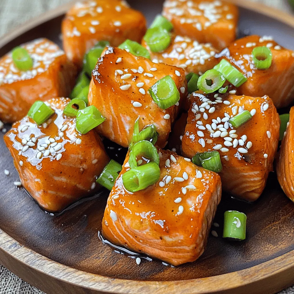 - 1 lb fresh salmon fillet, skinless and cut into bite-sized cubes - 3 tablespoons honey - 3 tablespoons soy sauce (low sodium) - 3 cloves garlic, minced - 1 tablespoon fresh ginger, grated - 1 tablespoon sesame oil - 1 tablespoon olive oil - 2 green onions, finely sliced - Sesame seeds - Salt and pepper to taste Choosing the right ingredients makes a big difference. I always go for fresh salmon. Look for bright color and no fishy smell. Honey should be pure and thick. Low sodium soy sauce adds flavor without too much salt. Fresh garlic and ginger give the dish a punch. Sesame oil adds a nutty taste you can't miss. Olive oil is perfect for cooking. For garnishing, green onions add crunch and color. Sesame seeds give a nice finish. Don't forget to season with salt and pepper. This simple blend makes the salmon shine. Each ingredient works together to create a tasty meal. Start by taking a medium bowl. Whisk together the honey, soy sauce, minced garlic, and grated ginger. Mix well until all ingredients blend smoothly. After that, add sesame oil and whisk again. This will create a rich and tasty marinade. Next, place the salmon cubes in the bowl with the marinade. Toss the salmon gently to coat each piece evenly. Cover the bowl and let it sit in the fridge for at least 30 minutes. This step helps the salmon absorb all those great flavors. Now it’s time to cook! Heat olive oil in a large skillet over medium-high heat. Once the oil is hot, add the marinated salmon pieces to the skillet. Don’t forget to keep some marinade for later! Cook each side for about 2-3 minutes. You want the salmon to turn golden brown and be fully cooked. Avoid overcrowding the skillet; cook in batches if needed. This way, each piece gets the heat it needs to cook well. Once the salmon bites are done, pour the reserved marinade into the skillet. Let it bubble and thicken for about 1-2 minutes. Gently turn the salmon bites to coat them in the glaze. Season with salt and pepper to taste for extra flavor. Finally, remove the skillet from the heat. Transfer the glazed salmon bites to a serving plate. Top with sliced green onions and sprinkle sesame seeds on top. This adds a nice crunch and makes the dish look great! Enjoy your meal! - Choose fresh, high-quality salmon. Look for bright color and firm texture. - You can use skinless salmon for easy eating. Skin-on salmon adds flavor but needs more care. - Marinating is key for flavor. It helps the salmon soak up all the tasty juices. - Aim to marinate for at least 30 minutes. You can let it sit for up to 2 hours, but don't go over that. - Heat your skillet to medium-high before adding the salmon. This ensures a nice sear. - Cook in batches if needed. This helps cook evenly and avoid steaming. {{image_2}} You can switch up the glaze to add fun flavors. - Spicy honey garlic variation: Add a teaspoon of red pepper flakes to the marinade. This gives a nice kick to the salmon. - Citrus-infused glaze: Mix in the juice of one orange or lemon. This adds brightness and tang to the dish. How you serve these salmon bites can change the meal. - Pair with rice or quinoa: Both options soak up the glaze well. They make a filling side that balances the salmon's flavors. - Serve as appetizers or main course: These bites work great for both. They can be a fun finger food or a main dish with sides. You can add more variety to your dish with fun extras. - Vegetables to include in the skillet: Try adding bell peppers, snap peas, or broccoli. These veggies add color and crunch. Just toss them in the skillet with the salmon. - Alternative proteins like chicken or tofu: If you want a change, use chicken breast or tofu cubes. Both will soak up the glaze and taste great. To keep your honey garlic glazed salmon bites fresh, store them in a sealed container. Make sure to let them cool down first. They will stay good in the fridge for up to three days. This way, you can enjoy them as a quick snack or a meal later in the week. If you want to save your salmon bites for later, freezing is a great option. Place the cooled salmon bites in an airtight container or freezer bag. Remove as much air as possible to prevent freezer burn. They can be frozen for up to three months. When you are ready to eat them, thaw the bites overnight in the fridge. To reheat, place them in a skillet over low heat until warm. You can also use an oven at 350°F for about 10-15 minutes. This keeps them juicy and tasty. Check for signs of spoilage before eating leftovers. If the salmon smells off or has a slimy texture, it’s best to toss it. Always thaw salmon bites in the fridge. Avoid thawing at room temperature, as this can cause harmful bacteria to grow. Following these tips ensures your meal is safe and delicious. Yes, you can use frozen salmon. Just make sure to thaw it first. Place the frozen salmon in the fridge overnight for the best results. This method keeps the salmon fresh and safe. After thawing, pat it dry before marinating. This step helps the marinade stick better. Marinate the salmon for at least 30 minutes. This time allows the flavors to soak in well. If you have more time, you can marinate for up to 2 hours. Just be careful not to go too far, as the fish may become too salty. You can serve these bites with rice or quinoa for a balanced meal. Steamed veggies, like broccoli or asparagus, also pair nicely. For a lighter option, try a fresh salad. You could even make them into tacos with some slaw. Yes, you can prep the marinade and salmon a day ahead. Just marinate the salmon and store it in the fridge. When you’re ready to cook, take it out and follow the cooking steps. This makes weeknight meals easier. Absolutely! You can use maple syrup instead of honey for a vegan version. For the soy sauce, try tamari for a gluten-free option. If you want a spicy kick, add a dash of sriracha or red pepper flakes. Just keep in mind, changes may alter the flavor a bit. This blog post covered an easy honey garlic glazed salmon recipe. We discussed key ingredients, marinating, cooking instructions, and storage tips. You learned to choose fresh salmon and variations to add flavor. Now, you can enjoy a tasty meal while impressing your family and friends. Follow these steps for great results every time. Feel free to experiment with the recipe and find your favorite flavors. Happy cooking!