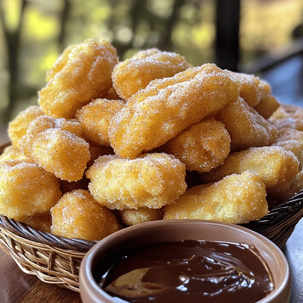 To make these churro bites, you need: - 1 cup water - 1/2 cup unsalted butter - 1 tablespoon granulated sugar - 1/4 teaspoon salt - 1 cup all-purpose flour - 2 large eggs - 1 teaspoon vanilla extract - Oil for frying - 1/2 cup granulated sugar (for coating) - 2 teaspoons ground cinnamon These ingredients work together to create a soft dough. The butter and sugar add richness and flavor. The eggs help the dough rise and give it a nice texture. You can add some fun toppings or dips to enjoy with your churro bites: - Chocolate sauce - Caramel sauce - Whipped cream - Sprinkles These extras can make your treats even more fun. Dipping sauces add flavor and a touch of sweetness. If you need to change some ingredients, here are a few ideas: - Use margarine instead of butter. - Swap all-purpose flour for gluten-free flour. - For a dairy-free option, try a plant-based butter. These substitutions can help you adapt the recipe. You can still enjoy delicious churro bites, no matter your dietary needs. First, grab a medium saucepan. Add 1 cup of water, 1/2 cup of unsalted butter, 1 tablespoon of granulated sugar, and 1/4 teaspoon of salt. Heat this mixture on medium heat until it boils. Once it starts boiling, quickly add 1 cup of all-purpose flour. Stir with a wooden spoon until the dough forms and pulls away from the sides of the pan. After that, remove the pan from heat and let it cool for about 5 minutes. Next, add 2 large eggs one at a time. Stir well after each egg until the dough looks smooth and shiny. Finally, mix in 1 teaspoon of vanilla extract for flavor. Now it’s time to fry! Heat oil in a deep fryer or a large pot to 350°F (175°C). Make sure you have enough oil to cover the churro bites fully. While the oil heats, transfer the churro dough into a piping bag with a star tip. If you don’t have a piping bag, a Ziploc bag with a snipped corner works too. Pipe small pieces of dough, about 1 inch long, into the hot oil. Do not overcrowd the pan; fry only a few at a time. Fry them until they turn golden brown, which takes about 2-3 minutes. Use a slotted spoon to take them out and let them drain on a paper towel-lined plate. While the churro bites are still warm, it’s time to coat them! In a shallow bowl, mix 1/2 cup of granulated sugar with 2 teaspoons of ground cinnamon. Take each warm churro bite and roll it in the cinnamon sugar mixture. Make sure each bite gets fully coated for the best flavor. Enjoy the delightful taste of your homemade churro bites! For the best churro bites, focus on the dough. After boiling the water, butter, sugar, and salt, add the flour quickly. Stir until the dough pulls from the pan's sides. This step is key to a smooth dough. When adding eggs, do it one at a time. Mix well after each egg. The dough should become glossy and smooth. This texture helps the churros puff up when frying. One common mistake is overcrowding the frying pan. Fry only a few churro bites at a time. This keeps the oil hot. Hot oil gives you crispy churros. If the oil cools, the churros can turn soggy. Also, don’t skip the cinnamon-sugar coating. The warm churros need that sweet touch for flavor. Lastly, be careful not to let them fry too long. Keep an eye on them for that perfect golden-brown color. For a fun presentation, serve churro bites warm in a basket. Line the basket with parchment paper for a nice look. Add a small bowl of chocolate sauce or caramel for dipping. This not only looks great but also adds extra flavor. You can also sprinkle some extra cinnamon sugar on top for a finishing touch. These simple steps make your churros delightful and eye-catching. Enjoy sharing this treat with friends or family! {{image_2}} You can change up the flavor of your churro bites. Try adding some cocoa powder to the dough for a chocolate twist. You can also mix in spices like nutmeg or cardamom for a warm, cozy taste. For a fruity kick, add lemon or orange zest to the dough. This makes a fun and bright flavor. You can even dip the churro bites in flavored chocolate, like dark or white chocolate, for extra fun. If you need a gluten-free option, you can use a gluten-free flour blend. These blends work well in most recipes, including churros. Just make sure the blend contains xanthan gum, which helps give the dough structure. Follow the same steps, and you will get tasty churro bites that everyone can enjoy. The flavor will still shine through, so your friends and family will not even notice the difference. Frying gives churros that classic crispy exterior. Yet, baking is a healthier option. If you choose to bake, preheat your oven to 400°F (200°C). Pipe the churro dough onto a baking sheet lined with parchment paper. Bake for about 15-20 minutes until golden. After baking, toss them in the cinnamon sugar mix. Baking may not give you the same texture, but they will still taste great! Try both methods to see which you like best. You can store your churro bites in an airtight container. Make sure they cool first. If you keep them at room temperature, they last for about two days. For longer storage, move them to the fridge. They can last up to a week in the fridge. To reheat churro bites, use an oven. Preheat it to 350°F (175°C). Place the churros on a baking sheet. Heat them for about 5-7 minutes. This keeps them crispy. You can also use an air fryer for a quicker option. Set it at 350°F (175°C) for about 3-5 minutes. You can freeze churro bites for longer storage. Let them cool completely first. Place them in a single layer on a baking sheet. Freeze until solid, then transfer to a freezer bag. They can last for up to three months in the freezer. To eat, just reheat them straight from the freezer! Cinnamon sugar churro bites are small, sweet treats. They are crispy on the outside and soft inside. You fry the dough until it's golden brown. Then, you coat them in a mix of cinnamon and sugar. They are perfect for snacking or dessert. To check if churros are done, look for a golden brown color. This usually takes about 2-3 minutes per batch. If they are brown on one side, flip them gently. Use a slotted spoon to take them out when ready. Let them drain on a paper towel to remove excess oil. You can make churro dough ahead of time. Store it in the fridge for up to 24 hours. When ready, pipe and fry them fresh. Fried churros taste best when warm. If you have leftovers, store them in an airtight container. Reheat them in the oven to regain some crispiness. Cinnamon sugar churro bites are fun and tasty. We talked about key ingredients, cooking steps, and tips for the best results. You learned how to avoid mistakes and explore variations. Storing and reheating the churros is easy if done right. These bites bring joy for any occasion. Enjoy making them your own with dips and toppings. Remember, practice makes perfect. Happy cooking!