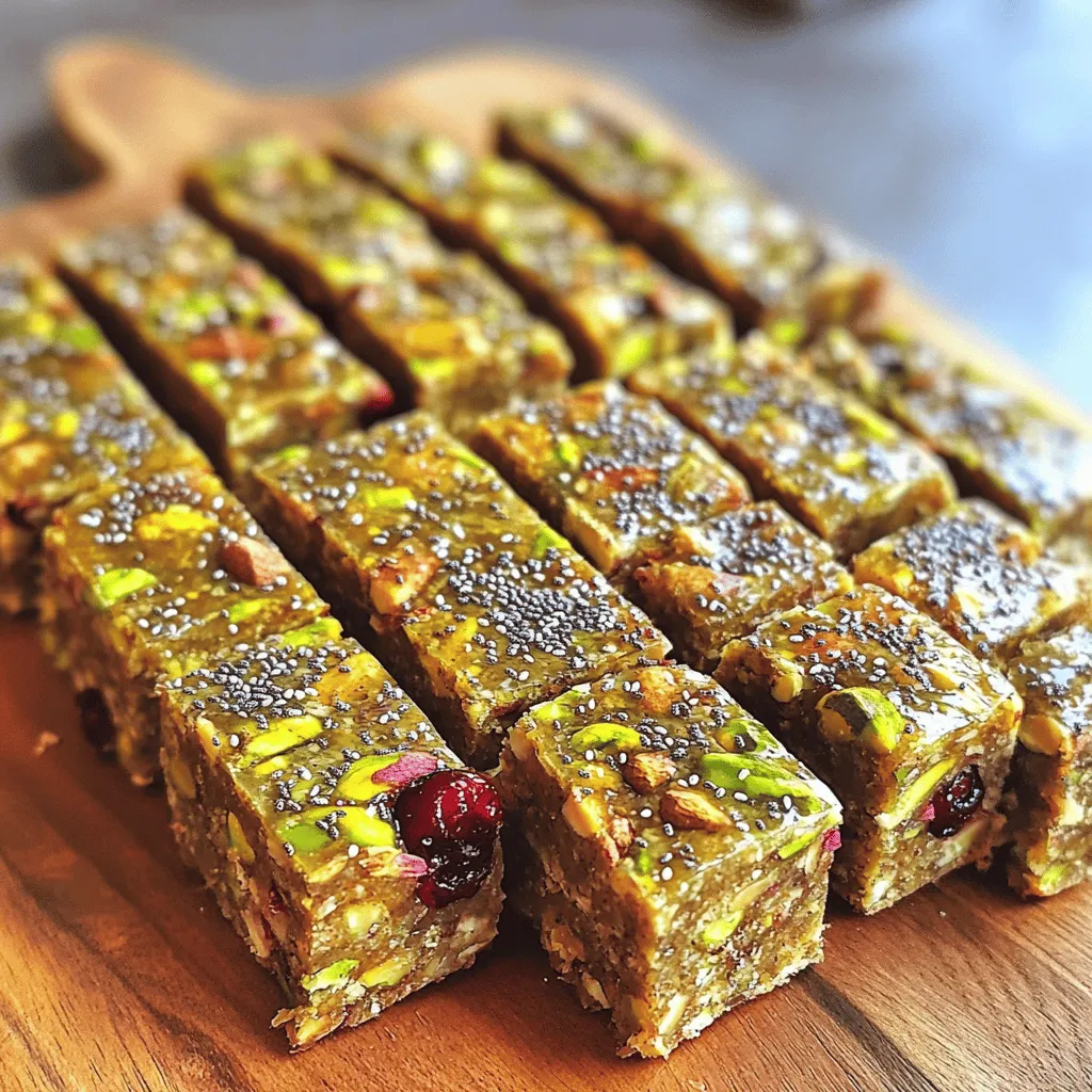 - 1 cup pitted Medjool dates - 1 cup raw almonds - 1 cup shelled pistachios - 1/2 cup dried cranberries - 1/4 cup chia seeds - 1/4 teaspoon sea salt - 1 teaspoon vanilla extract - 2 tablespoons honey or maple syrup (for vegan option) - 1/2 teaspoon cinnamon Each ingredient in these energy bars brings unique health benefits: - Pitted Medjool dates: They provide natural sweetness and fiber. This helps in digestion. - Raw almonds: These nuts give protein and healthy fats. They support heart health. - Shelled pistachios: These nuts add crunch and protein. They help with weight control. - Dried cranberries: They offer antioxidants and vitamins. They support immune health. - Chia seeds: These tiny seeds are rich in omega-3s and fiber. They keep you full. - Sea salt: This adds flavor and maintains hydration. It helps with muscle function. - Vanilla extract: It enhances flavor and can improve mood. - Honey or maple syrup: This natural sweetener gives energy and has antioxidants. - Cinnamon: It adds flavor and may help regulate blood sugar levels. If you have dietary needs, here are some easy swaps: - Nuts: Use sunflower seeds or pumpkin seeds for nut allergies. - Sweeteners: Agave syrup can replace honey for vegans. - Chia seeds: Ground flaxseeds can substitute chia seeds. - Cranberries: Use raisins or dried cherries if cranberries are not available. - Gluten-free: This recipe is already gluten-free, so no changes are needed. These ingredients come together to make tasty and healthy energy bars. Feel free to mix and match based on your needs! Making Pistachio Cranberry Energy Bars is simple. You will mix all the ingredients in a food processor. Then, you will press the mixture into a lined pan and chill it. In a few hours, you will have tasty energy bars ready to eat. 1. Prepare your food processor. Start by adding 1 cup of pitted Medjool dates and 1 cup of raw almonds. 2. Pulse the mixture. Blend until it looks like sticky dough. 3. Add more ingredients. Now, add in 1 cup of shelled pistachios, 1/2 cup of dried cranberries, and 1/4 cup of chia seeds. 4. Season it up. Sprinkle in 1/4 teaspoon of sea salt, 1 teaspoon of vanilla extract, and 1/2 teaspoon of cinnamon. You can also add 2 tablespoons of honey or maple syrup if you want a sweet touch. 5. Blend again. Pulse until everything is mixed but still chunky. 6. Prepare your pan. Line a 9x9-inch baking pan with parchment paper. Leave some overhang for easy removal. 7. Transfer the mix. Pour the mixture into the pan. Press it down evenly using a spatula or your hands. 8. Chill. Place the pan in the fridge for at least 2 hours. This helps the bars firm up. 9. Cut and store. After chilling, lift the bars out using the parchment paper. Cut them into your preferred sizes. Store them in an airtight container in the fridge for up to two weeks. - Make sure to press the mixture firmly in the pan. This helps the bars hold together. - If the mixture seems too dry, add a bit more honey or maple syrup to help it bind. - Let the bars chill long enough. If they are not firm, they may fall apart when you cut them. - For an extra crunch, try mixing in some extra nuts or seeds. Store your bars in an airtight container. Keep them in the fridge for up to two weeks. For longer storage, freeze them. Wrap each bar in plastic wrap before freezing. This way, they stay fresh and easy to grab. Add a pinch of sea salt to boost flavor. You can also mix in dark chocolate chips for a sweet touch. If you want a crunch, try toasted coconut flakes. For more zest, add a little orange zest or lemon zest. These tweaks make each bite exciting. Don’t skip pressing the mixture down firmly. This keeps the bars from crumbling. Also, avoid using too many dried fruits. They can make the bars sticky and hard to handle. Lastly, remember to let them chill long enough. This makes cutting them much easier. {{image_2}} You can change the flavor of your energy bars. Try adding dark chocolate chips for a sweet twist. Just mix in 1/2 cup of chocolate with the other ingredients. You can also add shredded coconut. Use about 1/4 cup of unsweetened shredded coconut for a tropical flair. These small changes can make your bars taste even better. Feel free to switch out the nuts and seeds. Instead of pistachios, you can use walnuts or cashews. These nuts add their unique taste and texture. For seeds, sunflower seeds or pumpkin seeds work well too. Use 1/4 cup of any seed you like. This gives you many choices to fit your taste. You can easily make these bars vegan and gluten-free. Use maple syrup in place of honey. This keeps it plant-based. Make sure to check that all your ingredients are gluten-free. Most nuts, seeds, and dried fruits are safe. Always read labels to avoid hidden gluten. These swaps let everyone enjoy your tasty energy bars! To keep your Pistachio Cranberry Energy Bars fresh, store them in an airtight container. This keeps out moisture and air. Place a piece of parchment paper between layers to avoid sticking. Refrigerate them for up to two weeks. This helps maintain their taste and texture. If you want to save some for later, freezing is a great option. Wrap the bars tightly in plastic wrap. Then, place them in a freezer-safe bag or container. They can last for up to three months in the freezer. When ready to eat, thaw them in the fridge overnight. Check the bars for signs of spoilage. If they smell off or look discolored, it’s best to toss them. Fresh bars should feel firm but not hard. A slight stickiness is normal due to the dates. Always trust your senses when deciding to eat them! Energy bars, like Pistachio Cranberry Energy Bars, offer great health benefits. They provide a quick energy boost. The dates give you natural sugars for energy. Almonds and pistachios add healthy fats and protein. Chia seeds are full of fiber, which aids digestion. Dried cranberries bring antioxidants that help your immune system. Together, these ingredients create a balanced snack. You can enjoy them before or after workouts. Energy bars can also help curb hunger between meals. You can find ready-made Pistachio Cranberry Energy Bars in many stores. Look in health food shops or grocery stores. Many brands offer similar energy bars in the snack aisle. Online retailers often have a wide selection too. Just check the ingredients to ensure they are similar to the homemade version. This way, you know you get the health benefits without added junk. Yes, you can easily modify this recipe. If you want a different taste, swap out the nuts. Use walnuts or cashews for a unique flavor. You can also change the dried fruit. Try raisins, apricots, or even blueberries. For extra crunch, add pumpkin seeds or sunflower seeds. If you prefer a sweeter bar, add more honey or maple syrup. This recipe is flexible, so feel free to get creative! Pistachio Cranberry Energy Bars offer great taste and nutrition. We covered the ingredient list and their health benefits. I shared tips on how to make and store these bars perfectly. You can try fun variations to suit your taste. Keeping them fresh is easy with proper storage. Remember, these bars are simple to customize and packed with energy. Enjoy your homemade treat and feel good knowing they’re healthy!