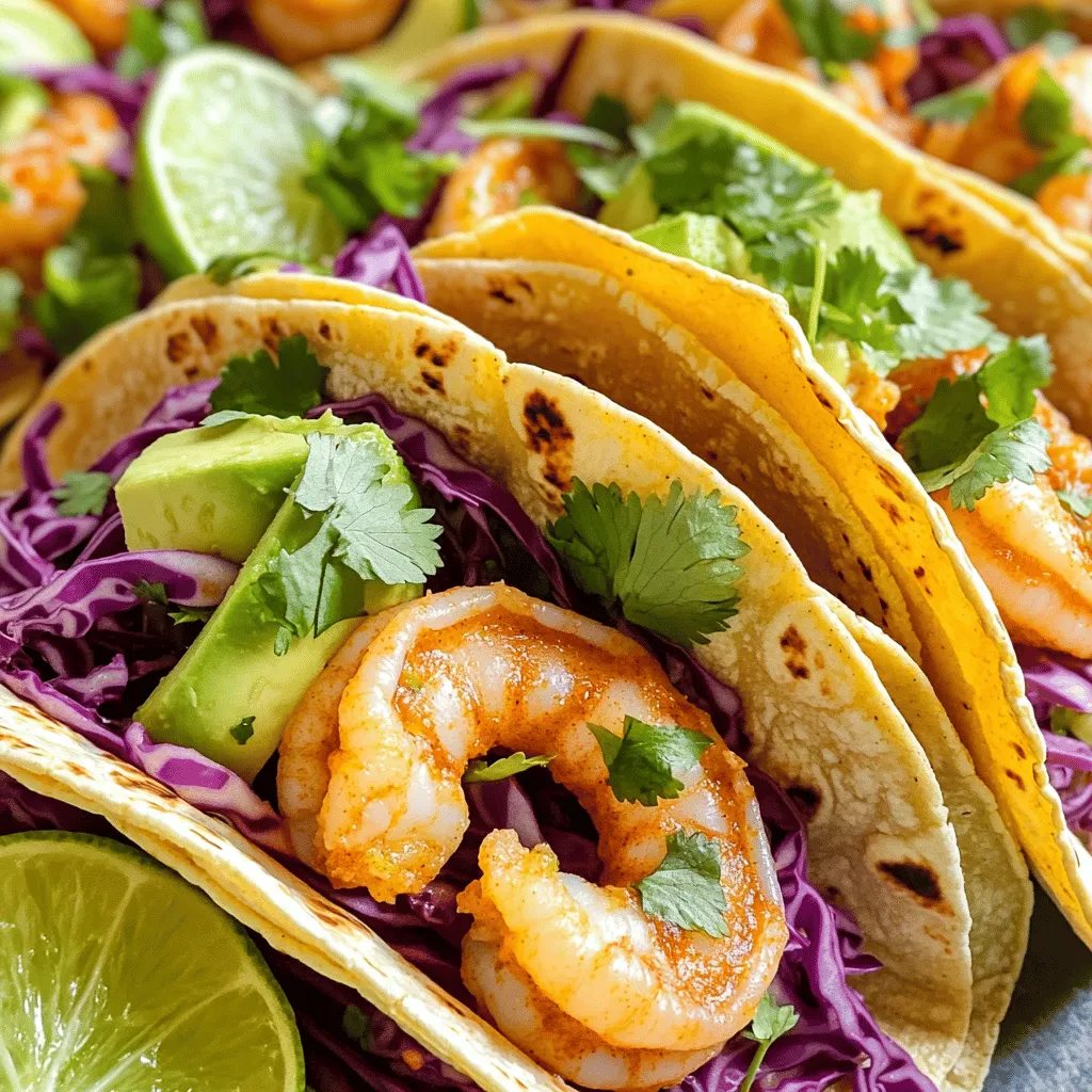 For these tasty tacos, you need just a few key items: - 1 lb large shrimp, peeled and deveined - 2 tablespoons olive oil - 1 tablespoon chipotle chili powder - 1 teaspoon garlic powder - 1 teaspoon cumin - Zest and juice of 2 limes - Salt and pepper to taste - 8 small corn tortillas These ingredients come together to create delicious flavors that make your tacos stand out. The marinade is crucial for adding flavor to the shrimp. You will mix the following: - Olive oil for a rich base - Chipotle chili powder for heat and smokiness - Garlic powder for depth - Cumin for earthiness - Lime zest and juice for a fresh kick These ingredients help the shrimp soak up all those great tastes. The marinade only takes 15-20 minutes, but it makes a big difference! Garnishes not only add color but also enhance the flavor of your tacos. Here are my favorites: - 1 cup shredded red cabbage for crunch - 1 avocado, sliced for creaminess - Fresh cilantro, chopped for freshness - Lime wedges for an extra zing These garnishes turn each bite into a flavor explosion. They make your Chipotle Lime Shrimp Tacos even more enjoyable! Start by mixing the shrimp with olive oil, chipotle chili powder, garlic powder, cumin, lime zest, and lime juice in a bowl. Ensure every shrimp gets a nice coat of the marinade. This blend gives a warm, spicy kick. Don't forget to season with salt and pepper. Let the shrimp sit for 15-20 minutes. This step helps the flavors soak in, making each bite tasty. Heat a large skillet over medium-high heat. Once hot, add the marinated shrimp to the pan. Cook them for 2-3 minutes on each side. You want them to turn pink and opaque. This shows they are done. Remove the shrimp from heat and set aside. Keep an eye on them so they don’t overcook. Overcooked shrimp can become tough and chewy. Now it's time to put everything together. Warm your corn tortillas in a separate skillet or microwave for about 30 seconds. This makes them soft and easy to fold. Place a few shrimp on each tortilla. Next, add some shredded red cabbage for crunch. Top with a couple of slices of avocado for creaminess. Finish with fresh cilantro and a squeeze of lime juice. This adds brightness and flavor. Enjoy your delicious tacos! When picking shrimp, look for fresh, firm shrimp. They should have a nice pink color. Check for a mild sea smell, not a strong odor. If you can, buy shrimp that are wild-caught. They often taste better than farmed shrimp. Size matters too! Large shrimp work best for tacos. Aim for 16-20 shrimp per pound. This size gives a great bite. For great texture, do not overcook the shrimp. Cook them for 2-3 minutes on each side. They should turn pink and opaque when done. If you see gray or translucent parts, they need more time. Use high heat to sear the shrimp quickly. This keeps them juicy. Also, let them marinate for a full 20 minutes. This adds flavor and helps with the texture. Serve your tacos with fresh lime wedges. The extra lime juice brightens the dish. Use shredded red cabbage for crunch and color. Add creamy avocado slices for richness. Finish with chopped cilantro to enhance the flavor. You can also serve with a side of salsa or hot sauce for an extra kick. Enjoy your meal with family or friends for a fun taco night! {{image_2}} You can switch out shrimp for other proteins. Chicken works great for this recipe. Just cut it into small pieces. You can also use firm tofu for a plant-based option. Season it as you would the shrimp. Each protein brings its own flavor to the dish. Make your tacos your way! You can add more veggies like bell peppers or corn. Try different toppings too, like cheese or sour cream. You can even add a spicy salsa for some kick. This dish is all about personal taste, so mix it up! I love spice, but not everyone does. You can make your chipotle seasoning mild. Just use less chipotle chili powder. You can also add more lime juice to balance the heat. For a spicy kick, add cayenne pepper or hot sauce. Adjust the flavors to fit your mood! After enjoying your Chipotle Lime Shrimp Tacos, you may have leftovers. To keep them fresh, store the shrimp and toppings separately. Use airtight containers for each item. This way, the shrimp won’t make the tortillas soggy. When ready to eat your leftovers, reheat the shrimp. Use a skillet over medium heat. Cook for about 2-3 minutes until warm. Avoid microwaving the shrimp; it can make them rubbery. Warm the tortillas in the skillet or microwave for 30 seconds. Add the toppings fresh for the best taste. If stored properly, shrimp tacos last about 2 days in the fridge. After that, the shrimp may spoil. Always check for any bad smell or off-color before eating. If unsure, it’s safer to throw it away. Enjoy your tacos fresh whenever possible! Chipotle chili powder comes from dried, smoked jalapeño peppers. It has a smoky and spicy flavor. The process starts with harvesting jalapeños. They are then dried and smoked, which gives them their unique taste. You can find it in most grocery stores. It adds a warm kick to many dishes. Yes, you can use flour tortillas if you prefer. Corn tortillas are traditional, but flour works well too. They are softer and easier to fold. Just warm them up before adding your filling. Both types will hold the shrimp and toppings nicely. To make these tacos gluten-free, stick with corn tortillas. Corn is naturally gluten-free. Check the labels of any other ingredients, like spices. Most are gluten-free, but it’s wise to be careful. You can enjoy these tacos without worry. You learned how to make tasty Chipotle Lime Shrimp Tacos. We covered key ingredients, marinade, and garnishes. I shared easy steps for marinating and cooking shrimp. You now know how to build your tacos right. Plus, I offered tips for choosing shrimp and cooking perfectly. We explored tasty variations and how to store leftovers. Enjoy making these tacos! They will impress your friends and family. Your cooking adventure starts now, so get ready to savor each bite!