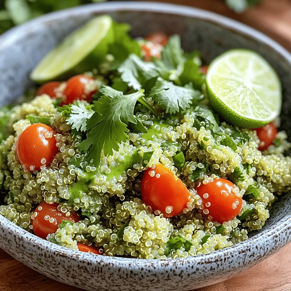 - 1 cup quinoa - 2 cups vegetable broth or water - 1/4 cup fresh cilantro - 1 lime - 1 tablespoon olive oil - 1/4 teaspoon cumin - Salt and pepper - 1/2 cup cherry tomatoes - 1/4 cup red onion - 1 avocado (optional) You can use any type of quinoa. I prefer white quinoa for its mild flavor. However, red or black quinoa can add a nice color and texture. For broth, vegetable broth enhances the taste. Water works well too if you’re in a pinch. Fresh cilantro makes a huge difference in flavor. It adds a bright, zesty note that dried herbs can’t match. Always use fresh lime juice. Bottled juice lacks the fresh kick and brightness that homemade does. Trust me, your taste buds will thank you! 1. Start by rinsing the quinoa. Place 1 cup of quinoa in a fine-mesh strainer. Rinse under cold water for about 30 seconds. This step removes the natural coating that can taste bitter. 2. Next, cook the quinoa. In a medium saucepan, add the rinsed quinoa and 2 cups of vegetable broth or water. Bring the mixture to a boil over medium-high heat. 3. Once it boils, reduce the heat to low. Cover the saucepan and let it simmer for about 15 minutes. The liquid should absorb, making the quinoa fluffy. 4. After 15 minutes, remove the saucepan from heat. Let it sit covered for another 5 minutes. Finally, fluff the quinoa with a fork for a light texture. 1. In a large mixing bowl, combine 1/4 cup of finely chopped cilantro, the juice of 1 lime, and 1 tablespoon of olive oil. 2. Add 1/4 teaspoon of cumin, along with salt and pepper to taste. Mix well to create a flavorful dressing that will brighten the dish. 1. Add the fluffy quinoa to the bowl with the dressing. Toss everything together until the quinoa is well-coated in the cilantro-lime mixture. 2. Gently fold in 1/2 cup of halved cherry tomatoes and 1/4 cup of finely chopped red onion. This adds color and extra flavor to your dish. 3. Serve the quinoa warm or at room temperature. If you like, top it with diced avocado for a creamy finish. This dish is not just nutritious; it's also refreshing and perfect for any meal! To cook quinoa perfectly, rinse it well before cooking. Rinsing removes bitter saponins. This step helps your quinoa taste great. Use a fine mesh strainer for easy rinsing. To avoid mushy quinoa, use a 2:1 ratio of liquid to quinoa. If you cook it too long, it can become gummy. Bring the quinoa to a boil first. Then, lower the heat and cover with a lid. Let it simmer for about 15 minutes. After cooking, let it sit covered for 5 more minutes. Fluff it with a fork to keep it light and airy. For equal flavor, mix the dressing before adding it to the quinoa. This way, every bite is tasty. Combine the cilantro, lime juice, olive oil, cumin, salt, and pepper in a bowl. Toss the cooked quinoa with this mix until it’s evenly coated. Cilantro lime quinoa can be served warm or at room temperature. This makes it a great dish for any occasion. For a fresh touch, serve it in a shallow bowl. Top it with extra cilantro leaves and a lime wedge. This adds color and a burst of flavor. You can also add diced avocado for creaminess. It pairs well with the lime and cilantro. Serve it as a main dish or side dish. It goes well with grilled chicken or fish. To enhance flavor, try adding spices like chili powder or smoked paprika. These spices give your quinoa a nice kick. You can also sprinkle in some garlic powder for extra depth. Using fresh lime zest can brighten the dish more. It adds a fragrant note that elevates the taste. Just remember to mix it in with the dressing for the best results. Enjoy experimenting to find your favorite flavor combinations! {{image_2}} You can boost the taste of your cilantro lime quinoa by adding spices. A pinch of chili powder gives it a nice kick. You can also add feta cheese for creaminess. Black beans are another great choice. They add protein and a rich flavor. If you need gluten-free options, quinoa is perfect. It is naturally gluten-free, making it safe for those with gluten issues. For vegan adaptations, skip the cheese and use plant-based broth. This keeps the dish light and fresh. Make your quinoa even better by using seasonal veggies. In summer, add bell peppers or zucchini for a burst of color. In winter, try roasted sweet potatoes or kale. These changes keep the dish exciting and full of nutrients. To keep your cilantro lime quinoa fresh, use an airtight container. Glass or plastic containers both work well. Store it in the fridge for up to four days. This keeps the flavors intact and the quinoa soft. To reheat quinoa, place it in a pan over low heat. Add a splash of water to keep it moist. Stir gently and heat until warm. This method helps maintain the quinoa's fluffy texture. You can also serve it cold as a salad. It tastes great with fresh veggies and a drizzle of lime. You can freeze cilantro lime quinoa for later use. Place it in a freezer-safe bag or container. Remove as much air as possible to prevent freezer burn. It can last up to three months in the freezer. When you're ready to eat, thaw it in the fridge overnight. Reheat it gently in a pan, or enjoy it chilled. Cooked quinoa lasts about 3 to 5 days in the fridge. Keep it in an airtight container. This helps to keep it fresh. For best taste, eat it within 3 days. Yes, you can make cilantro lime quinoa ahead of time. Cook the quinoa and let it cool. After that, mix in the dressing. Store it in the fridge. This makes meal prep easy and quick. Cilantro lime quinoa is great for meal prep. Divide it into portions for easy meals. You can pair it with grilled chicken or fish. It also works well as a side dish. You can add it to salads or tacos for more flavor. This blog explains how to make cilantro lime quinoa using simple, fresh ingredients. You learned about the right quinoa, how to cook it perfectly, and added tips for flavor and variations. Freshness matters for taste, so use fresh cilantro and lime juice. Incorporating these steps ensures you create a tasty dish that fits many diets. Don’t be afraid to experiment. Store leftovers well and enjoy this quinoa cold or warm. I hope you feel ready to try making it yourself!