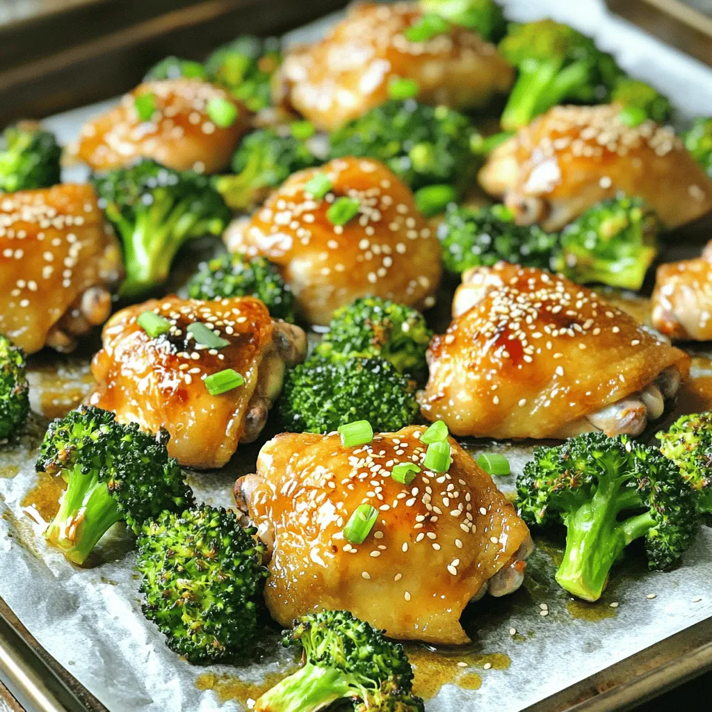 - 1.5 lbs boneless, skinless chicken thighs - 3 cups broccoli florets - 2 tablespoons sesame oil Chicken thighs are my first choice for this dish. They stay juicy and tender. Broccoli florets add a nice crunch and color. Sesame oil gives a rich, nutty flavor that ties everything together. - 3 tablespoons soy sauce (or tamari for gluten-free) - 1 tablespoon fresh ginger, grated - 3 cloves garlic, minced The marinade is key to flavor. Soy sauce or tamari provides umami. Fresh ginger gives a warm, spicy kick. Minced garlic adds depth and aroma. - 2 tablespoons honey or maple syrup - 1 tablespoon rice vinegar - 1 tablespoon sesame seeds - 3 green onions, chopped (for garnish) Honey or maple syrup balances the saltiness. Rice vinegar adds a hint of tang. Sesame seeds sprinkle on top for crunch and a lovely look. Green onions are the perfect fresh garnish. First, we need to preheat the oven to 400°F (200°C). This step ensures the chicken cooks evenly. Next, grab a large baking sheet and line it with parchment paper. This makes cleanup easy and keeps the food from sticking. Now, let’s make the marinade. In a bowl, whisk together the sesame oil, soy sauce, grated ginger, minced garlic, honey, rice vinegar, salt, and pepper. This mix brings great flavor to our chicken and broccoli. For marinating, use a resealable plastic bag or a shallow dish. Place the chicken thighs inside and pour half of the marinade over them. Seal the bag or cover the dish. Let the chicken marinate in the fridge for at least 30 minutes. For better flavor, aim for 2 hours if you have the time. While the chicken marinates, take the remaining marinade and toss the broccoli florets in it. Make sure each piece is well coated. This helps the broccoli soak up the tasty flavors. After marinating, take the chicken from the fridge. Place it in the center of the lined baking sheet. Arrange the broccoli around the chicken. Drizzle any leftover marinade from the broccoli over the chicken and broccoli. This adds even more flavor. Now, sprinkle sesame seeds on top for a nice crunch. Bake everything in the preheated oven for 25-30 minutes. Check that the chicken reaches an internal temperature of 165°F (75°C) and that the broccoli is tender and slightly crispy. Once baked, remove the sheet from the oven. Let the chicken rest for a few minutes before slicing it. This helps keep the juices inside the meat. Before serving, garnish with fresh green onions for that extra pop of flavor. Enjoy your delicious meal! To get the best chicken, aim for an internal temperature of 165°F (75°C). Use a meat thermometer to check. This ensures it is safe to eat and juicy. After cooking, let the chicken rest for five minutes. This helps the juices settle, making each bite tender. For tender broccoli, toss the florets well in the marinade. This coats them evenly and adds flavor. Roast the broccoli for 25-30 minutes alongside the chicken. The high heat will make them crispy, yet soft inside. Check them at the 20-minute mark to avoid overcooking. You can boost flavor with optional spices. Try adding a pinch of red pepper flakes for heat or a splash of lime juice for zest. Fresh herbs like cilantro or basil add brightness. Sprinkle chopped green onions on top right before serving for a fresh touch. {{image_2}} You can easily swap chicken for other proteins. Tofu works well for a plant-based option. For shrimp lovers, try using large shrimp. Cooking times will change with different proteins. Tofu needs about 20-25 minutes. Shrimp cooks faster, only needing 12-15 minutes. Make sure to keep an eye on them so they don't overcook. While broccoli shines in this dish, you can add other veggies. Bell peppers add great color and flavor. Snap peas bring a nice crunch. When using different veggies, consider adjusting the seasoning. A sprinkle of chili flakes can add spice. Try adding fresh herbs like basil for a fresh taste. If you're gluten-free, use tamari instead of soy sauce. This swap keeps the dish tasty and safe for you. For a low-sodium version, choose low-sodium soy sauce or tamari. You can also cut down on the added salt. This way, you still enjoy great flavors without too much sodium. To store leftovers, place the chicken and broccoli in an airtight container. This helps keep them fresh. Make sure to cool the food to room temperature first. For the best taste, eat within three days. To keep your dish tasty, avoid storing it with too much sauce. This prevents the chicken from getting soggy. You can reheat your meal in the oven or microwave. For the oven, set it to 350°F (175°C) and cover the dish with foil. This keeps the chicken and broccoli moist. Heat for about 15 minutes or until warm. In the microwave, use a microwave-safe dish. Heat in short bursts of 1-2 minutes, checking often. To keep the chicken and broccoli crispy, avoid using high heat. For safe freezing, let the meal cool completely. Place it in a freezer-safe container or bag. Remove as much air as possible to prevent freezer burn. You can freeze it for up to three months. When ready to eat, thaw it in the fridge overnight. To reheat, use the oven or microwave as mentioned above. Enjoy your delicious meal again! You should marinate the chicken for at least 30 minutes. For the best taste, aim for 2 hours. This allows the flavors to soak in and tenderizes the meat. If you’re busy, even a quick marinade will add some flavor. Just remember, the longer, the better! Yes, you can prepare this dish ahead of time. Marinate the chicken and store it in the fridge overnight. This makes dinner quick and easy. You can also chop the broccoli and mix it with the marinade ahead of time. Just keep everything in separate containers until you are ready to cook. This dish pairs well with rice or quinoa. You can also serve it with a side salad for freshness. For extra flavor, try adding steamed jasmine rice or a light cucumber salad. These sides complement the sesame ginger flavors perfectly! This recipe is a simple way to enjoy tasty meals. We covered the ingredients, marinade, and cooking steps. You learned how to marinate chicken and roast it with broccoli. Tips helped you achieve perfect results. You can also explore variations to suit your taste. Don't forget to store leftovers properly for future meals. Enjoy experimenting with this dish, and make it your own! Cooking can be fun and rewarding, so get started and share your creations!