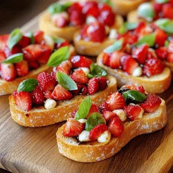 To make Strawberry Basil Bruschetta, gather these key items: - 1 French baguette, sliced into 1/2-inch diagonal pieces - 1 cup fresh strawberries, hulled and diced - 1/4 cup fresh basil leaves, finely chopped - 1 tablespoon balsamic glaze - 1 tablespoon honey - 1 clove garlic, halved - 4 ounces fresh mozzarella, diced - Salt and pepper to taste - Olive oil for drizzling These ingredients blend together to create a sweet and savory bite. The strawberries add a burst of sweetness, while the basil brings a fresh taste. The garlic and balsamic glaze tie everything together with rich flavor. You can swap some ingredients to fit your taste or make it simpler: - Use ciabatta or whole grain bread instead of a French baguette. - For a lower sugar option, skip the honey or use agave syrup. - Try feta cheese instead of mozzarella for a tangy twist. - If you don't have fresh basil, use dried basil, but use less. These changes can still yield a tasty bruschetta while allowing you to use what you have on hand. Selecting the best ingredients will enhance your bruschetta: - Look for strawberries that are bright red, firm, and fragrant. - Choose basil leaves that are vibrant green and free from brown spots. - When picking a baguette, choose one that feels light and sounds hollow when tapped. - Check mozzarella for freshness; it should be soft and moist. Fresh ingredients will make your dish pop with flavor. Always trust your senses when selecting your produce! First, gather your ingredients. You need: - 1 French baguette, sliced - 1 cup fresh strawberries, hulled and diced - 1/4 cup fresh basil leaves, finely chopped - 1 tablespoon balsamic glaze - 1 tablespoon honey - 1 clove garlic, halved - 4 ounces fresh mozzarella, diced - Salt and pepper to taste - Olive oil for drizzling Preheat your oven to 400°F (200°C). This heat gives the bread a nice crunch. In a medium bowl, mix the strawberries, basil, balsamic glaze, honey, and mozzarella. Stir gently. Add salt and pepper according to your taste. Place the baguette slices on a baking sheet. Brush both sides lightly with olive oil. This step helps the bread get crispy. Put the baking sheet in the oven. Toast the bread for about 8-10 minutes. Look for a golden color. The bread should be nice and crisp. Once the bread is toasted, take it out of the oven. Rub the cut side of the garlic clove on each piece. This adds a lovely garlic flavor. Now, take the strawberry basil mixture. Spoon it generously onto each toasted slice. Each bite should be packed with flavor. For an extra touch, drizzle a bit more balsamic glaze and olive oil on top. This step makes the bruschetta even more delicious. Enjoy your fresh appetizer right away! To make your Strawberry Basil Bruschetta look great, focus on color and height. Use a large white plate to show off the vibrant reds and greens. Stack the bruschetta in a tower for a fun look. Add extra strawberries or basil around the plate for a pop of color. A drizzle of balsamic glaze on the plate adds flair. To boost the taste, try adding a pinch of red pepper flakes for heat. You can also mix in some chopped mint for a refreshing twist. If you want a sweeter touch, add a bit more honey. Experiment with different cheeses, like goat cheese or ricotta. Each adds a unique taste that pairs well with strawberries and basil. One mistake is not toasting the bread long enough. Under-toasted bread can be soggy and hard to handle. Also, be careful not to overmix the strawberry mixture. You want the strawberries to stay chunky for texture. Lastly, don't skip the garlic step. Rubbing garlic on the bread adds a great depth of flavor. {{image_2}} You can switch up the fruit in this bruschetta. Try using peaches or mango for a sweet twist. The juicy fruit pairs well with basil. Raspberries add a nice tartness. You can also mix berries for a colorful look. Each fruit brings its unique flavor and keeps it fresh. Want to make it heartier? Add proteins like grilled chicken or shrimp. Diced prosciutto works great too. These proteins add a savory touch to the sweet strawberries. They also make the bruschetta a full meal. Just be sure to balance the flavors. For a vegan twist, skip the mozzarella. Use avocado instead for creaminess. You can also try vegan cheese if you like. The balsamic glaze and honey can be swapped with maple syrup for sweetness. This keeps the dish light and fresh while still being satisfying. To store leftover bruschetta, place it in an airtight container. Keep it in the fridge. It stays fresh for about 2-3 days. The bread may get soggy. To avoid this, store the topping and bread separately. You can layer the topping in the container, too. This way, the flavors will stay fresh. I do not recommend freezing bruschetta. The bread will lose its crispness when thawed. However, you can freeze the strawberry mixture. Use a freezer-safe bag or container. It will last up to 1 month. When ready to use, thaw it in the fridge overnight. This keeps the flavors intact. Reheat the toasted baguette slices in the oven. Set the oven to 350°F (175°C). Place the slices on a baking sheet. Heat them for about 5-7 minutes. This brings back the crispness. Avoid using the microwave, as it makes the bread chewy. Add the topping just before serving for the best taste. You can use balsamic vinegar if you're out of glaze. Mix in a bit of honey to mimic the sweetness. You may also use a fruit-based glaze or a red wine reduction. Each will add unique flavor. Just adjust the amount to fit your taste. Yes, you can prep some parts ahead. Slice the baguette and toast it the day before. Store the toasted slices in a sealed bag. You can also mix the strawberry and basil blend a few hours before serving. Just keep it in the fridge. Avoid adding the mixture to the bread too soon. This keeps the bread crispy. Serve the bruschetta warm for the best taste. Arrange the pieces on a nice platter. Drizzle extra balsamic glaze on top for a pop of color. You can also garnish with whole basil leaves. This adds a fresh look and aroma. Enjoy it as a starter at parties or casual dinners! We explored the key ingredients for bruschetta, along with tasty alternatives. I shared tips for picking fresh ingredients and step-by-step instructions for preparation. You learned presentation ideas and how to enhance flavors while avoiding common mistakes. We also discussed fun variations, storage tips, and answered frequent questions. Remember, great bruschetta comes from using quality items and a bit of creativity. Enjoy making your own!