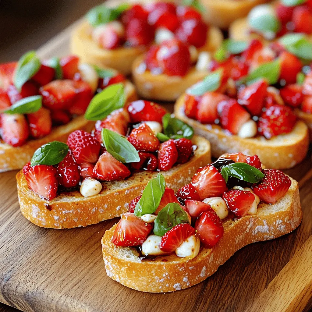 To make Strawberry Basil Bruschetta, gather these key items: - 1 French baguette, sliced into 1/2-inch diagonal pieces - 1 cup fresh strawberries, hulled and diced - 1/4 cup fresh basil leaves, finely chopped - 1 tablespoon balsamic glaze - 1 tablespoon honey - 1 clove garlic, halved - 4 ounces fresh mozzarella, diced - Salt and pepper to taste - Olive oil for drizzling These ingredients blend together to create a sweet and savory bite. The strawberries add a burst of sweetness, while the basil brings a fresh taste. The garlic and balsamic glaze tie everything together with rich flavor. You can swap some ingredients to fit your taste or make it simpler: - Use ciabatta or whole grain bread instead of a French baguette. - For a lower sugar option, skip the honey or use agave syrup. - Try feta cheese instead of mozzarella for a tangy twist. - If you don't have fresh basil, use dried basil, but use less. These changes can still yield a tasty bruschetta while allowing you to use what you have on hand. Selecting the best ingredients will enhance your bruschetta: - Look for strawberries that are bright red, firm, and fragrant. - Choose basil leaves that are vibrant green and free from brown spots. - When picking a baguette, choose one that feels light and sounds hollow when tapped. - Check mozzarella for freshness; it should be soft and moist. Fresh ingredients will make your dish pop with flavor. Always trust your senses when selecting your produce! First, gather your ingredients. You need: - 1 French baguette, sliced - 1 cup fresh strawberries, hulled and diced - 1/4 cup fresh basil leaves, finely chopped - 1 tablespoon balsamic glaze - 1 tablespoon honey - 1 clove garlic, halved - 4 ounces fresh mozzarella, diced - Salt and pepper to taste - Olive oil for drizzling Preheat your oven to 400°F (200°C). This heat gives the bread a nice crunch. In a medium bowl, mix the strawberries, basil, balsamic glaze, honey, and mozzarella. Stir gently. Add salt and pepper according to your taste. Place the baguette slices on a baking sheet. Brush both sides lightly with olive oil. This step helps the bread get crispy. Put the baking sheet in the oven. Toast the bread for about 8-10 minutes. Look for a golden color. The bread should be nice and crisp. Once the bread is toasted, take it out of the oven. Rub the cut side of the garlic clove on each piece. This adds a lovely garlic flavor. Now, take the strawberry basil mixture. Spoon it generously onto each toasted slice. Each bite should be packed with flavor. For an extra touch, drizzle a bit more balsamic glaze and olive oil on top. This step makes the bruschetta even more delicious. Enjoy your fresh appetizer right away! To make your Strawberry Basil Bruschetta look great, focus on color and height. Use a large white plate to show off the vibrant reds and greens. Stack the bruschetta in a tower for a fun look. Add extra strawberries or basil around the plate for a pop of color. A drizzle of balsamic glaze on the plate adds flair. To boost the taste, try adding a pinch of red pepper flakes for heat. You can also mix in some chopped mint for a refreshing twist. If you want a sweeter touch, add a bit more honey. Experiment with different cheeses, like goat cheese or ricotta. Each adds a unique taste that pairs well with strawberries and basil. One mistake is not toasting the bread long enough. Under-toasted bread can be soggy and hard to handle. Also, be careful not to overmix the strawberry mixture. You want the strawberries to stay chunky for texture. Lastly, don't skip the garlic step. Rubbing garlic on the bread adds a great depth of flavor. {{image_2}} You can switch up the fruit in this bruschetta. Try using peaches or mango for a sweet twist. The juicy fruit pairs well with basil. Raspberries add a nice tartness. You can also mix berries for a colorful look. Each fruit brings its unique flavor and keeps it fresh. Want to make it heartier? Add proteins like grilled chicken or shrimp. Diced prosciutto works great too. These proteins add a savory touch to the sweet strawberries. They also make the bruschetta a full meal. Just be sure to balance the flavors. For a vegan twist, skip the mozzarella. Use avocado instead for creaminess. You can also try vegan cheese if you like. The balsamic glaze and honey can be swapped with maple syrup for sweetness. This keeps the dish light and fresh while still being satisfying. To store leftover bruschetta, place it in an airtight container. Keep it in the fridge. It stays fresh for about 2-3 days. The bread may get soggy. To avoid this, store the topping and bread separately. You can layer the topping in the container, too. This way, the flavors will stay fresh. I do not recommend freezing bruschetta. The bread will lose its crispness when thawed. However, you can freeze the strawberry mixture. Use a freezer-safe bag or container. It will last up to 1 month. When ready to use, thaw it in the fridge overnight. This keeps the flavors intact. Reheat the toasted baguette slices in the oven. Set the oven to 350°F (175°C). Place the slices on a baking sheet. Heat them for about 5-7 minutes. This brings back the crispness. Avoid using the microwave, as it makes the bread chewy. Add the topping just before serving for the best taste. You can use balsamic vinegar if you're out of glaze. Mix in a bit of honey to mimic the sweetness. You may also use a fruit-based glaze or a red wine reduction. Each will add unique flavor. Just adjust the amount to fit your taste. Yes, you can prep some parts ahead. Slice the baguette and toast it the day before. Store the toasted slices in a sealed bag. You can also mix the strawberry and basil blend a few hours before serving. Just keep it in the fridge. Avoid adding the mixture to the bread too soon. This keeps the bread crispy. Serve the bruschetta warm for the best taste. Arrange the pieces on a nice platter. Drizzle extra balsamic glaze on top for a pop of color. You can also garnish with whole basil leaves. This adds a fresh look and aroma. Enjoy it as a starter at parties or casual dinners! We explored the key ingredients for bruschetta, along with tasty alternatives. I shared tips for picking fresh ingredients and step-by-step instructions for preparation. You learned presentation ideas and how to enhance flavors while avoiding common mistakes. We also discussed fun variations, storage tips, and answered frequent questions. Remember, great bruschetta comes from using quality items and a bit of creativity. Enjoy making your own!