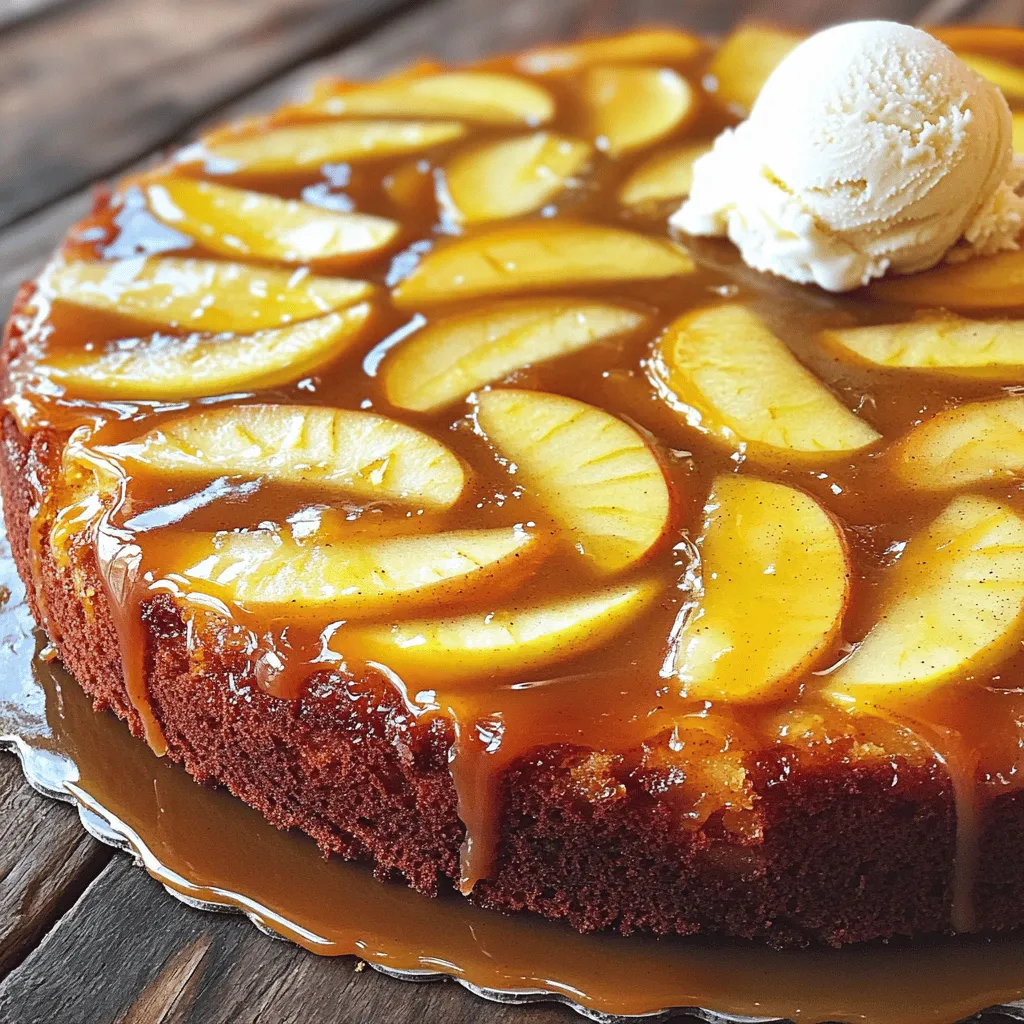 To make this cake, you need the following ingredients: - 4 medium apples (like Granny Smith), peeled, cored, and sliced - 1 cup brown sugar - 1/2 cup unsalted butter (1 stick) - 1 teaspoon vanilla extract - 1/2 teaspoon ground cinnamon - 1 1/2 cups all-purpose flour - 1 teaspoon baking powder - 1/2 teaspoon baking soda - 1/4 teaspoon salt - 1 cup granulated sugar - 2 large eggs - 1/2 cup milk These ingredients create a lovely blend of sweet and tart flavors. You can swap some ingredients if you need to. Here are a few ideas: - Apples: Try Honeycrisp or Fuji for a sweeter taste. - Butter: Use coconut oil for a dairy-free option. - Sugar: You can use coconut sugar instead of brown sugar. - Milk: Almond or oat milk works well for a dairy-free cake. - Flour: Use gluten-free flour for a gluten-free version. These swaps can help you tailor the cake to your needs. Having the right tools makes baking easier. Here’s what I recommend: - 9-inch round cake pan - Medium saucepan - Mixing bowls (one large, one medium) - Whisk for mixing dry ingredients - Electric mixer for creaming butter and sugar - Rubber spatula for folding and spreading batter - Toothpick or cake tester to check for doneness Using these tools will help you create a perfect caramel apple upside-down cake! First, preheat your oven to 350°F (175°C). Grease a 9-inch round cake pan with butter. This helps the cake come out easily. In a medium saucepan, melt 1/2 cup of unsalted butter over medium heat. Once melted, stir in 1 cup of brown sugar and 1 teaspoon of vanilla extract. Cook this mixture for about 2-3 minutes, stirring until it is smooth. You want to see a lovely caramel texture. Pour this caramel into your prepared cake pan, making sure to spread it evenly across the bottom. Next, take 4 medium apples, like Granny Smith, and peel, core, and slice them. Arrange the apple slices on top of the caramel. You can overlap them slightly for a nice look. In a separate bowl, mix 1 1/2 cups of all-purpose flour, 1 teaspoon of baking powder, 1/2 teaspoon of baking soda, 1/2 teaspoon of ground cinnamon, and 1/4 teaspoon of salt. Whisk these dry ingredients well so they combine evenly. Now, let’s make the cake batter. In a large bowl, cream together 1 cup of granulated sugar and the remaining butter until it is light and fluffy. Add 2 large eggs one at a time, mixing well after each. Then, pour in 1/2 cup of milk and mix until everything is combined. Gradually add the dry mixture to the wet mixture. Mix gently until just combined to avoid overmixing. Finally, pour the cake batter over the apples and caramel, spreading it evenly. This will create a delicious layer on top of your apples. To get the right caramel, watch the heat closely. Start by melting the butter in a saucepan. Stir in the brown sugar and vanilla. Cook this mix until it is smooth. This should take about 2-3 minutes. Make sure to stir constantly. If the caramel is too thick, add a small splash of milk to thin it. If it is too runny, cook it a bit longer. For a soft and moist cake, avoid overmixing the batter. Mix until just blended. Add the eggs one at a time. This helps keep the cake light. Use fresh ingredients. Ensure your baking powder and baking soda are not expired. Also, make sure to measure flour carefully. Too much flour can dry out your cake. Serve the cake warm for the best flavor. A scoop of vanilla ice cream pairs perfectly. You can also add a dollop of whipped cream on top. For a festive touch, sprinkle a pinch of cinnamon on the cream. To make it look great, place the cake on a nice plate. Cut into wedges and enjoy! This cake is best served fresh but can keep well for a day. {{image_2}} You can make this cake gluten-free. Use a gluten-free flour blend instead of regular flour. Look for blends that work well in baking. Check the ingredients to ensure they are safe for your needs. This change keeps the cake moist and tasty. Want extra crunch? Add nuts like pecans or walnuts. Chop them finely and sprinkle them over the caramel before adding the apples. For a chewy texture, add dried fruits like raisins or cranberries. Mix them in with the apples. This makes each bite exciting and unique. Spice things up with some flavor choices. Add nutmeg or cardamom for a warm taste. You can also use lemon zest for a fresh zing. If you love a bit of sweetness, try a splash of maple syrup. These simple changes can make your cake stand out and burst with flavor. To keep your cake fresh, store it in an airtight container. Place the cake at room temperature for up to two days. If you want it to last longer, refrigerate it. In the fridge, it stays tasty for about a week. Just remember to cover it well to keep it moist. When you're ready to enjoy leftovers, warm the cake gently. You can use the microwave for this. Heat a slice for about 15-20 seconds. If you prefer the oven, set it to 350°F (175°C). Place the cake on a baking sheet and warm it for about 10 minutes. This method helps keep the caramel gooey and the cake soft. Freezing is great for saving this delicious treat. First, let the cake cool completely. Then, cut it into slices. Wrap each slice in plastic wrap. Place the wrapped slices in a freezer bag. Label the bag with the date. The cake can stay in the freezer for up to three months. When you crave a slice, thaw it in the fridge overnight. Reheat as mentioned above, and enjoy! Yes, you can use many types of apples. Granny Smith apples are tart, which balances the sweet caramel. Honeycrisp apples add a nice crunch. Fuji apples are sweet and juicy. Pick your favorite for a tasty twist. Just remember, firmer apples hold their shape better when baked. To check the cake, insert a toothpick into the center. If it comes out clean, the cake is done. If it has batter on it, bake a few more minutes. The cake should also feel firm to the touch. Keep an eye on it after 40 minutes to avoid overbaking. This cake pairs perfectly with vanilla ice cream or whipped cream. A scoop of ice cream adds creaminess to the warm cake. You can also serve it with a drizzle of caramel sauce for extra sweetness. For a twist, add a sprinkle of cinnamon on top. This article covered how to make a Caramel Apple Upside-Down Cake. We looked at the key ingredients, useful tools, and clear step-by-step instructions. I shared tips for perfect caramel and moist cake. You also learned variations and how to store leftovers. Now, you’re ready to bake this tasty treat. Remember, baking is all about practice and fun. Enjoy the process and share your cake with others. Your friends and family will love this dessert!