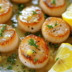 - 1 pound sea scallops, patted dry - 4 tablespoons unsalted butter - 3 cloves garlic, minced - Juice and zest of 1 lemon - 1 tablespoon fresh parsley, chopped - Salt and pepper - Optional herbs for extra flavor - A fresh green salad - Creamy risotto - Steamed asparagus or broccoli The main ingredients for Lemon Garlic Butter Scallops are simple yet key to the dish. Sea scallops are the star. Their sweet and tender meat shines when cooked correctly. Unsalted butter adds a rich flavor and helps achieve a nice sear. Garlic brings aromatic depth, while lemon juice and zest brighten the dish. Fresh parsley adds a touch of color and freshness. For seasoning, salt and pepper are essential. They enhance the natural taste of the scallops. You can also add herbs like thyme or dill for extra flavor. When it comes to serving, consider pairing scallops with a fresh green salad. A creamy risotto balances the dish, while steamed asparagus or broccoli adds a nice crunch. These side dishes complement the scallops well, making your dinner truly delightful. To start, you want to make sure the scallops are dry. This step is very important. Drying helps them sear well. If they are wet, they will steam instead of sear. Use paper towels to pat them dry gently. Next, season the scallops with salt and pepper. This simple step adds flavor. You can also add some herbs if you like. Just a pinch will do! Now let's move to the fun part—cooking! First, melt two tablespoons of butter in a large skillet. Heat it over medium-high heat. You want the butter to foam but not burn. This will take just a minute or two. Once the butter is ready, place the scallops in the skillet. Lay them down gently without overcrowding the pan. Sear them for about two to three minutes. You want a nice golden crust. Don't move them around during this time. After they form that crust, it's time to flip. Gently turn the scallops and cook for another two to three minutes. They should look opaque when done. Remove them from the skillet and place them on a plate. In the same skillet, let's make the sauce! Add the remaining two tablespoons of butter and the minced garlic. Cook this for about 30 seconds. The garlic should smell great but not burn. Next, stir in the lemon juice and zest. Let it cook for another minute. This will create a bright and tasty sauce. Finally, add the seared scallops back into the skillet. Gently toss them in the sauce. This step brings all the flavors together. Now your dish is ready to impress! To get a nice crust on your scallops, control the heat. Start with medium-high heat. This helps the scallops cook evenly. If the pan is too cool, they won’t sear well. Use a cast-iron skillet or a heavy pan for the best results. Avoid overcrowding the pan. Cook the scallops in batches if needed. When too many scallops are in the pan, they steam instead of sear. This means no golden crust. For more depth, try adding herbs. Fresh thyme or dill can boost flavor. A pinch of red pepper flakes adds a nice kick. You can also mix lemon zest into the butter for extra zest. Quality butter matters. Use unsalted butter, as it lets you control salt levels. A high-quality butter will enhance the taste. It makes your sauce rich and creamy. Garnish with chopped parsley for color. Sprinkle it on just before serving. Add lemon wedges on the side. They look bright and fresh, and they add a nice touch. For an aesthetic plate, serve scallops on a bed of greens. Use arugula or spinach for a vibrant look. Drizzle the sauce artfully around the plate. This makes your dish more inviting and appealing. {{image_2}} You can swap scallops for shrimp or fish. Shrimp work well because they cook fast and soak up flavors. Use medium or large shrimp for the best texture. If you prefer fish, choose a firm type like cod or halibut. Cut the fish into thick pieces to keep it moist during cooking. You can add white wine or cream to the sauce. White wine gives a nice tang. Just pour a splash into the pan after cooking the garlic. Let it simmer and reduce before adding the lemon juice. If you want a richer taste, stir in some cream. This creates a velvety sauce that coats your protein. You can also try different citrus flavors. Orange or lime juice can brighten the dish. Zest from these fruits adds a unique twist. Just keep the lemon juice for a base, then mix in your chosen fruit. Grilling is another fun way to prepare scallops or fish. It adds a nice smoky flavor. Brush your protein with oil and season it well. Grill over medium heat for about 2-3 minutes on each side. Pan-searing is quick and easy, giving a nice crust. You can use the same lemon garlic sauce. Each method brings out different tastes and textures. Try both to see which one you like best! To store leftover Lemon Garlic Butter Scallops, follow these steps: - Place scallops in an airtight container. - Add some of the sauce to keep them moist. - Store in the fridge for up to two days. Keeping scallops fresh is key. The sauce will help keep the flavors intact. When you reheat scallops, you want to avoid overcooking them. Here’s how to do it right: - Use a skillet on low heat. - Add a bit of butter or oil for moisture. - Warm them for about two minutes on each side. This method keeps the scallops tender and flavorful. Avoid the microwave, as it can make them rubbery. If you want to freeze cooked scallops, follow these steps for the best results: - First, let the scallops cool completely. - Wrap them tightly in plastic wrap. - Place the wrapped scallops in a freezer-safe bag or container. Frozen scallops can last up to three months. When ready to eat, thaw them in the fridge overnight before reheating. This keeps them tasty and safe. You can tell when scallops are done by looking for a few signs. First, they should turn opaque, changing from a translucent look. Second, they will feel firm to the touch. Lastly, the edges should show a light golden crust. If you see these signs, your scallops are ready to eat! Yes, you can prep some parts ahead of time. You can clean and dry the scallops the day before. Store them in the fridge in an airtight container. However, it is best to cook them fresh for the best taste. The sauce can also be made in advance. Just reheat it gently when ready to serve. Pairing sides with scallops can enhance your meal. Here are some great options: - Light salad with mixed greens - Garlic mashed potatoes - Steamed asparagus or green beans - Rice pilaf with herbs - Quinoa salad with lemon and herbs These sides offer balance to the rich flavor of scallops. Enjoy your meal! This guide covered everything you need for perfect Lemon Garlic Butter Scallops. We discussed main ingredients like scallops and fresh parsley, key cooking steps, and good side dishes. Remember, drying and seasoning your scallops is key. Use quality butter for best flavor and control your cooking temperature. Whether you stick to the basics or try variations, you’ll impress anyone at your table. Enjoy your cooking, and make every meal a memorable one!