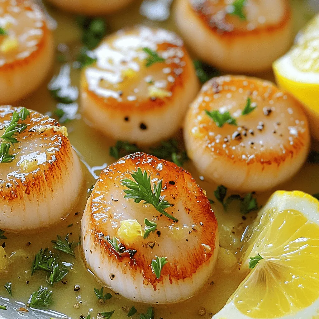 - 1 pound sea scallops, patted dry - 4 tablespoons unsalted butter - 3 cloves garlic, minced - Juice and zest of 1 lemon - 1 tablespoon fresh parsley, chopped - Salt and pepper - Optional herbs for extra flavor - A fresh green salad - Creamy risotto - Steamed asparagus or broccoli The main ingredients for Lemon Garlic Butter Scallops are simple yet key to the dish. Sea scallops are the star. Their sweet and tender meat shines when cooked correctly. Unsalted butter adds a rich flavor and helps achieve a nice sear. Garlic brings aromatic depth, while lemon juice and zest brighten the dish. Fresh parsley adds a touch of color and freshness. For seasoning, salt and pepper are essential. They enhance the natural taste of the scallops. You can also add herbs like thyme or dill for extra flavor. When it comes to serving, consider pairing scallops with a fresh green salad. A creamy risotto balances the dish, while steamed asparagus or broccoli adds a nice crunch. These side dishes complement the scallops well, making your dinner truly delightful. To start, you want to make sure the scallops are dry. This step is very important. Drying helps them sear well. If they are wet, they will steam instead of sear. Use paper towels to pat them dry gently. Next, season the scallops with salt and pepper. This simple step adds flavor. You can also add some herbs if you like. Just a pinch will do! Now let's move to the fun part—cooking! First, melt two tablespoons of butter in a large skillet. Heat it over medium-high heat. You want the butter to foam but not burn. This will take just a minute or two. Once the butter is ready, place the scallops in the skillet. Lay them down gently without overcrowding the pan. Sear them for about two to three minutes. You want a nice golden crust. Don't move them around during this time. After they form that crust, it's time to flip. Gently turn the scallops and cook for another two to three minutes. They should look opaque when done. Remove them from the skillet and place them on a plate. In the same skillet, let's make the sauce! Add the remaining two tablespoons of butter and the minced garlic. Cook this for about 30 seconds. The garlic should smell great but not burn. Next, stir in the lemon juice and zest. Let it cook for another minute. This will create a bright and tasty sauce. Finally, add the seared scallops back into the skillet. Gently toss them in the sauce. This step brings all the flavors together. Now your dish is ready to impress! To get a nice crust on your scallops, control the heat. Start with medium-high heat. This helps the scallops cook evenly. If the pan is too cool, they won’t sear well. Use a cast-iron skillet or a heavy pan for the best results. Avoid overcrowding the pan. Cook the scallops in batches if needed. When too many scallops are in the pan, they steam instead of sear. This means no golden crust. For more depth, try adding herbs. Fresh thyme or dill can boost flavor. A pinch of red pepper flakes adds a nice kick. You can also mix lemon zest into the butter for extra zest. Quality butter matters. Use unsalted butter, as it lets you control salt levels. A high-quality butter will enhance the taste. It makes your sauce rich and creamy. Garnish with chopped parsley for color. Sprinkle it on just before serving. Add lemon wedges on the side. They look bright and fresh, and they add a nice touch. For an aesthetic plate, serve scallops on a bed of greens. Use arugula or spinach for a vibrant look. Drizzle the sauce artfully around the plate. This makes your dish more inviting and appealing. {{image_2}} You can swap scallops for shrimp or fish. Shrimp work well because they cook fast and soak up flavors. Use medium or large shrimp for the best texture. If you prefer fish, choose a firm type like cod or halibut. Cut the fish into thick pieces to keep it moist during cooking. You can add white wine or cream to the sauce. White wine gives a nice tang. Just pour a splash into the pan after cooking the garlic. Let it simmer and reduce before adding the lemon juice. If you want a richer taste, stir in some cream. This creates a velvety sauce that coats your protein. You can also try different citrus flavors. Orange or lime juice can brighten the dish. Zest from these fruits adds a unique twist. Just keep the lemon juice for a base, then mix in your chosen fruit. Grilling is another fun way to prepare scallops or fish. It adds a nice smoky flavor. Brush your protein with oil and season it well. Grill over medium heat for about 2-3 minutes on each side. Pan-searing is quick and easy, giving a nice crust. You can use the same lemon garlic sauce. Each method brings out different tastes and textures. Try both to see which one you like best! To store leftover Lemon Garlic Butter Scallops, follow these steps: - Place scallops in an airtight container. - Add some of the sauce to keep them moist. - Store in the fridge for up to two days. Keeping scallops fresh is key. The sauce will help keep the flavors intact. When you reheat scallops, you want to avoid overcooking them. Here’s how to do it right: - Use a skillet on low heat. - Add a bit of butter or oil for moisture. - Warm them for about two minutes on each side. This method keeps the scallops tender and flavorful. Avoid the microwave, as it can make them rubbery. If you want to freeze cooked scallops, follow these steps for the best results: - First, let the scallops cool completely. - Wrap them tightly in plastic wrap. - Place the wrapped scallops in a freezer-safe bag or container. Frozen scallops can last up to three months. When ready to eat, thaw them in the fridge overnight before reheating. This keeps them tasty and safe. You can tell when scallops are done by looking for a few signs. First, they should turn opaque, changing from a translucent look. Second, they will feel firm to the touch. Lastly, the edges should show a light golden crust. If you see these signs, your scallops are ready to eat! Yes, you can prep some parts ahead of time. You can clean and dry the scallops the day before. Store them in the fridge in an airtight container. However, it is best to cook them fresh for the best taste. The sauce can also be made in advance. Just reheat it gently when ready to serve. Pairing sides with scallops can enhance your meal. Here are some great options: - Light salad with mixed greens - Garlic mashed potatoes - Steamed asparagus or green beans - Rice pilaf with herbs - Quinoa salad with lemon and herbs These sides offer balance to the rich flavor of scallops. Enjoy your meal! This guide covered everything you need for perfect Lemon Garlic Butter Scallops. We discussed main ingredients like scallops and fresh parsley, key cooking steps, and good side dishes. Remember, drying and seasoning your scallops is key. Use quality butter for best flavor and control your cooking temperature. Whether you stick to the basics or try variations, you’ll impress anyone at your table. Enjoy your cooking, and make every meal a memorable one!